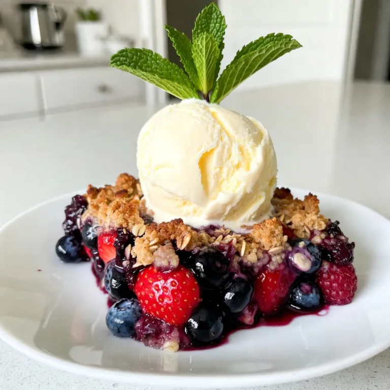 For this Triple Berry Crisp, use fresh strawberries, blueberries, and raspberries. Each berry adds a unique flavor. You need: - 1 cup strawberries, hulled and sliced - 1 cup blueberries, rinsed and drained - 1 cup raspberries, rinsed gently Choose ripe berries for the best taste. Look for bright colors and a firm texture. If fresh berries are not available, you can use frozen ones. Just remember to thaw and drain them well before using. To sweeten your berry mixture, granulated sugar works well. You will need: - ¼ cup granulated sugar Feel free to adjust the sugar based on your taste. If you want a healthier option, try honey or maple syrup. Just keep in mind that these may change the flavor slightly. The topping is crucial for that crispy texture. You will mix together: - 1 cup old-fashioned rolled oats - ½ cup all-purpose flour - ½ cup brown sugar, packed firmly - ½ teaspoon ground cinnamon - ¼ teaspoon salt - 6 tablespoons cold unsalted butter, diced into small cubes This mix creates a crunchy layer on top of the soft berries. The butter helps bind the dry ingredients. Remember to use cold butter to achieve the best texture. {{ingredient_image_2}} First, you must preheat your oven. Set it to 350°F (175°C). This helps the crisp cook evenly. A hot oven makes the topping golden and crunchy. Next, grab a large mixing bowl. Add 1 cup of sliced strawberries, 1 cup of blueberries, and 1 cup of raspberries. Pour in 1 tablespoon of fresh lemon juice and ¼ cup of granulated sugar. Gently toss the berries. Be careful not to mash them. You want them whole and bright. In another bowl, mix 1 cup of rolled oats, ½ cup of all-purpose flour, ½ cup of brown sugar, ½ teaspoon of ground cinnamon, and ¼ teaspoon of salt. Use a whisk to combine these dry ingredients well. Then, add 6 tablespoons of cold diced butter. Use your fingers or a pastry cutter to mix it. You want a coarse, crumbly texture with some bigger butter chunks. Now, take a greased 9-inch square baking dish. Spread the berry mixture evenly on the bottom. Then, sprinkle the crumble topping over the berries. Make sure to cover all the fruit. Place the dish in the oven and bake for 30-35 minutes. Look for a golden-brown topping and bubbling fruit. Once it's done, let it cool for 5-10 minutes before serving. Enjoy this delicious treat! To get the best crumble, use cold butter. Cold butter helps create that nice, crumbly texture. Cut the butter into small cubes. Mix it with your dry ingredients until it looks coarse. Some larger bits of butter are okay. This gives your topping a crunchy bite. Serve the crisp warm. It tastes great on its own or with ice cream. A scoop of vanilla ice cream on top adds creaminess. You can also add a sprig of mint for a fresh touch. For extra sweetness, drizzle honey over each serving. Watch out for over-mixing the crumble. This can make it too dense. Don't skip cooling before serving. This lets the juices set and makes it easier to serve. Lastly, avoid using too much sugar. You want to taste the berries, not just sweetness. Pro Tips Use Fresh Berries: Opt for fresh, ripe berries for the best flavor and texture. Frozen berries can become mushy and watery during baking. Chill the Butter: Ensure your butter is very cold when making the crumble topping. This helps create a flaky texture when baked. Experiment with Spices: Feel free to customize the spices in the crumble. Adding nutmeg or ginger can elevate the flavor profile. Serve with Ice Cream: For an indulgent treat, serve your berry crisp with a scoop of vanilla ice cream or a dollop of whipped cream. {{image_4}} You can mix and match berries to make this crisp your own. Try using blackberries or strawberries with blueberries. You can even use peaches or cherries for a fruity twist. Just keep the total amount of berries around three cups. This way, your crisp stays delicious and balanced. Each berry has its unique taste, so don’t be afraid to experiment! If you need a gluten-free treat, you have options! Swap out the all-purpose flour for almond flour or gluten-free flour blends. Make sure to check the oats too. Look for certified gluten-free oats to avoid cross-contamination. Your crisp will still be tasty and satisfying, just without the gluten! Want some crunch in your crisp? Add nuts or seeds! Chopped walnuts, almonds, or pecans work well. You can also try sunflower seeds or pumpkin seeds. Mix in about half a cup with the oat topping. This adds flavor and texture that makes the dessert even better. Enjoy the added crunch with every bite! Store your leftover Triple Berry Crisp in an airtight container. Place it in the fridge. It will stay fresh for about three days. If you want to keep it longer, consider freezing it. To reheat, preheat your oven to 350°F (175°C). Place the crisp in an oven-safe dish. Bake for about 15 to 20 minutes. Check that it’s warm throughout. You can also microwave individual portions for a quick warm-up. To freeze, let the crisp cool completely. Wrap it tightly in plastic wrap. Then, place it in a freezer-safe bag. It can last up to three months in the freezer. When ready to eat, thaw it in the fridge overnight before reheating. Yes, you can use frozen berries. They work well in this recipe. Just make sure to thaw them first. Drain any excess juice to avoid a soggy crisp. This helps keep the texture nice and crunchy. Using frozen berries is a great option if fresh ones are not available. Triple Berry Crisp lasts about 3 to 4 days when stored in the fridge. Keep it in an airtight container for best results. If you want to keep it longer, you can freeze it. Just make sure it cools completely before wrapping it tightly. You can serve Triple Berry Crisp with a scoop of vanilla ice cream. The cold ice cream pairs perfectly with the warm berries. Whipped cream is another great option. Fresh mint also adds a nice touch for garnish. Enjoy experimenting with different toppings to find your favorite! To wrap up, we explored how to make a tasty Triple Berry Crisp. Fresh berries, sweeteners, and crunchy toppings are key. We walked through steps to prepare and bake the dessert. I shared tips for the best texture and common mistakes to avoid. You can mix berries and try gluten-free options. Remember to store any leftovers properly. Enjoy this easy treat with friends or family, and don’t hesitate to get creative!