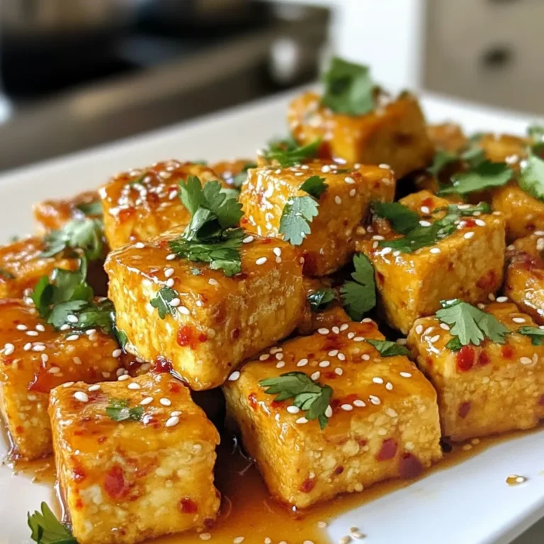 - 1 block (14 oz) firm tofu - 3 tablespoons honey - 2 tablespoons soy sauce - 3 cloves garlic - 1 teaspoon freshly grated ginger - 1 tablespoon sriracha - 1 tablespoon sesame oil - 2 tablespoons cornstarch - 2 tablespoons vegetable oil - Sesame seeds - Fresh cilantro leaves The first step is to gather all your ingredients. You'll need firm tofu as the base. Be sure to press it well to remove excess water. This helps the tofu soak up flavor and become crispy. Next, we have honey, which adds sweetness and depth. Soy sauce gives a savory touch. Garlic and ginger bring a warm, spicy flavor. Sriracha adds heat; adjust it according to your taste. Finally, sesame oil adds a nutty aroma that ties everything together. For the cooking part, cornstarch is crucial. It helps create that delightful crunch when frying. Vegetable oil is used for frying the tofu until golden brown. Don't forget the garnishes! Sesame seeds add a nice crunch, while fresh cilantro gives a pop of color and freshness. These ingredients make your spicy honey garlic tofu bites tasty and visually appealing. {{ingredient_image_2}} - First, slice the tofu into bite-sized cubes. Aim for about 1-inch pieces. This size helps them cook evenly. - Next, make the marinade. In a bowl, whisk together honey, soy sauce, minced garlic, grated ginger, sriracha, and sesame oil. Make sure it’s smooth and mixed well. - Carefully add the tofu cubes to the marinade. Gently toss to coat all sides. Cover the bowl and let it marinate in the fridge for at least 30 minutes. This step is key for flavor! - After marinating, sprinkle cornstarch over the tofu. Toss gently to coat each piece. The cornstarch helps create a crispy texture when frying. - Heat a large non-stick skillet over medium-high heat. Add vegetable oil until it shimmers. Place tofu cubes in a single layer. Fry in batches if needed to avoid overcrowding. - Cook the tofu for about 4-5 minutes on each side. Look for a golden brown and crispy texture. Use a spatula to flip them carefully, so they don’t break. - Once cooked, transfer the crispy tofu bites to a plate lined with paper towels. This helps drain excess oil. - Finally, drizzle any leftover marinade from the pan over the fried tofu. Toss gently to add an extra burst of flavor. Enjoy your spicy honey garlic tofu bites warm! To get crispy tofu, start with pressing it. Pressing removes excess water. This helps the tofu absorb more flavor and become crispier. I usually wrap the tofu in a clean kitchen towel and place something heavy on top for about 15 minutes. Next, cornstarch plays a key role in frying. Sprinkle it over the marinated tofu. The cornstarch forms a nice crust when cooked. It makes a big difference in texture. Adjust the sriracha to match your heat level. If you like it mild, use less. For a spicy kick, add more. Tofu is great because it soaks up flavors well. Always use fresh ingredients for the best taste. Fresh garlic and ginger will boost the dish. They add depth and make it more vibrant. For an elegant display, serve the tofu bites on a nice platter. Drizzle any leftover sauce over them for added flavor. A few extra cilantro leaves on top add color and freshness. Use toothpicks for easy snacking. This makes it fun to eat and great for parties. Enjoy your delicious bites! Pro Tips Uniform Tofu Cubes: Ensure your tofu cubes are cut into uniform sizes for even cooking and consistent texture throughout. Marinate Longer: For a deeper flavor, consider marinating the tofu for longer than 30 minutes, even up to a few hours or overnight if time allows. Adjust Heat Levels: Feel free to adjust the amount of sriracha in the marinade based on your heat preference; more for spicy lovers, less for a milder option. Keep Oil Hot: Make sure the oil is hot enough before adding tofu to achieve that perfect crispy texture; if it’s not hot enough, the tofu may absorb too much oil. {{image_4}} You can switch honey with maple syrup or agave nectar for a vegan option. These substitutes add sweetness without using animal products. They work well in this recipe and keep the flavor balanced. For sauces, try hoisin or teriyaki sauce instead of soy sauce. These sauces add unique tastes and can make the dish more exciting. You can mix them into the marinade for a different flavor twist. Pair these tasty tofu bites with steamed rice or sautéed vegetables. The rice absorbs the sauce and makes a nice base. Vegetables add color and crunch, creating a great plate. You can also include the tofu in wraps or salads. Place the bites in a tortilla with fresh veggies for a quick meal. Toss them into a salad for extra protein and flavor. This way, you make the dish more versatile and enjoyable! To store your spicy honey garlic tofu bites, place any leftovers in an airtight container. Make sure the tofu cools to room temperature first. Keep it in the fridge for up to three days. This will help maintain its flavor and texture. If you want to keep them longer, consider freezing them. However, freezing may change the texture slightly. To reheat your tofu bites and keep them crispy, I recommend using the oven. Preheat the oven to 375°F (190°C). Place the tofu on a baking sheet and heat for about 10-15 minutes. This method helps retain crunchiness. You can also use an air fryer for a shorter time, around 5-7 minutes. Avoid microwaving, as it can make the tofu soggy. Use leftovers within three days for the best taste. To make this recipe vegan, simply replace honey with maple syrup or agave nectar. Both options give a sweet flavor without using animal products. Maple syrup works great and has a rich taste. Agave nectar is lighter and can also work well. Try experimenting with these substitutes to find your preferred sweetness. Yes, you can bake the tofu for a healthier option. Preheat your oven to 400°F (200°C). After marinating the tofu, coat it with cornstarch as usual. Place the tofu cubes on a baking sheet lined with parchment paper. Bake for 25-30 minutes, flipping halfway through. This method gives you crispy tofu without frying. These tofu bites pair well with many sides. Serve them with steamed rice or quinoa for a filling meal. You can add a fresh side salad for crunch. Roasted vegetables work great too, providing color and flavor. For a fun twist, try wrapping them in lettuce leaves for a tasty bite-sized snack. This blog post guides you on making spicy honey garlic tofu. We covered the ingredients and step-by-step instructions for cooking. You learned tips for crispy tofu, flavor enhancements, and presentation ideas. Tofu is versatile and easy to adapt. Feel free to explore variations and serving ideas. With the right tips, you can enjoy tasty and satisfying meals. Enjoy your cooking and have fun experimenting with flavors!