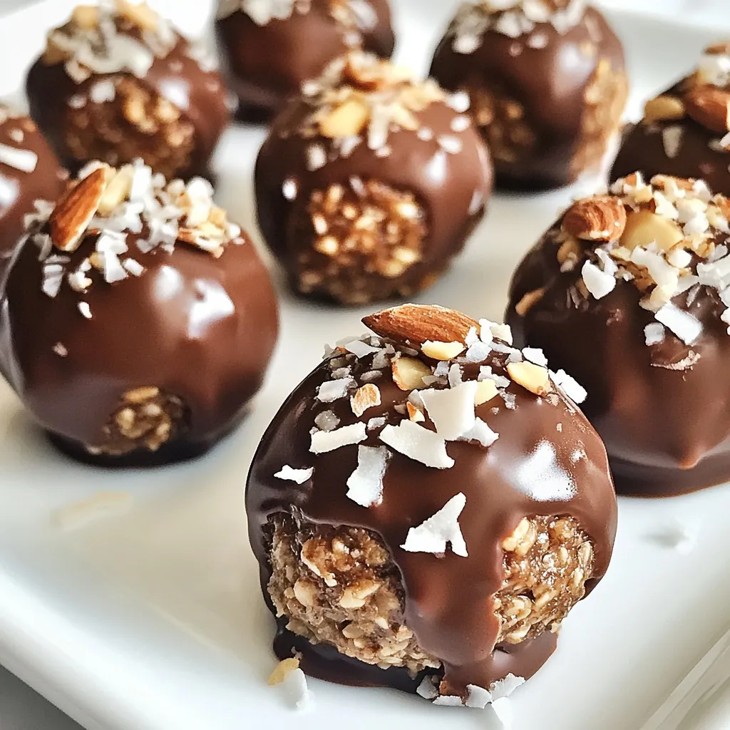To make your Almond Joy Energy Balls, you'll need these simple ingredients: - 1 cup rolled oats - 1/2 cup almond butter - 1/3 cup honey or maple syrup - 1/2 cup unsweetened shredded coconut - 1/2 cup dark chocolate chips - 1/4 cup chopped almonds - 1 teaspoon vanilla extract - Pinch of salt Each ingredient plays an important role. Rolled oats give a hearty texture. Almond butter adds creaminess and protein. Honey or maple syrup brings sweetness and binds the mix. Unsweetened shredded coconut gives that classic coconut flavor. Dark chocolate chips add a rich, sweet touch. Chopped almonds add crunch and extra nutrients. Vanilla extract lifts all the flavors, while a pinch of salt enhances sweetness. These ingredients work together to create a perfect blend of flavors and textures. You can enjoy these energy balls as a snack or treat. They are easy to prepare and full of goodness. Plus, they are a fun way to boost your energy! {{ingredient_image_2}} 1. In a large bowl, combine 1 cup rolled oats, 1/2 cup almond butter, and 1/3 cup honey or maple syrup. Stir well with a spatula until smooth. 2. Next, add 1/2 cup unsweetened shredded coconut, 1/2 cup dark chocolate chips, 1/4 cup chopped almonds, 1 teaspoon vanilla extract, and a pinch of salt. 3. Use your hands to blend everything together. Make sure all ingredients are mixed well. This helps the energy balls hold together. 1. Cover the bowl with plastic wrap. Place it in the fridge for 15 to 30 minutes. Chilling makes the mixture firm and easier to roll. 1. After chilling, scoop out portions with a tablespoon. Roll each portion into a ball using your hands. Aim for about 12 to 15 energy balls, depending on the size. 1. Place the rolled energy balls on a parchment-lined baking sheet. Put them back in the fridge for another 30 minutes. This final chill helps them set firmly, making them perfect for snacking. To keep your Almond Joy Energy Balls fresh, store them in the fridge. They taste best cold. Use an airtight container to prevent them from drying out. You can also freeze them for longer storage. Just place them in a freezer-safe bag. They will last about three months in the freezer. When serving, presentation matters. Arrange the energy balls on a colorful plate. You can add some shredded coconut on top for a nice touch. These energy balls make a great snack for kids and adults. They are perfect for parties or lunch boxes. If you want a vegan option, use maple syrup instead of honey. For nut allergies, you can swap almond butter for sunflower seed butter. Dark chocolate chips can be replaced with dairy-free chocolate or carob chips. These swaps keep the energy balls tasty and safe for everyone. Pro Tips Chill for Better Texture: Allow the mixture to chill long enough before rolling. This helps the energy balls hold their shape better and makes them easier to handle. Customize Your Mix-ins: Feel free to substitute the chopped almonds with other nuts or seeds like walnuts or sunflower seeds for a unique flavor twist. Use Natural Sweeteners: For a healthier option, experiment with natural sweeteners like agave syrup or brown rice syrup in place of honey or maple syrup. Storage Tips: Store the energy balls in an airtight container in the refrigerator for up to a week, or freeze them for longer shelf life. {{image_4}} Oats are a great choice for energy balls. They provide fiber, which helps with digestion. Eating oats can keep you full and satisfied. This helps avoid unhealthy snacks later. Almonds bring healthy fats and protein. They also offer vitamin E, which is good for your skin. Dark chocolate adds a delicious touch and contains antioxidants. These help protect your body from damage. Each serving of Almond Joy Energy Balls has about 150 calories. This comes from the oats, almond butter, honey or maple syrup, and chocolate. Here's a quick breakdown: - Rolled Oats: 30 calories - Almond Butter: 95 calories - Honey or Maple Syrup: 20 calories - Dark Chocolate Chips: 30 calories - Chopped Almonds: 15 calories With these energy balls, you get a tasty treat that fuels your day. Plus, they are easy to make and enjoy! You can easily change the taste of your energy balls. One way is to add spices. A sprinkle of cinnamon gives a warm flavor. Cocoa powder adds a rich chocolate kick. You can also try different nut butters. If you want a twist, use peanut butter or cashew butter. Each nut butter brings its unique taste and texture. This makes your energy balls even more fun! You can mix in extra ingredients for more flavor and nutrition. Dried fruits, like raisins or cranberries, add sweetness and chewiness. Seeds like chia or flaxseed boost the health benefits. They also add a nice crunch. Feel free to get creative! Use what you have at home. The more you experiment, the more exciting your energy balls will be. Almond Joy Energy Balls last about one week in the fridge. Store them in an airtight container. This keeps them fresh and tasty. If you want them to last longer, freeze them. They can stay good in the freezer for up to three months. Yes, you can freeze the energy balls. To freeze, place them in a single layer on a baking sheet. Once frozen, transfer them to a freezer-safe bag or container. When you want to eat them, take out a few and let them thaw in the fridge. They will be ready to enjoy in a couple of hours. If you don't have almond butter, use peanut butter or sunflower seed butter. Both work well and provide a similar creamy texture. You can also try cashew butter for a different flavor. These options keep your energy balls delicious. Yes, these energy balls are great for kids. They are sweet and fun to eat. The oats and nuts provide energy for play. Plus, kids can help make them. Rolling the balls is a fun activity that they will enjoy. You now have a simple guide to make Almond Joy Energy Balls. We covered ingredients, steps, and added tips for variations and storage. These energy balls are tasty and healthy, packed with oats, nuts, and chocolate. They are great for kids and adults alike. Enjoy these snacks on the go or after workouts. Experiment with flavors and keep them fresh in your fridge. Making nutritious treats can be fun and easy!
