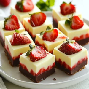 - 1 cup fresh strawberries, hulled and thoroughly dried - 1 cup semi-sweet chocolate chips - 1 can (14 oz) sweetened condensed milk - 2 cups white chocolate chips - 1 teaspoon vanilla extract - A pinch of salt - Additional chopped strawberries (for garnish) - Parchment paper Using precise measurements is key. I always recommend using a kitchen scale for accuracy. Make sure to hull the strawberries well. They need to be dry to help the chocolate stick better. A paper towel works perfectly for this step. Try to avoid any water on them. When measuring the chocolate chips, don&rsquo;t pack them tightly. Just scoop lightly and level off. If you want a richer taste, you can add a bit more chocolate. Remember, the type of chocolate can change the flavor. For the best flavor, use high-quality chocolate chips. I prefer semi-sweet and white chocolate from trusted brands. The sweetened condensed milk should be full-fat for creaminess. Fresh strawberries are a must. Look for ripe ones with bright color. This will add to the taste and look of your fudge. Using good ingredients makes a big difference. It turns a simple recipe into a dessert that everyone loves. {{ingredient_image_2}} Start with fresh strawberries. Rinse them under cool water. Remove the green tops, called hulls. Use a paper towel to dry them well. If the strawberries are wet, the chocolate won't stick. Lay them on the towel, giving them a gentle press. This step is key for great results. Grab a microwave-safe bowl. Add 1 cup of semi-sweet chocolate chips. Pour in half of the sweetened condensed milk. Heat it in the microwave for 30 seconds. Stir it, then heat again for another 30 seconds. Repeat this until the chocolate melts and is smooth. This should take about 1-2 minutes. Line an 8x8 inch baking dish with parchment paper. Let some paper hang over the sides. This helps with easy removal later. Pour half of the melted chocolate into the dish. Spread it evenly with a spatula. Place the hulled strawberries on top, pressing them gently. Next, melt the white chocolate in another bowl. Add the remaining sweetened condensed milk. Heat it like before, stirring until smooth. Pour this over the strawberries, spreading it evenly. Finally, pour the rest of the semi-sweet chocolate on top. Use your spatula to spread it out evenly. Chill the dish in the fridge for 2-3 hours. This lets the fudge set properly. Once firm, lift it out using the parchment paper. Cut it into squares, and add chopped strawberries on top for garnish. Enjoy a beautiful treat! When making chocolate dipped strawberry fudge, avoid these common mistakes: - Wet Strawberries: Always dry your strawberries well. Moisture can make chocolate slide off. - Wrong Temperatures: Don't overheat the chocolate. It can burn and become grainy. - Skipping Layers: Take time to layer correctly. Each layer adds to the taste and look. To melt chocolate smoothly, follow these tips: - Use a microwave-safe bowl. - Heat chocolate in short bursts. Start with 30 seconds, then stir. Repeat until melted. - Stir in a little oil or butter if it looks thick. This helps it stay smooth. - Always mix in vanilla and salt after melting. This enhances the flavor without clumping. To serve your fudge and wow your guests: - Cut it into neat squares. - Arrange them on a nice platter. - Garnish with chopped strawberries and mint leaves for color. - Use colorful cupcake liners for each piece. This makes each one feel special. - Pair with a scoop of vanilla ice cream for a delightful treat! Pro Tips Dry Strawberries Well: Ensure that the strawberries are completely dried after washing. Any moisture can prevent the chocolate from adhering properly. Use Quality Chocolate: For the best flavor and texture, opt for high-quality chocolate chips. This will enhance the overall taste of your fudge. Chill Thoroughly: Allow the fudge to chill for a minimum of 2-3 hours. This ensures that it sets properly and is easy to cut into squares. Garnish Creatively: Elevate the presentation by garnishing with fresh mint leaves or additional chopped strawberries for a pop of color. {{image_4}} You can make your fudge even more fun by adding nuts or other fruits. Chopped nuts like walnuts or pecans add a nice crunch. Add about half a cup and mix them in before you pour the final layer of chocolate. You can also try other fruits. Diced bananas or raspberries can give a new twist. Just remember to adjust the amount of chocolate to keep the right balance. With these additions, you create layers of flavor and texture that everyone will love. If you want a different taste, try using different kinds of chocolate. For a rich flavor, use dark chocolate instead of semi-sweet. You can also use milk chocolate for a sweeter fudge. Just remember that each type of chocolate has a different melting point. So, check the melting time in the microwave. This choice can make your fudge unique and just the way you like it. Making this fudge vegan or dairy-free is easy! Substitute the sweetened condensed milk with coconut cream or a store-bought dairy-free alternative. Use dairy-free chocolate chips for both layers. This way, you can enjoy the same great taste while keeping it plant-based. Your vegan friends will surely appreciate this delicious treat! To keep your chocolate dipped strawberry fudge fresh, store it in an airtight container. Use parchment paper between layers to prevent sticking. Make sure the fudge is fully cooled before sealing. Keep it in a cool, dry place. Avoid exposure to heat or sunlight, as this can cause melting or drying out. When stored properly, chocolate dipped strawberry fudge lasts for about one week at room temperature. If you keep it in the fridge, it can last up to two weeks. The fudge may lose some texture over time, so enjoy it fresh when you can! Freezing fudge is simple and effective. Cut your fudge into squares before freezing for easy access later. Wrap each piece in plastic wrap, then place them in a freezer bag. Be sure to remove as much air as possible. Your fudge will stay good for about three months in the freezer. When you're ready to enjoy, just thaw it in the fridge overnight. You can replace condensed milk with coconut cream or almond milk. Both options work well. Use about the same amount, one can (14 oz). This change alters the taste but keeps the fudge creamy. You may need to adjust sugar to balance sweetness. Experiment with flavors to suit your taste. Yes, you can use frozen strawberries. However, thaw them first. Make sure to dry them well before using. Wet strawberries will cause the chocolate to slide off. The taste still remains delightful, but fresh strawberries add a nice crunch. The best ways to melt chocolate are microwave and double boiler. For the microwave, use short bursts of 30 seconds. Stir after each burst until smooth. For a double boiler, simmer water in a pot. Place a heat-safe bowl over it and stir until melted. Both methods work well and ensure a smooth texture. You learned how to make chocolate dipped strawberry fudge with clear steps and tips. We covered key ingredients and their best qualities. You now know how to avoid common mistakes and impress guests with serving ideas. Consider variations, like using different fruits or chocolate types. Also, storing and freezing practices will keep your fudge fresh. Enjoy making this treat and share it with others. Your skills in the kitchen will surely shine!