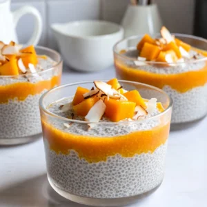 - 1 cup coconut milk (canned or carton) - 1/2 cup almond milk (or any plant-based milk) - 1/4 cup chia seeds - 1 ripe mango, pureed (reserve some chunks for topping) - 2 tablespoons maple syrup or honey (optional) - 1 teaspoon vanilla extract - A pinch of salt - Toasted coconut flakes for garnish Gathering these ingredients sets you up for success. Coconut milk gives a rich flavor. Almond milk adds creaminess without dairy. Chia seeds are tiny but mighty. They thicken the pudding and offer health benefits. Mango brings a sweet, fruity punch. You can use fresh or pureed mango. Maple syrup or honey is optional for extra sweetness. A pinch of salt enhances the flavors. Finally, toasted coconut flakes add texture and a tropical twist. When you combine these ingredients, you create a delightful treat. Enjoy this pudding as a snack, breakfast, or dessert. Each bite is refreshing and satisfying. {{ingredient_image_2}} Start by grabbing a medium mixing bowl. Pour in 1 cup of coconut milk and 1/2 cup of almond milk. Whisk them together until they blend well. Next, add 1 teaspoon of vanilla extract. Whisk again to mix the flavors. Now, it's time for the chia seeds. Sprinkle in 1/4 cup of chia seeds. If you want it sweeter, add 2 tablespoons of maple syrup or honey. Don&rsquo;t forget a pinch of salt. Use a whisk to mix everything until well combined. Take 1 ripe mango and puree it until smooth. Gently fold the mango into your chia mixture. Make sure to keep some mango chunks aside for topping later. This adds a nice texture to your pudding. Cover the bowl tightly with plastic wrap or a lid. Place it in the refrigerator. Let it chill for at least 4 hours, or overnight if you can wait. This step helps the chia seeds absorb the liquid and thicken the pudding. When you&rsquo;re ready to serve, take the pudding out of the fridge. Give it a gentle stir to break any clumps. Spoon the creamy pudding into pretty bowls or glasses. Top each one with the reserved mango chunks. For a fun touch, sprinkle toasted coconut flakes on top for extra flavor and crunch. To get the best texture, ensure the chia seeds mix evenly. Start by adding the chia seeds to the liquid slowly. Stir the mixture well right after adding them. This step helps keep the seeds from clumping. If you notice clumps, stir again after a few minutes. This helps break them apart. The goal is a smooth and creamy pudding without lumps. You can adjust the sweetness to fit your taste. Start with the amount of maple syrup or honey suggested in the recipe. After mixing, taste the pudding. If it needs more sweetness, add a little more syrup or honey. Remember, you can always add more, but you can&rsquo;t take it out. Adjust until it tastes just right for you. For this recipe, use a medium mixing bowl for blending. A whisk works well to combine the liquids and chia seeds. You might also want a spatula for folding in the mango. If you have transparent glasses, use them for serving. They show off the beautiful layers of your pudding. Keep it simple, and enjoy the process! Pro Tips Use Fresh Mango: For the best flavor, choose a ripe, fresh mango. This will enhance the sweetness and overall taste of your pudding. Chill Overnight: For optimal texture, let the pudding set in the refrigerator overnight. This allows the chia seeds to fully absorb the liquid and create a creamy consistency. Experiment with Sweetness: Adjust the amount of maple syrup or honey according to your taste preferences. Some mangoes may be sweeter than others, so taste before adding. Layering for Presentation: For an impressive presentation, layer the mango puree and chia pudding in your serving glasses. This not only looks beautiful but also adds a delightful flavor contrast. {{image_4}} You can switch mango for other fruits. Blueberries, strawberries, or kiwi add fun flavors. Simply puree these fruits just like the mango. You can even mix different fruits for a colorful twist. This way, you can match the pudding to your taste and mood. If you want to avoid coconut and almond milk, try oat milk or soy milk. Both options work well and taste great. They keep the pudding creamy. You can also use cashew milk for a nutty flavor. Experiment with different plant-based milks to find your favorite. For added crunch and flavor, consider toppings like nuts or seeds. Chopped almonds or walnuts add a nice texture. You can also sprinkle pumpkin seeds or sunflower seeds on top. For a sweet touch, try adding more toasted coconut flakes. These toppings enhance the pudding and make it look beautiful. To store your mango coconut chia pudding, use airtight containers. Glass jars work well. They keep the pudding fresh and let you see the layers. You can also use plastic containers. Just make sure they seal tightly. The shelf life of chia pudding is about 4 to 5 days in the fridge. After this time, the pudding may lose its texture. Always check for any unusual smells or changes in color before eating. Can you freeze mango coconut chia pudding? Yes, you can! Freezing is a great way to save extra pudding. Use freezer-safe containers or bags. Leave some space for expansion while it freezes. When it&rsquo;s time to enjoy your pudding, thaw it slowly in the fridge. This keeps the texture nice. Avoid using the microwave, as it can change the pudding&rsquo;s consistency. After thawing, stir well to bring it back to a creamy state. Yes, you can easily make this dish vegan. Just use plant-based milk options. Coconut milk and almond milk are great choices. For sweetening, choose maple syrup instead of honey. All other ingredients are already vegan-friendly. This way, you keep the delicious flavor while staying true to a vegan diet. Chia seeds need about 4 hours to thicken properly. When mixed with liquid, they absorb it and expand. This process creates a gel-like consistency. For the best results, refrigerate overnight. This way, the pudding becomes creamy and thick. You can serve this pudding with many tasty sides. Fresh fruit like berries or sliced bananas pairs well. You might also try yogurt for extra creaminess. Nuts or granola add crunch and flavor. Consider a dollop of whipped cream for indulgence. Each option adds a new twist to your treat. Yes, you can use fresh mango! Just chop it into small pieces. Fold the chunks into the pudding mixture. This gives a nice texture and bright flavor. Save some chunks for topping, too. This adds a fun and fresh touch to your dish. Mango Coconut Chia Pudding blends simple, tasty ingredients. You saw how to mix liquids and chia seeds for a creamy pudding. I shared ideas for fruit swaps and ways to store leftovers. Remember, you can adjust sweetness easily. This pudding is versatile and fun to make. Enjoy it as a fresh treat or a healthy snack. With a little creativity, you can make it yours. Happy pudding making!