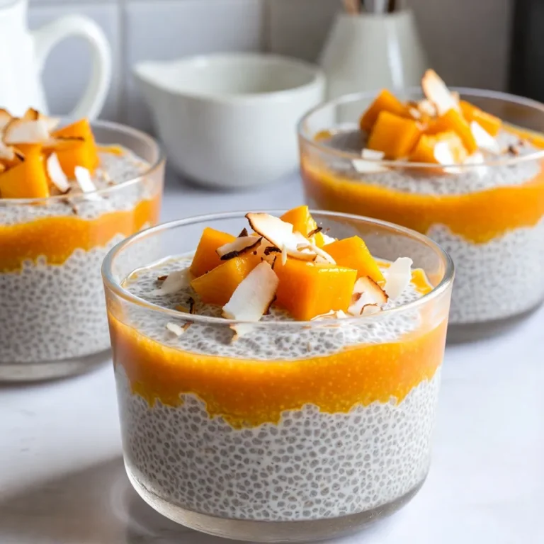 - 1 cup coconut milk (canned or carton) - 1/2 cup almond milk (or any plant-based milk) - 1/4 cup chia seeds - 1 ripe mango, pureed (reserve some chunks for topping) - 2 tablespoons maple syrup or honey (optional) - 1 teaspoon vanilla extract - A pinch of salt - Toasted coconut flakes for garnish Gathering these ingredients sets you up for success. Coconut milk gives a rich flavor. Almond milk adds creaminess without dairy. Chia seeds are tiny but mighty. They thicken the pudding and offer health benefits. Mango brings a sweet, fruity punch. You can use fresh or pureed mango. Maple syrup or honey is optional for extra sweetness. A pinch of salt enhances the flavors. Finally, toasted coconut flakes add texture and a tropical twist. When you combine these ingredients, you create a delightful treat. Enjoy this pudding as a snack, breakfast, or dessert. Each bite is refreshing and satisfying. {{ingredient_image_2}} Start by grabbing a medium mixing bowl. Pour in 1 cup of coconut milk and 1/2 cup of almond milk. Whisk them together until they blend well. Next, add 1 teaspoon of vanilla extract. Whisk again to mix the flavors. Now, it's time for the chia seeds. Sprinkle in 1/4 cup of chia seeds. If you want it sweeter, add 2 tablespoons of maple syrup or honey. Don’t forget a pinch of salt. Use a whisk to mix everything until well combined. Take 1 ripe mango and puree it until smooth. Gently fold the mango into your chia mixture. Make sure to keep some mango chunks aside for topping later. This adds a nice texture to your pudding. Cover the bowl tightly with plastic wrap or a lid. Place it in the refrigerator. Let it chill for at least 4 hours, or overnight if you can wait. This step helps the chia seeds absorb the liquid and thicken the pudding. When you’re ready to serve, take the pudding out of the fridge. Give it a gentle stir to break any clumps. Spoon the creamy pudding into pretty bowls or glasses. Top each one with the reserved mango chunks. For a fun touch, sprinkle toasted coconut flakes on top for extra flavor and crunch. To get the best texture, ensure the chia seeds mix evenly. Start by adding the chia seeds to the liquid slowly. Stir the mixture well right after adding them. This step helps keep the seeds from clumping. If you notice clumps, stir again after a few minutes. This helps break them apart. The goal is a smooth and creamy pudding without lumps. You can adjust the sweetness to fit your taste. Start with the amount of maple syrup or honey suggested in the recipe. After mixing, taste the pudding. If it needs more sweetness, add a little more syrup or honey. Remember, you can always add more, but you can’t take it out. Adjust until it tastes just right for you. For this recipe, use a medium mixing bowl for blending. A whisk works well to combine the liquids and chia seeds. You might also want a spatula for folding in the mango. If you have transparent glasses, use them for serving. They show off the beautiful layers of your pudding. Keep it simple, and enjoy the process! Pro Tips Use Fresh Mango: For the best flavor, choose a ripe, fresh mango. This will enhance the sweetness and overall taste of your pudding. Chill Overnight: For optimal texture, let the pudding set in the refrigerator overnight. This allows the chia seeds to fully absorb the liquid and create a creamy consistency. Experiment with Sweetness: Adjust the amount of maple syrup or honey according to your taste preferences. Some mangoes may be sweeter than others, so taste before adding. Layering for Presentation: For an impressive presentation, layer the mango puree and chia pudding in your serving glasses. This not only looks beautiful but also adds a delightful flavor contrast. {{image_4}} You can switch mango for other fruits. Blueberries, strawberries, or kiwi add fun flavors. Simply puree these fruits just like the mango. You can even mix different fruits for a colorful twist. This way, you can match the pudding to your taste and mood. If you want to avoid coconut and almond milk, try oat milk or soy milk. Both options work well and taste great. They keep the pudding creamy. You can also use cashew milk for a nutty flavor. Experiment with different plant-based milks to find your favorite. For added crunch and flavor, consider toppings like nuts or seeds. Chopped almonds or walnuts add a nice texture. You can also sprinkle pumpkin seeds or sunflower seeds on top. For a sweet touch, try adding more toasted coconut flakes. These toppings enhance the pudding and make it look beautiful. To store your mango coconut chia pudding, use airtight containers. Glass jars work well. They keep the pudding fresh and let you see the layers. You can also use plastic containers. Just make sure they seal tightly. The shelf life of chia pudding is about 4 to 5 days in the fridge. After this time, the pudding may lose its texture. Always check for any unusual smells or changes in color before eating. Can you freeze mango coconut chia pudding? Yes, you can! Freezing is a great way to save extra pudding. Use freezer-safe containers or bags. Leave some space for expansion while it freezes. When it’s time to enjoy your pudding, thaw it slowly in the fridge. This keeps the texture nice. Avoid using the microwave, as it can change the pudding’s consistency. After thawing, stir well to bring it back to a creamy state. Yes, you can easily make this dish vegan. Just use plant-based milk options. Coconut milk and almond milk are great choices. For sweetening, choose maple syrup instead of honey. All other ingredients are already vegan-friendly. This way, you keep the delicious flavor while staying true to a vegan diet. Chia seeds need about 4 hours to thicken properly. When mixed with liquid, they absorb it and expand. This process creates a gel-like consistency. For the best results, refrigerate overnight. This way, the pudding becomes creamy and thick. You can serve this pudding with many tasty sides. Fresh fruit like berries or sliced bananas pairs well. You might also try yogurt for extra creaminess. Nuts or granola add crunch and flavor. Consider a dollop of whipped cream for indulgence. Each option adds a new twist to your treat. Yes, you can use fresh mango! Just chop it into small pieces. Fold the chunks into the pudding mixture. This gives a nice texture and bright flavor. Save some chunks for topping, too. This adds a fun and fresh touch to your dish. Mango Coconut Chia Pudding blends simple, tasty ingredients. You saw how to mix liquids and chia seeds for a creamy pudding. I shared ideas for fruit swaps and ways to store leftovers. Remember, you can adjust sweetness easily. This pudding is versatile and fun to make. Enjoy it as a fresh treat or a healthy snack. With a little creativity, you can make it yours. Happy pudding making!