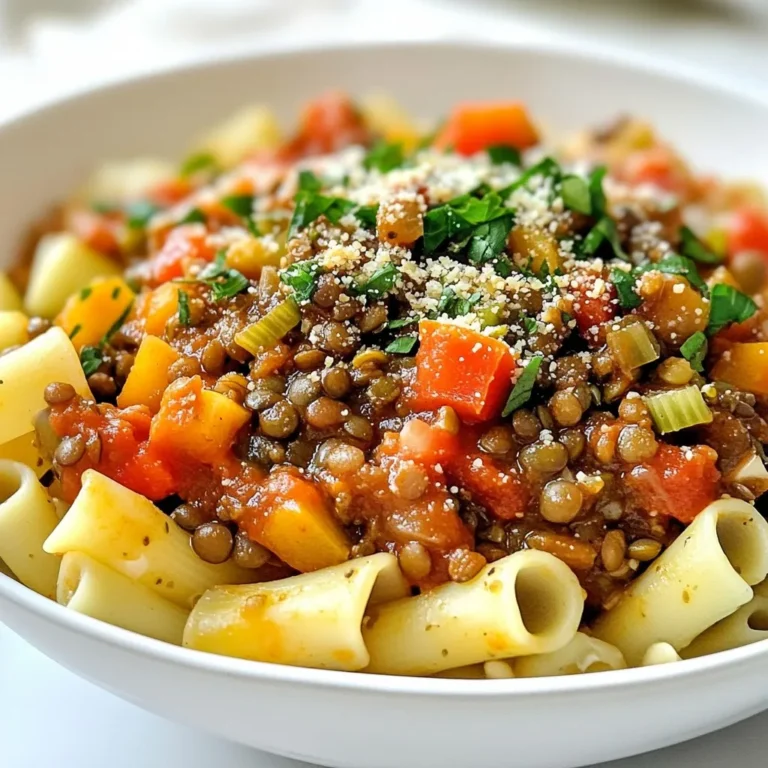 - 1 cup green or brown lentils - 1 large onion - 2 cloves of garlic - 2 medium-sized carrots - 2 celery stalks - 1 can crushed tomatoes - Dried herbs: oregano and basil In this Vegan Lentil Bolognese, the main components are simple yet vital. The lentils serve as the hearty base. I love using green or brown lentils because they hold their shape well during cooking. A large onion adds sweetness and depth. The garlic gives a lovely aroma and flavor. The vegetables add color and nutrition. Carrots bring a sweet crunch, while celery adds a nice bite. Together, they make the sauce more flavorful and satisfying. For flavor, crushed tomatoes are a must. They provide a rich, tangy base for the sauce. I prefer San Marzano tomatoes for their sweet taste. Dried oregano and basil enhance the dish with warm, herby notes. These simple ingredients combine beautifully to create a savory and satisfying meal. {{ingredient_image_2}} To start, heat two tablespoons of extra virgin olive oil in a large pot over medium heat. Add one finely diced onion, two diced carrots, and two diced celery stalks. Sauté the mix for 5 to 7 minutes. You want the veggies to soften and the onion to turn translucent. Next, add two minced garlic cloves and stir for one more minute. You should smell the garlic's lovely aroma. This is the base of your sauce. Now, mix in one cup of rinsed lentils, one can of crushed tomatoes, one tablespoon of tomato paste, and two cups of vegetable broth. Also, add one teaspoon of dried oregano, one teaspoon of dried basil, and optional red pepper flakes. Bring everything to a rolling boil. Once the sauce boils, reduce the heat to low. Cover the pot with a lid and let it simmer for 25 to 30 minutes. Stir it occasionally. You want the lentils to be tender but not mushy. If the sauce looks dry, add a splash of vegetable broth. After the lentils cook, taste the sauce. Season it with salt and freshly cracked black pepper as needed. If you prefer a thicker sauce, uncover the pot. Let it simmer for an extra 5 to 10 minutes. To serve, place the lentil Bolognese over your choice of cooked pasta. You can use spaghetti, penne, or even zucchini noodles. Garnish the dish with freshly chopped basil or parsley. This adds a pop of color and fresh flavor. For a special touch, serve it in a rustic bowl. Sprinkle some nutritional yeast on top for a cheesy flavor. A drizzle of quality olive oil gives it a nice shine. Enjoy it with some freshly baked bread on the side! - Ensuring lentils are tender: Start with rinsed lentils. Use green or brown lentils, as they hold their shape well. After simmering for 25-30 minutes, check for doneness. They should be soft but not mushy. If they need more time, let them cook a bit longer. - Avoiding a watery sauce: To keep your sauce thick, watch the liquid levels. If it looks too dry, add a little vegetable broth. For a thicker sauce, let it simmer uncovered for the last 5-10 minutes. This helps the sauce reduce and intensify in flavor. - Adjusting seasonings to taste: Everyone has different taste buds. Start with the recipe's seasoning amounts, then taste as you go. Add more salt, pepper, or dried herbs to fit your liking. You can also add a splash of lemon juice for brightness. - Best oils for richness: Use extra virgin olive oil for the best flavor. It adds a wonderful richness to the sauce. You can also try a drizzle of walnut or avocado oil for a unique twist. - Ideal serving dishes and garnishes: Serve your lentil Bolognese in a rustic bowl. This adds a cozy touch. Top it with freshly chopped basil or parsley for color. A sprinkle of nutritional yeast gives a cheesy flavor and looks great too. - Complementing sides: Pair this dish with freshly baked bread or a simple green salad. The bread is perfect for soaking up any extra sauce. Enjoy with a light, crisp side to balance the meal. Pro Tips Choose the Right Lentils: Green or brown lentils work best for this recipe as they hold their shape well during cooking, providing a hearty texture. Enhance the Flavor: For an extra depth of flavor, consider adding a splash of red wine or balsamic vinegar during cooking. Customize Your Pasta: Feel free to experiment with different pasta shapes or even spiralized vegetables like zucchini for a gluten-free option. Make it Ahead: This lentil Bolognese can be made in advance and stored in the fridge for up to three days or frozen for longer storage, making it perfect for meal prep. {{image_4}} You can change the type of lentils in this recipe. Green or brown lentils work well. Black lentils add a nice bite. You can also mix in mushrooms or spinach. Mushrooms give a hearty flavor. Spinach adds a touch of freshness and color. To boost the taste, try adding vegan red wine or balsamic vinegar. These add depth and sweetness. You can also play with spices. A pinch of smoked paprika or thyme can make a big difference. Adjust the heat with more red pepper flakes if you like it spicy. For gluten-free options, use pasta made from brown rice or chickpeas. You can also serve your bolognese over zucchini noodles. Zucchini noodles are light and add a fresh crunch. This makes the meal even more healthy and fun! To store your lentil Bolognese, let it cool at room temperature. Then, place it in an airtight container. Store it in the fridge for up to five days. Glass or plastic containers with lids work best. Make sure they are clean and dry before use. You can freeze lentil Bolognese for later. Pour the cooled sauce into a freezer-safe bag or container. Remove as much air as possible to prevent freezer burn. It will last for up to three months. When ready to eat, thaw it overnight in the fridge. Reheat on the stove over low heat, adding a splash of water or broth if needed. In the fridge, your lentil Bolognese can last about five days. If you notice an off smell or mold, it’s time to throw it away. Always trust your senses. If it looks or smells odd, do not eat it. Can I make this dish in advance? Yes, you can make this dish ahead of time. Vegan lentil Bolognese tastes even better after resting. Just store it in the fridge for up to three days. Reheat it on the stove over low heat. What types of pasta work best? This sauce pairs well with many pasta types. Spaghetti and penne are classic choices. Zucchini noodles are a great low-carb option. Choose what you love most! Is this recipe healthy? Absolutely! This lentil Bolognese is packed with protein and fiber. Lentils are nutrient-rich and good for digestion. Plus, the vegetables add vitamins and minerals. How many calories does it contain? One serving has about 300-350 calories. This makes it a filling yet light meal. You can adjust the recipe for fewer calories by using less oil and pasta. Is it gluten-free or soy-free? The lentil Bolognese itself is gluten-free and soy-free. To keep it gluten-free, use gluten-free pasta. Always check labels for any hidden gluten. Tips for customizing to specific diets For a low-carb option, skip the pasta and serve over roasted veggies. If you're looking for more protein, add chickpeas or tempeh. You can also switch herbs based on your taste. This blog post covered the key ingredients and steps for making a delicious lentil dish. We explored the main components, important vegetables, and how to enhance flavors. You learned preparation, cooking, and serving tips to make your meal tasty. We also discussed variations, storage info, and common questions. In conclusion, with these recipes and tips, you can easily create a flavorful, healthy meal. Enjoy your cooking journey and savor every bite!