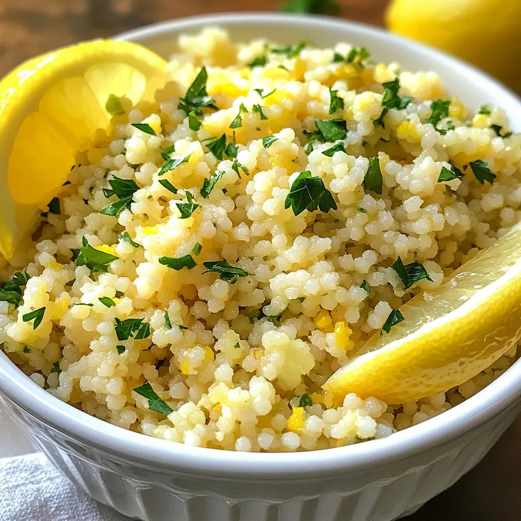 To make Lemon Herb Couscous, you need just a few simple items. Here is what you will need: - 1 cup couscous - 1 1/4 cups vegetable broth - 1 tablespoon extra virgin olive oil - 1 teaspoon freshly grated lemon zest - 2 tablespoons freshly squeezed lemon juice - 1/4 cup fresh parsley, finely chopped - 1/4 cup fresh mint, finely chopped - 1/2 teaspoon garlic powder - Salt and freshly cracked pepper to taste - Lemon wedges, for garnish These ingredients blend well to create a bright, zesty dish. Couscous acts as the base, soaking up the flavors around it. You can add extra elements to elevate your couscous dish. Here are some tasty options: - Crumbled feta cheese for a creamy texture - Chopped olives for a briny bite - Toasted pine nuts for added crunch - Cherry tomatoes for a pop of color and sweetness These garnishes not only add flavor but make the dish look appealing. Fresh herbs make a big difference in flavor. Here are some tips to choose the best ones: - Look for vibrant green leaves without brown spots. - Choose herbs that feel firm and fresh. - Smell the herbs to ensure they have a strong aroma. - Buy herbs from local markets for the freshest options. Using fresh parsley and mint will provide a bright and fresh taste to your couscous. Enjoy your cooking! {{ingredient_image_2}} To start, heat 1 1/4 cups of vegetable broth in a medium pot. Bring it to a boil over medium-high heat. This step is crucial as it adds great flavor to the couscous. Once the broth bubbles vigorously, take the pot off the heat. This keeps the broth hot, which is key for cooking the couscous. Next, stir in 1 cup of couscous. Make sure the couscous is fully covered by the broth. After mixing, cover the pot with a tight lid. Let it sit for about 5 minutes. This allows the couscous to soak up the broth. After 5 minutes, use a fork to fluff the couscous gently. This gives it a light and airy texture. In a separate bowl, mix 1 tablespoon of extra virgin olive oil, 1 teaspoon of lemon zest, and 2 tablespoons of lemon juice. Add 1/2 teaspoon of garlic powder, plus a pinch of salt and pepper. Whisk these ingredients together until smooth. This dressing will give the couscous a zesty kick. Drizzle it over the fluffed couscous and toss gently. Finally, fold in 1/4 cup each of chopped parsley and mint. This adds freshness and flavor to every bite. Serve the couscous warm, with lemon wedges for extra zing. To get light and fluffy couscous, always use the right liquid ratio. For every cup of couscous, use 1.25 cups of broth. This gives enough moisture for perfect grains. After boiling the broth, stir in the couscous quickly. Cover it tightly and let it sit for five minutes. This resting time lets the couscous absorb the broth fully. Fluff it gently with a fork after that. Avoid stirring too hard; you don’t want mushy couscous. Fresh herbs make a big difference in flavor. Use parsley and mint for a bright taste. Chop them finely to release their oils and flavor. Add them just before serving. This keeps their color vibrant and fresh. You can also experiment with other herbs like basil or cilantro. Just keep the balance in mind. Too many herbs can overpower the lemon flavor. Serving is key for a delightful dish. Use a large bowl for an inviting look. Create a well in the center and place lemon wedges there. This adds a pop of color and makes it easy to add more lemon. A sprinkle of extra herbs on top makes it look fancy. For a fun touch, serve with colorful plates that match the dish’s brightness. Pro Tips Perfectly Fluffed Couscous: To achieve the ideal fluffy texture, make sure to fluff the couscous with a fork right after it has absorbed the broth. This prevents clumping and ensures each grain is separate. Herb Variations: Feel free to experiment with different herbs like basil or cilantro, depending on your preference. Each herb brings a unique flavor that can elevate your dish. Serving Suggestions: This couscous pairs beautifully with grilled vegetables, chicken, or fish. Consider serving it as a side dish for a well-rounded meal. Make Ahead: You can prepare the couscous ahead of time and store it in the refrigerator. Just reheat gently and add the dressing and herbs before serving for a quick and easy meal. {{image_4}} You can add protein to make this dish heartier. Grilled chicken, shrimp, or chickpeas work well. Simply cook the protein separately and mix it in before serving. For chicken, season it with salt, pepper, and lemon juice. For shrimp, a quick sauté with garlic adds great flavor. Want to change the taste? Consider adding spices. Cumin and coriander give a warm flavor. Paprika or chili flakes can add heat. You can also swap the lemon with lime for a different citrus kick. Experiment and find what you enjoy the most! For a vegan version, just stick with vegetable broth. Use quinoa instead of couscous for a gluten-free option. Quinoa cooks similarly and complements the dish well. You can also add beans for extra protein and fiber. Both options keep the dish fresh and tasty. To store leftover couscous, first let it cool down. Place it in an airtight container. This keeps it fresh and prevents it from drying out. Couscous can stay in the fridge for up to five days. Make sure to label the container with the date. This way, you can keep track of how long it has been stored. When reheating couscous, you want to keep it moist. Add a splash of water or broth to the couscous. Microwave it in short bursts, about 30 seconds each time. Stir it every time you check. This helps it heat evenly. You can also reheat it on the stove. Just add a bit of broth in a pan over low heat. Stir until it warms through. You can freeze couscous for later use. Start by letting it cool completely. Then, portion it into freezer-safe bags or containers. Squeeze out as much air as you can before sealing. Couscous can last up to three months in the freezer. When you are ready to use it, thaw it overnight in the fridge. Then reheat it as described above. This keeps your couscous tasty and fresh for future meals. Couscous comes from semolina wheat. It is tiny granules made from durum wheat. The granules are steamed and dried. This process gives couscous its light and fluffy texture. You can find couscous in many dishes worldwide. It's versatile and easy to cook, making it a great choice for meals. Yes, you can use other types of broth. Chicken broth and beef broth work well. You can also use water if you prefer. Just remember to add extra seasonings if you use water. This helps give your dish more flavor. Vegetable broth is a great choice for a vegetarian option. Couscous cooks very quickly. Generally, it takes about 5 minutes. After boiling the broth, you add the couscous and cover it. Let it sit for 5 minutes to absorb the broth. After that, fluff it with a fork. You’ll have light and tasty couscous ready to serve. If you don't have parsley and mint, there are other options. You can use basil for a sweet flavor. Cilantro adds a fresh taste. Chives or green onions can also work well. Each herb will change the flavor a bit but can still be delicious. Experiment with what you like best! Lemon Herb Couscous is easy to make and full of flavor. We covered the main ingredients, plus optional garnishes and tips for choosing fresh herbs. The step-by-step guide made cooking simple, from preparing broth to making a zesty dressing. With tips on texture, flavor, and presentation, your dish will impress. We also explored tasty variations, storage tips, and answered common questions. Enjoying this dish is fun, and it's great for any meal. Now, you can make Lemon Herb Couscous like a pro!
