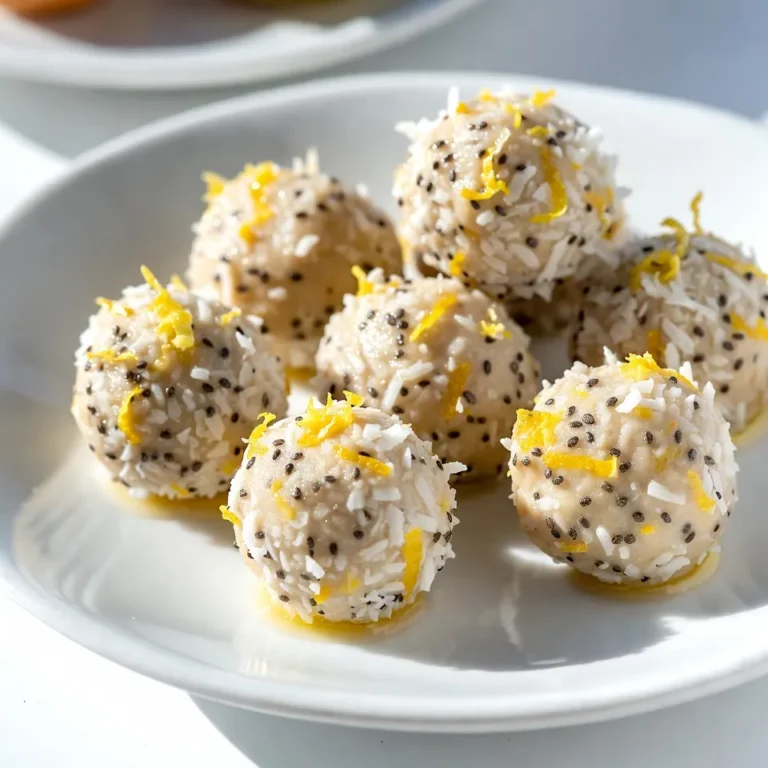 To make Lemon Coconut Energy Balls, gather these simple ingredients: - 1 cup rolled oats - 1/2 cup unsweetened shredded coconut - 1/2 cup almond butter (or any nut butter of your choice) - 1/4 cup honey or maple syrup - Zest of 1 lemon - 2 tablespoons freshly squeezed lemon juice - 1 tablespoon chia seeds - 1/2 teaspoon pure vanilla extract - Pinch of salt - Extra shredded coconut for coating (optional) You can swap out some ingredients for varied flavors or dietary needs: - Use peanut butter or sun butter instead of almond butter. - Maple syrup can replace honey for a vegan option. - For gluten-free oats, choose certified gluten-free rolled oats. - You can add a tablespoon of flaxseeds as a substitute for chia seeds. Each ingredient in these energy balls brings unique health perks: - Rolled oats: These provide fiber and help keep you full. - Unsweetened shredded coconut: This adds healthy fats and boosts energy. - Almond butter: Packed with protein, it supports muscle health. - Honey or maple syrup: Natural sweeteners give quick energy. - Lemon zest and juice: They add vitamin C and fresh flavor. - Chia seeds: These are high in omega-3 fatty acids and fiber. - Vanilla extract: This enhances taste and may improve mood. - Salt: A pinch balances flavors and helps hydration. - Extra shredded coconut: This optional coating adds crunch and flavor. These ingredients not only taste great but also fuel your body! {{ingredient_image_2}} Start by gathering all your ingredients. You will need rolled oats, shredded coconut, almond butter, honey, lemon zest, lemon juice, chia seeds, vanilla extract, and a pinch of salt. In a large bowl, add each ingredient. Mix the ingredients well using a spatula or your hands. The mixture should feel sticky but form a ball easily. If it’s too dry, add more almond butter or honey. If it’s too wet, add a little more oats. This step is key for the best texture. After mixing, cover the bowl with plastic wrap. Place it in the refrigerator for about 30 minutes. Chilling helps the mixture set, making it easier to shape. Once chilled, scoop out tablespoon-sized portions. Roll each portion between your palms to form small balls. The energy balls should be firm but not hard. This is where you create those perfect bite-sized snacks. If you want to add a twist, coat your energy balls in extra shredded coconut. This adds flavor and a fun texture. Simply roll each ball in the coconut until fully covered. Once coated, place the energy balls on a tray lined with parchment paper. This keeps them from sticking. Enjoy your tasty, healthy snack any time you need a boost! To get the right texture for your Lemon Coconut Energy Balls, start with the base ingredients. Mix rolled oats, shredded coconut, almond butter, and sweetener well. It should feel sticky but hold together nicely. If it's too dry, add more almond butter or honey. If it's too wet, add a bit more oats. This balance is key. These energy balls make a great snack anytime! You can serve them on a platter at parties or just enjoy them on the go. Try pairing them with fresh fruit or a warm cup of tea for a cozy treat. The bright lemon flavor pairs well with many drinks. Meal prep can save time. Make a big batch of these energy balls on a Sunday. Store them in an airtight container in the fridge. They stay fresh for up to a week. You can also freeze them for longer storage. Just take out what you need, and they’re ready to enjoy! Pro Tips Chill for Best Texture: Allow the mixture to chill for at least 30 minutes. This helps the ingredients bind together and makes it easier to roll into balls. Experiment with Flavors: Feel free to add other ingredients like nuts, seeds, or dried fruits to customize the flavor and nutrition of your energy balls. Use Fresh Ingredients: For the best flavor, use fresh lemon juice and zest. This will enhance the zesty profile of your energy balls. Perfect Storage: Store the energy balls in an airtight container in the fridge. They will stay fresh for up to a week, making them a convenient snack option. {{image_4}} You can easily switch up the taste of your energy balls. For a chocolate twist, add 2 tablespoons of cocoa powder to the mix. You can also fold in mini chocolate chips for extra sweetness. If you love nuts, try adding chopped almonds or walnuts for crunch. This recipe is flexible for different diets. To make it vegan, just use maple syrup instead of honey. Most nut butters are vegan, so feel free to use your favorite. For gluten-free options, ensure your oats are certified gluten-free. This way, anyone can enjoy these tasty bites without worry. You can change the flavors based on the season. In spring, add fresh berries like blueberries or strawberries. In fall, swap lemon zest for orange zest and toss in some pumpkin spice. These small changes can keep your energy balls fresh and exciting all year round! To keep your Lemon Coconut Energy Balls fresh, store them in an airtight container. Place the container in the refrigerator. This will help maintain their taste and texture. You can also use a glass jar with a tight lid. Keep them away from moisture to avoid sogginess. If you want to save some energy balls for later, freezing is a great option. First, place the energy balls on a tray lined with parchment paper. Make sure they are not touching each other. Freeze them for about an hour. Once they are firm, transfer them to a freezer-safe bag. Label the bag with the date for easy tracking. In the refrigerator, your energy balls will stay fresh for up to one week. If you freeze them, they can last for about three months. Just remember to thaw them in the fridge overnight before you enjoy them. This way, they will be ready for a quick snack whenever you need an energy boost! To make these energy balls healthier, you can swap a few ingredients. Use less sweetener like honey or maple syrup. You can also replace nut butter with a lower-calorie option like sunflower seed butter. Add more chia seeds or even flaxseeds for extra fiber and omega-3s. Using whole oats instead of processed oats will also boost nutrition. Yes, you can use different sweeteners. If you prefer something with less sugar, try stevia or monk fruit. These options can keep the energy balls sweet without adding extra calories. Just be sure to adjust the amount since they can be sweeter than honey. You can also use agave syrup or coconut sugar for a different flavor profile. The best time to eat energy balls is whenever you need a quick energy boost. They make a great snack before a workout or during a mid-afternoon slump. You can also enjoy them as a sweet treat after meals. They are perfect for busy days, road trips, or as a healthy dessert. This blog post shared a clear guide on making energy balls. We covered the ingredients, from full lists to substitutions and their health benefits. I detailed the mixing and shaping steps, with tips for perfect consistency and meal prep. We discussed flavor variations and how to store them properly. In closing, energy balls are a fun and healthy snack option. With these steps, you can enjoy them your way. Keep experimenting with flavors and ingredients to find your favorite mix!