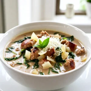 - 1 lb Italian sausage - 1 medium onion, finely diced - 3 cloves garlic, minced - 1 medium carrot, peeled and diced - 2 stalks celery, diced - 4 cups chicken broth (preferably low sodium) - 1 can (14 oz) diced tomatoes with juices I love the heartiness of Italian sausage. It gives the soup a rich flavor. I use one pound of sausage and remove the casing. It cooks up nicely and adds great taste. I also add fresh vegetables, like onion, carrot, celery, and garlic. These veggies bring color and sweetness to the soup. I like to use low-sodium chicken broth for a clean base. The diced tomatoes add a touch of acidity and depth. - 1 cup heavy cream - 1 teaspoon dried oregano - 1 teaspoon dried basil - Salt and pepper, to taste For creaminess, I pour in one cup of heavy cream. It makes the soup velvety smooth. I add dried oregano and basil for that classic Italian taste. As I cook, I always taste and adjust salt and pepper to my liking. - Grated Parmesan cheese - Fresh basil leaves To serve, I sprinkle grated Parmesan cheese on top. It adds a salty kick and looks great. Fresh basil leaves add color and a burst of flavor. They make the soup not just tasty but also pretty! {{ingredient_image_2}} Start by heating olive oil in a large pot over medium heat. Once the oil is hot, add the diced onion, carrot, and celery. Saut&eacute; these veggies for about 5-7 minutes. Stir them often until they become tender and the onion is clear. Then, add the minced garlic to the pot. Keep stirring for one more minute. The garlic should smell great and turn a light gold. Next, take your Italian sausage and remove the casing. Break the sausage into smaller pieces using a wooden spoon. Add it to the pot and cook for about 8-10 minutes. Stir often until the sausage is brown and fully cooked. This step adds a lot of flavor to your soup. Now, pour in the canned diced tomatoes along with their juices. Add the chicken broth, dried oregano, and dried basil. Season with a good pinch of salt and pepper. Stir everything well to mix. Raise the heat to bring the soup to a boil, then reduce it to a gentle simmer. Let the soup cook for about 10-15 minutes. This helps the flavors blend nicely. After simmering, add the chopped spinach to the pot. Cook for another 2-3 minutes until the spinach is wilted and bright green. Slowly pour in the heavy cream while stirring. Let the soup heat for another 2-3 minutes. Taste it and adjust the salt and pepper if needed. When ready, serve the soup in bowls. Top each bowl with grated Parmesan cheese. Add fresh basil leaves for a pop of color and flavor. To get the best taste from your soup, start by browning the sausage. This step adds depth and flavor. When sausage gets brown, it releases rich oils that enhance the soup. Don't rush this step; let it cook until it's nicely browned. Using low-sodium broth gives you control over the soup's saltiness. You can always add salt later, but you can't take it out once it's in. This way, you can adjust flavors to your liking. If you want to thicken the soup, try adding a bit more cream. You can also use a cornstarch slurry. Mix one tablespoon of cornstarch with two tablespoons of cold water. Stir this mixture in and let it cook for a few minutes. If the soup is too thick, add more broth or water until you reach your desired consistency. For a vegan or lactose-free option, replace the heavy cream with coconut milk or a cashew cream. These substitutes will still give you that creamy texture without dairy. To make your soup look inviting, serve it in deep bowls. A sprinkle of grated Parmesan cheese adds a nice touch. You can also add fresh basil leaves on top for color. Try pairing the soup with crusty bread or a light salad. This not only enhances the meal but also adds a nice visual appeal. A colorful side makes your plate pop and makes the meal more enjoyable. Pro Tips Use Fresh Herbs: Fresh herbs can elevate the flavor profile of your soup significantly. Add them just before serving to retain their vibrant flavor and aroma. Adjust the Cream: For a lighter version, you can reduce the amount of heavy cream or substitute it with half-and-half or a non-dairy alternative like coconut milk. Make it Spicy: If you enjoy a bit of heat, consider adding red pepper flakes or using spicy Italian sausage to give your soup a kick. Storage Tips: This soup can be stored in the refrigerator for up to 3 days. To reheat, add a splash of broth or cream to restore its original consistency. {{image_4}} You can change the sausage for a different taste. Try chicken or turkey sausage. These options reduce fat and calories. If you prefer a meatless meal, use vegetarian sausage. It adds a new flavor while keeping the soup hearty. For greens, spinach is common, but kale or Swiss chard works too. Both add a nice texture and extra nutrients. Chop them finely, and add them at the same time as the spinach. They wilt nicely and enhance the dish. To spice things up, consider adding red pepper flakes. They give the soup a warm kick. Start with a small amount and adjust to your taste. You can also mix in other spices like paprika or thyme. These flavors blend well and add depth to the soup. If you want a filling pasta dish, add cooked pasta to the soup. Use short pasta shapes like shells or penne for best results. This change makes it a full meal, perfect for chilly nights. Another option is to serve the soup over rice or grains. Quinoa or farro pair well with the creamy base. This twist not only fills you up but also adds a fun texture. To store your Creamy Tuscan Sausage Soup, let it cool first. Place the soup in an airtight container. You can keep it in the fridge for up to 3 days. If you want to save it longer, freeze it. Use freezer-safe containers or bags to avoid freezer burn. The soup can last up to 3 months in the freezer. When you are ready to eat the soup, reheat it gently. You can use a pot on the stove over low heat. Stir it often to warm it evenly. If you prefer the microwave, place it in a microwave-safe bowl. Heat it in short bursts, stirring in between to keep it smooth. Avoid high heat to stop the cream from separating. Enjoy it warm, just like when you made it! You can keep Creamy Tuscan Sausage Soup in the fridge for about 3 to 4 days. Make sure to store it in an airtight container. This keeps the soup fresh and tasty. Always check for any off smells or changes in texture before eating leftovers. Yes, you can make this soup ahead of time. It actually tastes better the next day. The flavors blend well when it sits. Just reheat it on the stove before serving. If you want, add a bit more cream for smoothness. Yes, you can use a slow cooker for this soup. Brown the sausage and saut&eacute; the veggies first. Then, add everything to the slow cooker. Cook on low for 6-8 hours or high for 3-4 hours. Add the cream and spinach in the last 30 minutes. This soup pairs great with crusty bread or a light salad. A slice of garlic bread adds extra flavor. You can also serve it with a simple green salad. These sides balance the creamy soup well. Yes, you can use fresh tomatoes instead of canned. If you do, about 2 cups of diced fresh tomatoes will work well. Just remember to add a bit more liquid, like broth, to keep it soupy. Fresh tomatoes will add a bright flavor to the soup. This blog covered how to make Creamy Tuscan Sausage Soup. We started with key ingredients, discussed cooking steps, and shared handy tips. You learned how to change flavors and make it your own. In closing, I encourage you to try this recipe. It&rsquo;s tasty, filling, and easy to adapt. Enjoy creating a warm bowl of soup that suits your taste. Happy cooking!