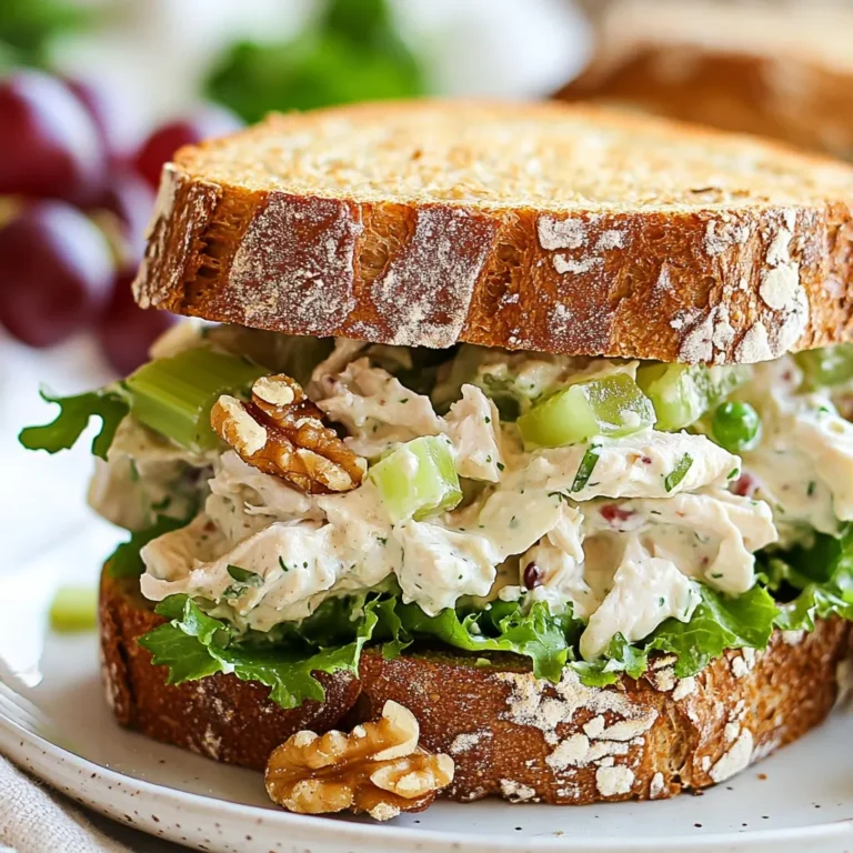 To make this tasty chicken salad, you need: - 2 cups cooked chicken breast, shredded - 1 cup plain Greek yogurt - 1/2 cup diced celery - 1/2 cup diced red grapes - 1/4 cup chopped walnuts - 1 tablespoon Dijon mustard - 1 tablespoon fresh lemon juice - 1 teaspoon garlic powder - Salt and pepper to taste These ingredients create a creamy and crunchy mix that tastes great. If you want a richer texture, add: - 1/4 cup mayonnaise This ingredient gives the salad a smooth and creamy feel. It’s not needed, but it’s a nice touch! For the perfect sandwich, use: - 4 slices whole-grain bread - Lettuce leaves for serving You can also try wraps if you prefer. Just place the chicken salad in the center. Then, fold and roll it up. This gives you a fun twist on the classic sandwich. {{ingredient_image_2}} To start, grab a large mixing bowl. Add 2 cups of shredded chicken breast. Then, include 1 cup of plain Greek yogurt. If you want a creamier mix, add 1/4 cup of mayonnaise. Mix these until smooth and creamy. Next, toss in 1/2 cup of diced celery for crunch. Add 1/2 cup of diced red grapes for sweetness. Don’t forget 1/4 cup of chopped walnuts for a nice texture. Stir in 1 tablespoon of Dijon mustard, 1 tablespoon of fresh lemon juice, and 1 teaspoon of garlic powder. Mix well so all flavors combine. Taste it and add salt and pepper to your liking. Now, it’s time to put your sandwich together. Take two slices of whole-grain bread. Place a crisp lettuce leaf on each slice. This helps keep the bread fresh. Spoon a generous amount of the chicken salad mixture on top of the lettuce. Carefully place another slice of bread on top. Press down gently. Cut each sandwich in half diagonally to make them look nice. If you use wraps, put the mixture in the center. Fold the sides inward and roll tightly from the bottom to the top. To serve, use a decorative platter. Place your sandwiches on it. Surround them with fresh lettuce leaves for a pop of color. You can add a small bowl of chicken salad on the side for dipping. For a final touch, garnish with fresh herbs like parsley or dill. This adds flavor and makes your dish look beautiful. Enjoy your tasty creation! To boost flavor, start with great chicken. Use fresh, cooked chicken breast. Shredded chicken works best. For creaminess, mix Greek yogurt with a little mayo. This adds a rich taste. Don't skip the Dijon mustard; it gives a nice zing. Fresh lemon juice brightens the dish. Lastly, garlic powder adds depth. Taste the mix and adjust salt and pepper as needed. These small steps make a big difference. Keep your sandwiches fresh with a few easy tricks. First, use whole-grain bread for extra sturdiness. Place a lettuce leaf under the chicken salad. This keeps the bread from getting soggy. Make the sandwiches just before serving. If you prepare them ahead, wrap them tightly in plastic wrap. Store them in the fridge until you are ready to enjoy. Customizing your chicken salad is fun and easy. Add diced apples for a sweet crunch. Swap walnuts for almonds or pecans if you prefer. You can also try adding herbs like dill or parsley. If you want a spicy kick, add diced jalapeños. For a creamy twist, mix in some avocado. Each change brings a new taste to the classic sandwich. Enjoy experimenting with your favorites! Pro Tips Balancing Flavors: Adjust the sweetness by adding more grapes or a touch of honey if desired. This will enhance the overall flavor profile of your chicken salad. Texture Matters: For a crunchier texture, consider adding diced apples or cucumbers along with the celery and walnuts. Herb Infusion: Fresh herbs like dill or basil can elevate the dish. Mix in a tablespoon of chopped fresh herbs for added freshness. Make Ahead: Prepare the chicken salad a day in advance and store it in the refrigerator. This allows the flavors to meld beautifully before serving. {{image_4}} You can easily swap ingredients to make this chicken salad healthier. Instead of mayonnaise, use more Greek yogurt. This keeps it creamy while cutting calories. You can add diced apples or chopped bell peppers for more crunch and flavor. Try using low-fat Greek yogurt for a lighter option. For a vegan or vegetarian twist, replace chicken with chickpeas or tofu. Both add protein and texture. Use a plant-based yogurt instead of Greek yogurt. You can mix in avocado for creaminess. Diced cucumbers can also add a nice crunch. These swaps will still give you a tasty sandwich. The bread or wrap you choose can change the sandwich completely. Whole-grain bread is great for added fiber. But you can also try sourdough or rye for a different taste. If you prefer wraps, use spinach or whole wheat wraps. Lettuce wraps are also fun for a low-carb option. Each choice enhances the flavor and experience of your chicken salad sandwich. To keep your chicken salad fresh, store it in an airtight container. Make sure to cover it tightly to prevent air from getting in. This helps it stay tasty for up to three days in the fridge. If you notice any change in smell or color, it's best to discard it. Freezing sandwiches is easy if done right. Wrap each sandwich tightly in plastic wrap or foil. This keeps them from getting freezer burn. Place the wrapped sandwiches in a freezer bag or container. They can last for about one month. When you’re ready to eat, just thaw them in the fridge overnight. If you freeze your sandwiches, reheating them is simple. Remove the wrap and place the sandwich on a microwave-safe plate. Heat it for about 30 seconds, then check if it's warm enough. If not, heat in 10-second bursts. You can also toast the sandwich in a pan for a crispy finish. This will keep the bread nice and crunchy. Yes, you can use canned chicken. Just drain it well. Shred it with a fork. This saves time and still tastes good. Canned chicken is often already cooked. It makes meal prep quick and easy. Using canned chicken can change the texture. It might be softer than fresh chicken. If you like a chunkier salad, you might want to stick with cooked chicken breast. The chicken salad can last about 3 to 4 days in the fridge. Store it in an airtight container. Make sure to seal it well to keep it fresh. If you notice any off smell or color, throw it away. Always use your senses to check if food is still good. You can serve your sandwiches with many tasty sides. Here are some ideas: - Fresh veggie sticks like carrots and cucumbers - A light green salad with lemon vinaigrette - Potato chips for a crunchy contrast - Fruit salad for a sweet touch - Pickles for a tangy bite These sides add variety to your meal and make it more enjoyable. You can mix and match based on your favorite flavors. In this post, I shared how to make a delicious Greek yogurt chicken salad. We covered main and optional ingredients, plus the best bread options. I broke down the steps for mixing and serving your salad. We also discussed tips for adding flavor, keeping it fresh, and customizing your meal. Lastly, I shared storage information and answered common questions. Now, you can whip up a healthy, tasty dish with ease. Enjoy experimenting with your flavors and variations!