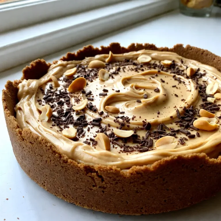 To make this no-bake peanut butter cheesecake, you will need: - 1 ½ cups graham cracker crumbs - ½ cup unsalted butter, melted - 2 cups cream cheese, softened to room temperature - 1 cup creamy peanut butter - 1 cup powdered sugar - 1 teaspoon pure vanilla extract - 1 cup heavy whipping cream - ½ cup chopped roasted peanuts (for topping) - Optional: Chocolate shavings or chocolate syrup (for garnish) You can swap ingredients if needed. Here are some ideas: - For the graham cracker crumbs, use crushed cookies or crackers. - Replace unsalted butter with coconut oil for a dairy-free option. - Use low-fat cream cheese for a lighter cheesecake. - Swap creamy peanut butter for crunchy peanut butter for texture. - If you want less sugar, use a sugar substitute in equal amounts. - For the heavy cream, use coconut cream for a non-dairy version. Having the right tools makes this recipe easier. You will need: - A medium mixing bowl - A large mixing bowl - An electric mixer - A 9-inch springform pan - A spatula - Measuring cups and spoons - Plastic wrap - A knife for slicing This list and substitutions will help you create a creamy and easy no-bake peanut butter cheesecake that everyone will love! {{ingredient_image_2}} First, gather your ingredients. You need graham cracker crumbs and melted butter. In a medium bowl, mix 1 ½ cups of crumbs with ½ cup of butter. Stir until it looks like wet sand. Next, take a 9-inch springform pan. Transfer the crumb mix into the pan. Use the back of a measuring cup or your hands to press it down. Make sure it is even and firm. Let it sit for a few minutes. This helps the crust hold its shape. Now, let’s make the filling. In a large bowl, beat 2 cups of softened cream cheese with an electric mixer. Mix until it is smooth and has no lumps. Add 1 cup of creamy peanut butter, 1 cup of powdered sugar, and 1 teaspoon of vanilla extract. Beat these together until smooth. In another bowl, whip 1 cup of heavy cream with the mixer. Beat until stiff peaks form, which takes about 3-5 minutes. Gently fold the whipped cream into the peanut butter mix using a spatula. Be careful not to deflate it. Keep folding until you see no white streaks. Next, pour the peanut butter filling over the crust. Use a spatula to smooth the top. Cover the cheesecake with plastic wrap. Place it in the fridge for at least 4 hours. For the best results, chill it overnight. This helps it set well. When ready to serve, remove the cheesecake from the fridge. Top it with chopped roasted peanuts. You can also add chocolate shavings or syrup if you like. Carefully release the sides of the springform pan. Slice it into wedges and enjoy! To get the best texture for your no-bake peanut butter cheesecake, follow these tips: - Use softened cream cheese: This helps blend smoothly. Leave it out for an hour before mixing. - Whip the cream well: Aim for stiff peaks. This adds lightness to your filling. - Fold gently: When mixing the whipped cream with peanut butter, fold carefully. This keeps the mix airy. Here are some common mistakes that can affect your cheesecake: - Not chilling enough: Always chill for at least four hours. Overnight is best for a firm set. - Skipping the crust: The crust adds flavor and texture. Don’t forget to press it down firmly. - Using cold cream cheese: Cold cream cheese makes lumps. Always soften it first. To take your cheesecake out of the pan without hassle, try these tips: - Use a springform pan: This type of pan makes removal simple. Just release the sides. - Line the bottom: Place parchment paper on the bottom. This helps the cheesecake slide out easily. - Run a knife around the edge: Before opening the pan, run a knife around the sides. This prevents sticking. Pro Tips Chill Your Tools: For an even creamier texture, chill your mixing bowl and beaters before whipping the cream. This helps the cream whip up faster and hold its shape better. Choose Your Peanut Butter Wisely: Use a high-quality creamy peanut butter for the best flavor and texture. Avoid natural peanut butters that can separate and may not blend smoothly. Garnish with Care: When adding toppings, consider toasting the chopped peanuts slightly to enhance their flavor and crunchiness before sprinkling them on the cheesecake. Let It Set: For the best results, allow the cheesecake to chill overnight. This not only enhances the flavor but also ensures a perfectly firm and sliceable dessert. {{image_4}} You can easily change the flavor of this cheesecake. Try adding chocolate for a rich twist. Simply mix in ½ cup of melted chocolate into the cream cheese mixture. For a lighter taste, use vanilla. Add an extra teaspoon of pure vanilla extract for a subtle flavor. You can even add a dash of cinnamon for warmth. Each option makes this cheesecake unique and fun! If you follow a special diet, you can adapt this recipe. For vegan options, use dairy-free cream cheese and coconut cream in place of heavy cream. This keeps the creamy texture while making it plant-based. For gluten-free diets, simply swap the graham cracker crumbs with gluten-free crumbs. This way, everyone can enjoy the cheesecake without worry. Toppings can make your cheesecake shine! I love using chopped roasted peanuts for a crunchy bite. You can also add chocolate shavings or a drizzle of chocolate syrup for extra sweetness. Fresh fruit like strawberries or blueberries adds color and flavor. Consider crushed cookies or caramel sauce for a fun twist. Feel free to get creative with your toppings! To keep your no-bake peanut butter cheesecake fresh, store it in the fridge. Use a tight lid or plastic wrap. This helps prevent the cheesecake from drying out. It also keeps other smells from the fridge away. Always let it cool fully before covering it. If you do not have a lid, cover the top with plastic wrap. You can freeze this cheesecake if you want to save some for later. First, let it chill in the fridge for at least four hours. Then, slice it into pieces. Wrap each slice in plastic wrap tightly. Place the wrapped slices in a freezer-safe bag or container. This helps keep them fresh. You can freeze the cheesecake for up to three months. When you want to eat it, take it out and let it thaw in the fridge for a few hours. The cheesecake stays good in the fridge for about five days. To enjoy the best flavor and texture, eat it within two to three days. If you notice any changes in smell or color, it is best to discard it. Always check for signs of spoilage before serving. To make this cheesecake, start by preparing the crust. Mix 1 ½ cups of graham cracker crumbs with ½ cup of melted unsalted butter. Stir until it looks like wet sand. Press the mixture into a 9-inch springform pan to form a solid base. Next, beat 2 cups of softened cream cheese in a bowl until smooth. Add in 1 cup of creamy peanut butter, 1 cup of powdered sugar, and 1 teaspoon of vanilla extract. Mix until creamy. In another bowl, whip 1 cup of heavy cream until stiff peaks form. Gently fold this whipped cream into the peanut butter mixture. Pour the filling over the crust and smooth the top. Finally, cover it and refrigerate for at least 4 hours, or overnight for the best results. Yes, you can use natural peanut butter. Just make sure to stir it well before adding. Natural peanut butter can have oil separation. This might change the texture a bit, but it will still taste great. The cheesecake needs to chill for at least 4 hours. For a firmer texture, I recommend chilling it overnight. This allows it to set properly. The longer it chills, the better the flavors meld together. Enjoy your delicious cheesecake! We covered the essential ingredients and tools for a great cheesecake. You learned how to prepare the graham cracker crust, make the filling, and assemble your cheesecake. I shared tips for perfect texture and how to avoid common mistakes. Whether you want to customize flavors or store leftovers, this guide has you covered. Cheesecake is both fun and rewarding to make. Enjoy every creamy bite of your creation!