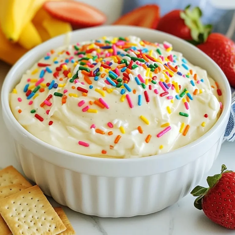 To make Funfetti Cake Batter Dip, you need simple ingredients that are easy to find. Here's what you'll need: - 1 cup cake mix (funfetti or vanilla) - 1/2 cup cream cheese, softened - 1/2 cup sour cream - 1/2 cup powdered sugar - 1 teaspoon pure vanilla extract - 1/4 cup colorful rainbow sprinkles - Optional dippers: graham crackers, assorted fruit slices, pretzels Each ingredient plays a special role. The cake mix gives it that fun flavor and texture. Cream cheese adds creaminess, while sour cream helps balance the sweetness. Powdered sugar sweetens it up and makes it fluffy. The vanilla extract brings warmth and depth. Finally, those rainbow sprinkles add joy and color to your dip. If you want to dip something, graham crackers or fresh fruit slices work great. Pretzels add a fun crunch. With these ingredients, you can create a treat that’s perfect for parties, game nights, or just a fun snack at home. {{ingredient_image_2}} Start by mixing cream cheese and sour cream in a big bowl. Use a hand mixer to beat them until smooth. This takes about 2 to 3 minutes. Next, add the cake mix slowly. Mix on low speed so it blends well. You want it to be thick and batter-like. After that, add the powdered sugar and vanilla extract. Blend on medium speed until fluffy. Ensure it is light and airy. This will make your dip taste great. Now, gently fold in the rainbow sprinkles. Do this carefully to keep the sprinkles whole. You want them evenly mixed in the dip. Then, transfer the dip to a serving bowl. For a fun touch, sprinkle a few more rainbow sprinkles on top. This makes it look festive. Enjoy your dip with graham crackers, fruit slices, or pretzels! To get that perfect creamy dip, use a hand mixer. Start by mixing the softened cream cheese and sour cream. Beat them together until they are smooth. This should take about 2-3 minutes. Softened cream cheese is key. It blends easily and gives the dip a rich texture. If it’s too cold, it will be lumpy. When you add the cake mix, do it slowly. Mix on low speed first. This keeps the batter thick and prevents it from becoming runny. If you mix too fast, the dip can lose its nice texture. For dippers, I love using graham crackers, fresh fruit slices, or crunchy pretzels. Each adds a fun texture. The sweet dip pairs well with these crunchy or juicy options. For festive events, think about how you present it. Use a bright bowl and add extra sprinkles on top. This makes it pop and look inviting. You want everyone to enjoy both the taste and the look! Pro Tips Use Room Temperature Ingredients: Ensure your cream cheese and sour cream are at room temperature before mixing. This will create a smoother and creamier dip. Mix Gradually: When adding the cake mix, start on low speed to avoid a cloud of powder. Gradually increasing the speed will ensure an even blend. Customize Your Dippers: Try different dipping options like chocolate wafers, fruit, or even cookies to add variety and fun to your presentation. Store Properly: If you have leftovers, store the dip in an airtight container in the refrigerator for up to 3 days. Just give it a good stir before serving again. {{image_4}} You can change the taste of Funfetti Cake Batter Dip easily. Try using different cake mix flavors. Chocolate or strawberry mixes can add a fun twist. Each variation brings its own unique taste. You can also add extracts or flavorings. A touch of almond or lemon extract can brighten the dip. Just keep the amounts small. This way, you can create a whole new flavor experience. If you need gluten-free options, look for gluten-free cake mix. Many brands make great gluten-free mixes that taste just as good. For those who follow a vegan diet, swap out the cream cheese and sour cream. Use vegan cream cheese and coconut yogurt instead. This way, everyone can enjoy the dip. Making these changes helps you cater to different diets while keeping the fun. To keep your Funfetti Cake Batter Dip fresh, use an airtight container. Glass or plastic containers work well. Make sure the lid seals tightly. Store it in the fridge for up to five days. This dip stays tasty, but it’s best enjoyed fresh. Serving this dip cold gives it a firmer texture. The flavors stay bright and fresh. However, letting it sit out for about 10 minutes makes it softer and easier to scoop. If it gets too cold in the fridge, stir it gently before serving. This will help restore its creamy delight. You can still enjoy this dip even without sprinkles. Try using different toppings or mix-ins. Here are some great ideas: - Mini chocolate chips - Crushed cookies - Chopped nuts - Dried fruit These options add fun flavors and textures. You can mix and match to find your favorite! Yes, you can prepare this dip ahead of time. Make it up to a day in advance. Just follow these steps: 1. Make the dip as instructed. 2. Store it in an airtight container in the fridge. 3. Before serving, stir it gently to mix. This way, you save time on the day of your event! Yes, this dip is safe to eat. The cake mix may contain raw ingredients, but most brands heat-treat their mixes. Always check the package for safety info. The other ingredients, like cream cheese and sour cream, are safe as well. Enjoy this fun treat without worry! This blog post shared a fun recipe for Funfetti Cake Batter Dip. You learned the key ingredients, step-by-step instructions, and tips for perfecting the dip's texture. We also explored variations for different diets and discussed storage options. This dip is easy to make and perfect for any gathering. Enjoying it with your favorite dippers can make any party festive. Remember to get creative with flavors and colors. Now it's time to gather your ingredients and dive into this tasty treat!