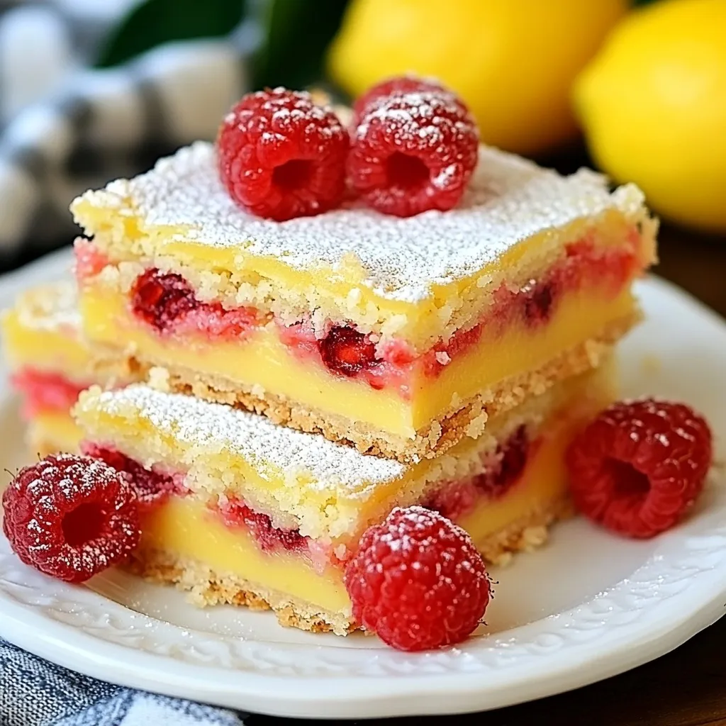 To make Raspberry Lemonade Bars, you need the following ingredients: - 1 ½ cups all-purpose flour - ½ cup powdered sugar - ½ cup unsalted butter, softened to room temperature - 1 cup granulated sugar - 3 large eggs - ⅓ cup freshly squeezed lemon juice (about 2-3 medium-sized lemons) - 1 tablespoon lemon zest, finely grated - 1 cup fresh raspberries (or thawed frozen raspberries) - 1 teaspoon baking powder - ¼ teaspoon salt - Optional: extra powdered sugar for dusting after baking These ingredients create a sweet and tangy treat. Each element plays a key role in the flavor and texture. The all-purpose flour and butter form a rich crust. The fresh lemon juice and zest give it a bright taste. The raspberries add a nice color and flavor. Remember, fresh ingredients make a big difference in taste. You can also use frozen raspberries if fresh ones are not available. Just let them thaw before mixing. {{ingredient_image_2}} 1. Preheat oven and prepare baking pan: Set your oven to 350°F (175°C). Grease an 8x8 inch pan with butter. You can also line it with parchment paper. This makes it easier to lift the bars out later. 2. Make and bake the crust: In a medium bowl, mix ½ cup of softened butter and ½ cup of powdered sugar. Cream them together until fluffy. Gradually add 1 ½ cups of all-purpose flour. Mix until it looks crumbly. Press this mixture into the bottom of your pan. Bake for about 15 minutes, until it's light golden around the edges. 3. Prepare and bake the raspberry-lemon filling: While the crust bakes, grab another bowl. Whisk together 1 cup of granulated sugar, 3 large eggs, ⅓ cup of lemon juice, 1 tablespoon of lemon zest, 1 teaspoon of baking powder, and ¼ teaspoon of salt. Make sure it’s smooth. Gently fold in 1 cup of fresh raspberries. Pour this mixture over the hot crust. 4. Cool, slice, and dust: Bake the bars for another 20-25 minutes until the filling is set. Let the pan cool completely on a wire rack. Once cool, lift the bars out using the parchment paper. Slice them into squares. Dust with extra powdered sugar just before serving to add a sweet touch. - How to achieve the perfect crust texture: Start with softened butter and powdered sugar. Mix them well until fluffy. This helps the crust stay light. Add flour slowly until it looks crumbly. Press it firmly into the pan. This step forms a solid base. - Tips for folding in raspberries: Use a spatula to gently fold in the raspberries. Be careful not to crush them. You want to keep some whole for texture and color. This method helps the raspberries stay intact in the filling. - Ensuring even baking: Bake the crust until light gold. This helps it hold up the filling. When adding the filling, spread it evenly. This way, it cooks uniformly. Check the bars halfway through baking. Rotate the pan if one side cooks faster. - Serving suggestions: Serve the bars on a colorful platter. This makes them look inviting. You can cut them into squares or rectangles. They can be served warm or cold. - Garnishing ideas: Add fresh raspberries on top for color. A sprinkle of lemon zest brings a nice touch. You can also dust with powdered sugar right before serving. It adds a sweet note and looks elegant. Pro Tips Chill the Raspberries: If you are using fresh raspberries, chill them in the refrigerator before adding them to the batter. This helps them hold their shape better during baking. Perfect Lemon Juice: For the best flavor, use freshly squeezed lemon juice instead of bottled. The natural acidity and freshness make a significant difference in taste. Cooling Time: Allow the bars to cool completely before cutting. This ensures cleaner slices and prevents the filling from being too gooey. Serving Suggestions: Serve the bars chilled for a refreshing treat, especially on warm days. Pair them with a scoop of vanilla ice cream for an indulgent dessert. {{image_4}} You can change the fruit in this recipe. Try using blueberries or strawberries. These fruits mix well with the lemon flavor. You can also use a mix of berries for a fun twist. For a gluten-free version, swap the all-purpose flour with a gluten-free blend. Make sure it works for baking. This can help everyone enjoy these bars. If you want a vegan option, you can replace the eggs. Use flaxseed meal mixed with water instead. For each egg, mix 1 tablespoon of flaxseed meal with 2.5 tablespoons of water. Let it sit for a few minutes. You can also use a plant-based butter to keep it vegan. For low-sugar options, try using a sugar substitute. Look for ones that work well in baking. You can also reduce the granulated sugar in the filling. This can help keep the bars sweet but not too sugary. Enjoy experimenting with these changes! To keep your Raspberry Lemonade Bars fresh, store them in an airtight container. Make sure they are completely cooled before placing them in the container. You can also layer them with parchment paper to prevent sticking. This method keeps them soft and tasty for later enjoyment. If you want to freeze them, wrap each bar tightly in plastic wrap, then place them in a freezer-safe bag or container. This will help avoid freezer burn. In the fridge, the Raspberry Lemonade Bars will last for about 5 to 7 days. If you freeze them, they can last up to 2 months. When you are ready to eat them, let them thaw in the fridge overnight before enjoying. This way, you can savor their delicious taste while keeping them fresh! Can I use frozen raspberries instead of fresh? Yes, you can use frozen raspberries. Just thaw them first. Drain excess liquid. This helps keep the bars from getting soggy. How do I know when the bars are done baking? The bars are done when the filling is set. Look for a slight golden color on top. A toothpick inserted in the center should come out clean. What can I serve with Raspberry Lemonade Bars? These bars pair well with whipped cream or vanilla ice cream. You can also serve them with a refreshing mint tea or lemonade. The flavors complement each other nicely. How can I improve the tartness or sweetness? To make the bars sweeter, add more granulated sugar. If you prefer more tartness, increase the lemon juice. Taste the filling before baking to adjust to your liking. In this blog post, we explored how to make delicious Raspberry Lemonade Bars. We covered the essential ingredients, step-by-step instructions, and helpful tips for great results. You can also try flavor and dietary variations for a unique twist. Don't forget about proper storage and shelf life. With this knowledge, you can create a sweet treat your family will love. Enjoy baking, and share your delicious results!