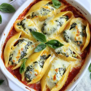- Jumbo pasta shells - Fresh spinach - Ricotta cheese - Mozzarella cheese - Grated Parmesan cheese - Large egg - Garlic powder - Onion powder - Italian seasoning - Marinara sauce - Fresh basil leaves - Salt and pepper Gathering the right ingredients is key for cheesy spinach stuffed shells. You will need 20 jumbo pasta shells. These shells are perfect for holding all the tasty filling. Next, grab 2 cups of fresh spinach. Make sure to chop it finely. For a creamy base, use 1 cup of ricotta cheese. Add 1 cup of shredded mozzarella cheese for that melty goodness. Don&rsquo;t forget 1/2 cup of grated Parmesan cheese for extra flavor. You will also need 1 large egg, beaten, to bind everything together. For seasoning, use 1 teaspoon of garlic powder, 1 teaspoon of onion powder, and 1 teaspoon of Italian seasoning. Finally, get 2 cups of marinara sauce, plus more for drizzling later. Fresh basil leaves will add a nice touch for garnish. Salt and pepper will round out the flavors. These ingredients come together to create a hearty and flavorful dish, perfect for any meal. {{ingredient_image_2}} 1. Preheat the oven: Start by preheating your oven to 375&deg;F (190&deg;C). This step is key to a perfect bake. 2. Cook the pasta shells: In a large pot, bring salted water to a boil. Add 20 jumbo pasta shells and cook according to the package instructions until they are just al dente. Drain the shells and rinse them under cold water to stop the cooking. Set them aside to cool completely. 3. Prepare the filling: In a large mixing bowl, combine 2 cups of finely chopped fresh spinach, 1 cup of ricotta cheese, 1 cup of shredded mozzarella cheese, and 1/2 cup of grated Parmesan cheese. Add 1 beaten large egg, 1 teaspoon of garlic powder, 1 teaspoon of onion powder, 1 teaspoon of Italian seasoning, and a pinch of salt and pepper. Mix until all the ingredients blend well. 1. Stuff the pasta shells: Using a spoon or piping bag, fill each cooled jumbo pasta shell with the spinach and cheese mixture. Take care not to overfill them, as this can make them spill. 2. Assemble the dish: Spread a thin layer of 2 cups of marinara sauce across the bottom of a 9x13 inch baking dish. This keeps the shells from sticking. Place the stuffed shells in the dish with the seam side facing up. 1. Top with sauce and cheese: Pour the remaining marinara sauce evenly over the stuffed shells. Sprinkle extra shredded mozzarella and grated Parmesan cheese on top. 2. Bake with care: Cover the baking dish tightly with aluminum foil to keep in moisture. Bake in your preheated oven for 25 minutes. 3. Final baking: After 25 minutes, remove the foil and bake for another 10-15 minutes. Look for bubbly, melted cheese that is lightly golden brown. 4. Let rest and serve: Once done, take the dish out of the oven and let it cool for a few minutes. Garnish with fresh basil leaves to add color and flavor before serving. - Ensure proper al dente cooking: Cook the jumbo shells just until they are firm. This helps them hold the filling well and keeps them from falling apart. Follow the package instructions carefully for the best results. - Cooling the shells properly: After boiling, rinse the shells under cold water. This stops the cooking process and makes them easier to handle. Let them cool completely before you fill them. - Filling techniques for even distribution: Use a spoon or a piping bag to fill each shell. Make sure to fill them evenly. Avoid overfilling to keep them from bursting during baking. - Suggested herbs and seasoning variations: Try adding fresh herbs like basil or parsley to the filling for added flavor. You can also use a pinch of red pepper flakes for a bit of heat. - Adding protein like chicken or sausage: For a heartier meal, mix in cooked chicken or sausage into the cheese filling. This adds protein and makes your dish even more satisfying. - Accompaniments for a complete meal: Serve your stuffed shells with a simple salad or garlic bread. This helps create a balanced meal and complements the rich flavors of the dish. - Presentation tips using garnishes: Garnish your stuffed shells with fresh basil leaves or a sprinkle of Parmesan cheese. This not only adds color but also enhances the overall appeal of your dish. Pro Tips Use Fresh Spinach: Fresh spinach will give a vibrant flavor and better texture compared to frozen spinach. Make sure to wash and chop it finely for an even distribution in the filling. Don&rsquo;t Overfill the Shells: When stuffing the shells, avoid overfilling them to prevent the filling from spilling out during baking. A generous spoonful per shell is sufficient. Experiment with Cheeses: While mozzarella and Parmesan are classic choices, feel free to experiment with other cheeses like feta or goat cheese for a unique flavor twist in your filling. Let Rest Before Serving: Allow the stuffed shells to rest for a few minutes after baking. This helps the filling set and makes them easier to serve without falling apart. {{image_4}} You can make cheesy spinach stuffed shells even more delightful. Try using different leafy greens. Kale or Swiss chard can add unique flavors. Mixing in herbs like parsley or basil also brightens the dish. Substituting cheese types can enhance taste too. Instead of ricotta, try goat cheese for a tangy twist. You can also use feta or cottage cheese for a lighter option. Each change brings a new flavor profile to your meal. For those who need gluten-free options, look for gluten-free pasta shells. Many brands offer great alternatives that taste just as good. You can find these at local grocery stores or online. If dairy is an issue, you can find dairy-free substitutions. Use plant-based cheeses or a mix of cashews and nutritional yeast. This keeps the creaminess without the dairy. Incorporating spices from different cuisines can take your dish to new heights. Try adding cumin or paprika for a warm flavor. You can even sprinkle some red pepper flakes for heat. Using different sauces can also change your cheesy spinach stuffed shells. Instead of marinara, try pesto or Alfredo sauce. This simple swap can bring a whole new taste to your plate. To keep your cheesy spinach stuffed shells fresh, store them in an airtight container. This helps prevent drying out. Place the shells in the fridge if you plan to eat them within three days. For longer storage, freeze them. Just make sure they are fully cooled before you pack them away. Use a freezer-safe container or a heavy-duty freezer bag. This way, they stay safe for up to three months. When you&rsquo;re ready to enjoy those leftovers, the best way to reheat them is in the oven. Preheat it to 350&deg;F (175&deg;C). Place the shells in an oven-safe dish and cover with foil. This keeps the moisture in and prevents drying out. Bake for about 20 minutes. If the shells seem dry, add a splash of marinara sauce on top before covering them. This adds moisture and flavor. Refrigerated leftovers last for about three days. If you freeze the shells, they can stay good for up to three months. Just remember to label your container with the date. This will help you keep track of when to use them. Enjoy your tasty creation even after the first meal! How do I make spinach stuffed shells ahead of time? You can make spinach stuffed shells up to a day in advance. Prepare the filling and stuff the shells. Place them in a baking dish, cover them with sauce, and refrigerate. When ready to bake, cook them straight from the fridge, adding a few extra minutes to the bake time. Can I use frozen spinach instead of fresh? Yes, you can use frozen spinach. Thaw it first and squeeze out any extra water. This prevents your filling from becoming too watery. Frozen spinach is also convenient and saves time. What can I serve with cheesy spinach stuffed shells? These stuffed shells pair well with a fresh side salad and garlic bread. You can also serve them with steamed vegetables or a light soup to balance the meal. How do I know when stuffed shells are done baking? Stuffed shells are done when the cheese is bubbly and lightly golden. The edges of the sauce should be simmering. If you insert a knife, it should feel hot in the center. Let them cool for a few minutes before serving. This blog post covered the delicious art of making cheesy spinach stuffed shells. You learned about the key ingredients and step-by-step preparation. Tips for perfect shells and fun flavor variations were shared. Storing and reheating your leftovers ensures nothing goes to waste. Remember, stuffed shells are versatile. You can mix and match ingredients for your taste. Enjoy creating this dish that can warm any meal and heart!