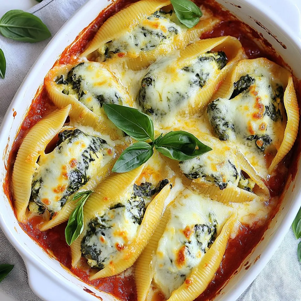 - Jumbo pasta shells - Fresh spinach - Ricotta cheese - Mozzarella cheese - Grated Parmesan cheese - Large egg - Garlic powder - Onion powder - Italian seasoning - Marinara sauce - Fresh basil leaves - Salt and pepper Gathering the right ingredients is key for cheesy spinach stuffed shells. You will need 20 jumbo pasta shells. These shells are perfect for holding all the tasty filling. Next, grab 2 cups of fresh spinach. Make sure to chop it finely. For a creamy base, use 1 cup of ricotta cheese. Add 1 cup of shredded mozzarella cheese for that melty goodness. Don’t forget 1/2 cup of grated Parmesan cheese for extra flavor. You will also need 1 large egg, beaten, to bind everything together. For seasoning, use 1 teaspoon of garlic powder, 1 teaspoon of onion powder, and 1 teaspoon of Italian seasoning. Finally, get 2 cups of marinara sauce, plus more for drizzling later. Fresh basil leaves will add a nice touch for garnish. Salt and pepper will round out the flavors. These ingredients come together to create a hearty and flavorful dish, perfect for any meal. {{ingredient_image_2}} 1. Preheat the oven: Start by preheating your oven to 375°F (190°C). This step is key to a perfect bake. 2. Cook the pasta shells: In a large pot, bring salted water to a boil. Add 20 jumbo pasta shells and cook according to the package instructions until they are just al dente. Drain the shells and rinse them under cold water to stop the cooking. Set them aside to cool completely. 3. Prepare the filling: In a large mixing bowl, combine 2 cups of finely chopped fresh spinach, 1 cup of ricotta cheese, 1 cup of shredded mozzarella cheese, and 1/2 cup of grated Parmesan cheese. Add 1 beaten large egg, 1 teaspoon of garlic powder, 1 teaspoon of onion powder, 1 teaspoon of Italian seasoning, and a pinch of salt and pepper. Mix until all the ingredients blend well. 1. Stuff the pasta shells: Using a spoon or piping bag, fill each cooled jumbo pasta shell with the spinach and cheese mixture. Take care not to overfill them, as this can make them spill. 2. Assemble the dish: Spread a thin layer of 2 cups of marinara sauce across the bottom of a 9x13 inch baking dish. This keeps the shells from sticking. Place the stuffed shells in the dish with the seam side facing up. 1. Top with sauce and cheese: Pour the remaining marinara sauce evenly over the stuffed shells. Sprinkle extra shredded mozzarella and grated Parmesan cheese on top. 2. Bake with care: Cover the baking dish tightly with aluminum foil to keep in moisture. Bake in your preheated oven for 25 minutes. 3. Final baking: After 25 minutes, remove the foil and bake for another 10-15 minutes. Look for bubbly, melted cheese that is lightly golden brown. 4. Let rest and serve: Once done, take the dish out of the oven and let it cool for a few minutes. Garnish with fresh basil leaves to add color and flavor before serving. - Ensure proper al dente cooking: Cook the jumbo shells just until they are firm. This helps them hold the filling well and keeps them from falling apart. Follow the package instructions carefully for the best results. - Cooling the shells properly: After boiling, rinse the shells under cold water. This stops the cooking process and makes them easier to handle. Let them cool completely before you fill them. - Filling techniques for even distribution: Use a spoon or a piping bag to fill each shell. Make sure to fill them evenly. Avoid overfilling to keep them from bursting during baking. - Suggested herbs and seasoning variations: Try adding fresh herbs like basil or parsley to the filling for added flavor. You can also use a pinch of red pepper flakes for a bit of heat. - Adding protein like chicken or sausage: For a heartier meal, mix in cooked chicken or sausage into the cheese filling. This adds protein and makes your dish even more satisfying. - Accompaniments for a complete meal: Serve your stuffed shells with a simple salad or garlic bread. This helps create a balanced meal and complements the rich flavors of the dish. - Presentation tips using garnishes: Garnish your stuffed shells with fresh basil leaves or a sprinkle of Parmesan cheese. This not only adds color but also enhances the overall appeal of your dish. Pro Tips Use Fresh Spinach: Fresh spinach will give a vibrant flavor and better texture compared to frozen spinach. Make sure to wash and chop it finely for an even distribution in the filling. Don’t Overfill the Shells: When stuffing the shells, avoid overfilling them to prevent the filling from spilling out during baking. A generous spoonful per shell is sufficient. Experiment with Cheeses: While mozzarella and Parmesan are classic choices, feel free to experiment with other cheeses like feta or goat cheese for a unique flavor twist in your filling. Let Rest Before Serving: Allow the stuffed shells to rest for a few minutes after baking. This helps the filling set and makes them easier to serve without falling apart. {{image_4}} You can make cheesy spinach stuffed shells even more delightful. Try using different leafy greens. Kale or Swiss chard can add unique flavors. Mixing in herbs like parsley or basil also brightens the dish. Substituting cheese types can enhance taste too. Instead of ricotta, try goat cheese for a tangy twist. You can also use feta or cottage cheese for a lighter option. Each change brings a new flavor profile to your meal. For those who need gluten-free options, look for gluten-free pasta shells. Many brands offer great alternatives that taste just as good. You can find these at local grocery stores or online. If dairy is an issue, you can find dairy-free substitutions. Use plant-based cheeses or a mix of cashews and nutritional yeast. This keeps the creaminess without the dairy. Incorporating spices from different cuisines can take your dish to new heights. Try adding cumin or paprika for a warm flavor. You can even sprinkle some red pepper flakes for heat. Using different sauces can also change your cheesy spinach stuffed shells. Instead of marinara, try pesto or Alfredo sauce. This simple swap can bring a whole new taste to your plate. To keep your cheesy spinach stuffed shells fresh, store them in an airtight container. This helps prevent drying out. Place the shells in the fridge if you plan to eat them within three days. For longer storage, freeze them. Just make sure they are fully cooled before you pack them away. Use a freezer-safe container or a heavy-duty freezer bag. This way, they stay safe for up to three months. When you’re ready to enjoy those leftovers, the best way to reheat them is in the oven. Preheat it to 350°F (175°C). Place the shells in an oven-safe dish and cover with foil. This keeps the moisture in and prevents drying out. Bake for about 20 minutes. If the shells seem dry, add a splash of marinara sauce on top before covering them. This adds moisture and flavor. Refrigerated leftovers last for about three days. If you freeze the shells, they can stay good for up to three months. Just remember to label your container with the date. This will help you keep track of when to use them. Enjoy your tasty creation even after the first meal! How do I make spinach stuffed shells ahead of time? You can make spinach stuffed shells up to a day in advance. Prepare the filling and stuff the shells. Place them in a baking dish, cover them with sauce, and refrigerate. When ready to bake, cook them straight from the fridge, adding a few extra minutes to the bake time. Can I use frozen spinach instead of fresh? Yes, you can use frozen spinach. Thaw it first and squeeze out any extra water. This prevents your filling from becoming too watery. Frozen spinach is also convenient and saves time. What can I serve with cheesy spinach stuffed shells? These stuffed shells pair well with a fresh side salad and garlic bread. You can also serve them with steamed vegetables or a light soup to balance the meal. How do I know when stuffed shells are done baking? Stuffed shells are done when the cheese is bubbly and lightly golden. The edges of the sauce should be simmering. If you insert a knife, it should feel hot in the center. Let them cool for a few minutes before serving. This blog post covered the delicious art of making cheesy spinach stuffed shells. You learned about the key ingredients and step-by-step preparation. Tips for perfect shells and fun flavor variations were shared. Storing and reheating your leftovers ensures nothing goes to waste. Remember, stuffed shells are versatile. You can mix and match ingredients for your taste. Enjoy creating this dish that can warm any meal and heart!