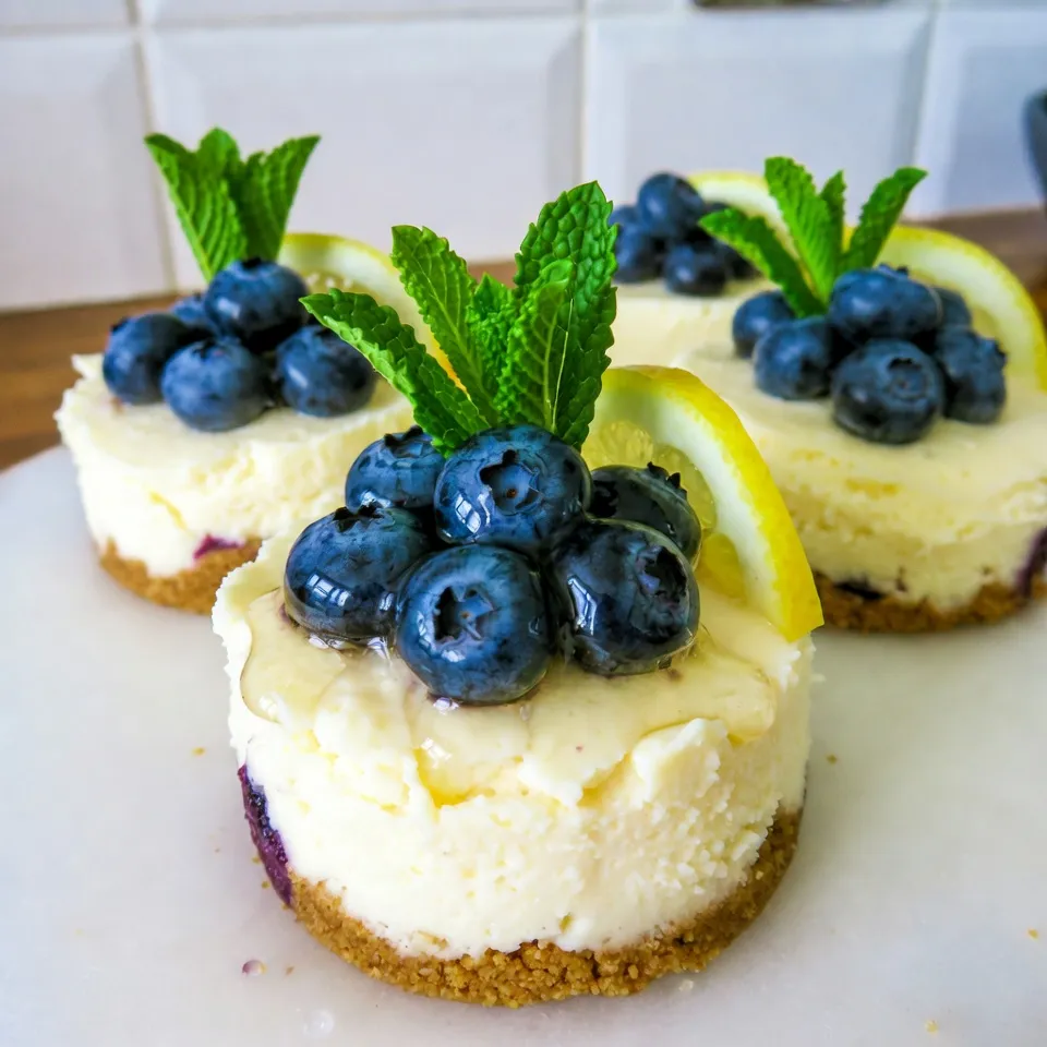 To make these delightful cups, gather the following key ingredients: - 1 cup graham cracker crumbs - 4 tablespoons unsalted butter, melted - 1 (8 oz) package cream cheese, softened to room temperature - ½ cup powdered sugar - 1 teaspoon vanilla extract - Zest of 1 lemon - 2 tablespoons freshly squeezed lemon juice - 1 cup heavy whipping cream - 1 cup fresh blueberries - 2 tablespoons honey (or maple syrup for a vegan option) These ingredients work together to create a creamy and tangy filling, paired with a buttery crust. If you want to lower the sugar, consider these options: - Use maple syrup instead of honey for a vegan choice. - Try stevia or monk fruit sweetener for a low-calorie option. These alternatives still give a sweet taste without the extra calories. Sometimes, you may not have all the ingredients. Here are some easy swaps: - Replace graham cracker crumbs with crushed cookies like Oreos or Digestives for a different flavor. - If you lack heavy cream, use coconut cream for a dairy-free option. - For lemon, you can use lime juice as a substitute. These swaps keep your cheesecake cups delicious and fun! {{ingredient_image_2}} To start, grab a medium-sized bowl. Mix 1 cup of graham cracker crumbs with 4 tablespoons of melted unsalted butter. The mixture should look like wet sand. This means it’s ready! Now, take 6 small cups or jars and divide the crumb mixture evenly among them. Press down firmly with your fingers or the back of a spoon. This creates a solid base for each cup. Set them aside for now. In a large bowl, beat 1 (8 oz) package of softened cream cheese with an electric mixer. Mix it on medium speed until it’s nice and smooth. Gradually add ½ cup of powdered sugar. Keep mixing until there are no lumps. Next, add 1 teaspoon of vanilla extract, the zest of 1 lemon, and 2 tablespoons of lemon juice. Blend until everything is smooth and well mixed. In a separate bowl, whip 1 cup of heavy cream until you see stiff peaks. This takes about 2-3 minutes. Be careful not to overwhip it! Now, gently fold the whipped cream into the cheesecake mixture. Start by adding a small scoop of whipped cream to lighten it up. Then, carefully fold in the rest until it’s all blended. This helps keep the filling light and fluffy. Now it’s time to assemble! Spoon the cheesecake filling over the crusts in each cup. Smooth the tops with a spatula for a nice finish. Once they all look good, cover each cup with plastic wrap or a lid. Refrigerate for at least 2 hours. This chilling time helps the flavors blend and the cheesecake firm up. Before serving, top each cup with fresh blueberries. Drizzle a bit of honey over the berries for sweetness. Enjoy your delightful Lemon Blueberry Cheesecake Cups! To get the best texture, soften your cream cheese well. Room temperature cream cheese mixes better, creating a smooth filling. Mix the cream cheese and powdered sugar until there are no lumps. When you whip the cream, beat it until stiff peaks form. Folding in the whipped cream gently keeps your filling light and airy. This balance gives you a rich yet fluffy cheesecake. These cheesecake cups store well in the fridge. Keep them covered to prevent drying out. They taste best when chilled for at least 2 hours. Serve them cold for a refreshing treat. For a nice touch, add a mint sprig or a lemon slice on top. This not only looks great but adds extra flavor. Fresh blueberries are the star here, but you can add more. Try drizzling honey or maple syrup for sweetness. A sprinkle of lemon zest brightens the flavor. You could also use other fruits like raspberries or strawberries. Experiment to find your favorite topping! Pro Tips Chill the Cream Cheese: Ensure your cream cheese is at room temperature before mixing. This will help achieve a smooth and creamy filling without lumps. Perfect Whipping: When whipping the heavy cream, stop once stiff peaks form. Overwhipping can lead to a grainy texture in your filling. Flavor Enhancements: For an extra punch of lemon flavor, consider adding a touch of lemon extract in addition to the zest and juice. Serving Suggestion: Serve the cheesecake cups with a side of extra blueberries and a dollop of whipped cream for an elegant presentation. {{image_4}} You can easily make this treat vegan. Simply swap the cream cheese for a vegan cream cheese. This will give you the same creamy texture. Use plant-based heavy cream or coconut cream to whip. Instead of honey, opt for maple syrup for sweetness. You will enjoy a rich, lemony flavor that everyone will love. If you want a quick treat, skip the baking. Just prepare the crust and filling as usual. After chilling, you will have a delightful dessert ready in no time. This method is perfect for hot days when you don't want to turn on the oven. Your friends and family will think you spent hours making it! You can switch up the toppings based on the season. In spring, try fresh strawberries or raspberries. In summer, add sliced peaches or cherries. In fall, consider spiced apples or pumpkin puree. Winter brings pomegranate seeds or citrus slices. This way, you can enjoy a new taste with each season! To keep your lemon blueberry cheesecake cups fresh, store them in the fridge. Use airtight containers or cover each cup with plastic wrap. This helps prevent the cheesecake from drying out. Make sure they chill for at least two hours before serving. This time allows the flavors to blend well. You can freeze these cheesecake cups too! Just make sure they are in airtight containers. You may want to leave off the blueberries and honey drizzle until you serve them. This way, the toppings stay fresh and bright. To thaw, place them in the fridge overnight before enjoying. In the fridge, these cheesecake cups last about 3 to 5 days. If they start to smell or look off, it’s best to toss them. Always check for freshness before serving. Yes, you can use frozen blueberries. They work well in this recipe. Just remember to thaw them first and drain off any extra liquid. This helps keep your cheesecake cups from getting too watery. Frozen berries still give great flavor, but fresh berries add a nice pop of color. To make these cheesecake cups gluten-free, swap out the graham cracker crumbs. Use gluten-free cookie crumbs or ground nuts instead. You can also use gluten-free graham crackers if you find them. Just check the labels to ensure they meet your needs. If you can't find graham cracker crumbs, don't worry! You can use crushed cookies, like vanilla wafers or digestive biscuits. You can even use oats for a different texture. Just blend them with melted butter as you would with graham crackers. These Lemon Blueberry Cheesecake Cups are easy and fun to make. You'll enjoy preparing the crust and creamy filling. Remember, you can swap ingredients or try different toppings for variety. Perfecting the texture is key, and storing them properly keeps them fresh. Whether you prefer vegan or no-bake options, there’s a way to enjoy this treat. Follow the tips and enjoy these delicious cups with friends. Cheesecake can be simple, tasty, and satisfying!