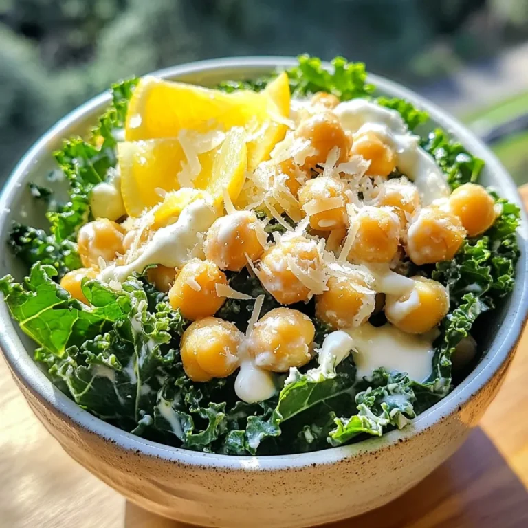 - 1 bunch of kale, stems removed and leaves finely chopped - 1 cup canned chickpeas, thoroughly rinsed and drained - 2 tablespoons olive oil Kale is the star of this dish. It gives a nice crunch and is packed with nutrients. The chickpeas add protein and a crispy texture that makes this salad special. Olive oil helps to bring out the flavors and makes everything taste great. - 1/4 cup Greek yogurt (or a preferred dairy-free yogurt) - 2 tablespoons fresh lemon juice - 1 tablespoon Dijon mustard - 1 teaspoon Worcestershire sauce For the dressing, Greek yogurt gives creaminess. It balances the tang of lemon juice. Dijon mustard adds a nice kick. Worcestershire sauce gives a depth of flavor that ties everything together. - 1 teaspoon garlic powder - 1 teaspoon smoked paprika - 1/4 cup grated Parmesan cheese (or nutritional yeast for a vegan alternative) - Black pepper and salt Seasoning is key! Garlic powder adds warmth. Smoked paprika gives a hint of smokiness. Parmesan cheese or nutritional yeast adds umami. Finally, salt and pepper enhance all the flavors. {{ingredient_image_2}} 1. Preheat your oven to 400°F (200°C). This step ensures even cooking. 2. In a mixing bowl, combine 1 cup of rinsed chickpeas with 2 tablespoons of olive oil. 3. Add 1 teaspoon of garlic powder, 1 teaspoon of smoked paprika, salt, and freshly ground black pepper to taste. 4. Toss the chickpeas well to coat each one evenly. 5. Spread the seasoned chickpeas in a single layer on a baking sheet lined with parchment paper. 6. Bake for about 25-30 minutes. Shake the pan halfway through for even crispiness. 7. Once they are golden and crunchy, take them out and let them cool. 1. In a separate bowl, whisk together 1/4 cup of Greek yogurt and 2 tablespoons of fresh lemon juice. 2. Add 1 tablespoon of Dijon mustard and 1 teaspoon of Worcestershire sauce. 3. Season with a pinch of salt and freshly cracked black pepper. 4. Whisk until the mixture is smooth. 5. If you want a lighter dressing, add a tablespoon of water at a time until it reaches your desired consistency. 1. In a large mixing bowl, add the chopped kale from 1 bunch, with stems removed. 2. Drizzle the prepared dressing over the kale leaves. 3. Using your hands, gently massage the kale for about 2-3 minutes. This softens the leaves and adds flavor. 4. Once the kale is tender, add the crispy chickpeas and 1/4 cup of grated Parmesan cheese (or nutritional yeast for a vegan option). 5. Gently toss everything together until well mixed. 6. Plate the salad and garnish with freshly cracked black pepper and some extra crispy chickpeas on top. To get your chickpeas extra crispy, follow these tips: - Use a hot oven. Preheat your oven to 400°F (200°C). A hot oven helps to dry out the chickpeas, making them crunchy. - Spread evenly. Lay the chickpeas in a single layer on your baking sheet. This helps them cook evenly. - Shake the pan. Halfway through baking, shake the pan. This movement turns the chickpeas and ensures they crisp up all around. Crispy chickpeas add a great texture to your salad. If you skip this step, they may come out soft. You can boost the flavor of your Caesar dressing with simple tweaks: - Add a dash of hot sauce. A few drops can bring a nice kick to the dressing. - Try fresh herbs. Chopped parsley or basil can add freshness to your mix. - Adjust the thickness. If your dressing is too thick, add water a little at a time. Whisk until it’s just right for you. A well-flavored dressing makes the salad shine. Experiment with these tips to find your perfect blend. Massaging kale is key to making it tender: - Use your hands. Drizzle the dressing over the kale, then gently squeeze and rub the leaves for about 2-3 minutes. - Focus on the stems. They are tougher, so spend extra time on those parts. Massaging breaks down the fibers in the kale. This makes it softer and more enjoyable to eat. You’ll notice a big difference in taste! Pro Tips Chickpea Crispiness: To ensure your chickpeas are extra crispy, make sure they are thoroughly dried after rinsing. Pat them dry with a paper towel before seasoning and roasting. Kale Massaging: Massaging the kale not only softens it but also enhances its flavor. Don’t rush this step; take your time to really break down the leaves for a better texture. Dressing Consistency: Adjust the dressing’s thickness to your preference. Start with the recommended ingredients and add water gradually until you reach the desired consistency for better coating of the salad. Garnishing for Appeal: For a visually stunning presentation, sprinkle additional Parmesan or nutritional yeast on top, and consider adding a few slices of lemon for an attractive and zesty garnish. {{image_4}} You can easily make this salad vegan. For the yogurt, use a dairy-free option like coconut yogurt. It adds creaminess without dairy. For cheese, switch to nutritional yeast. It gives a cheesy flavor and is plant-based. To make the dressing fully plant-based, replace the Worcestershire sauce with a vegan version. Many stores offer this, so check labels! This keeps your dressing tasty and vegan-friendly. Want to add more protein? Consider adding cooked quinoa or tofu. They blend well with kale and chickpeas. You can also toss in avocado for creaminess. It makes the salad richer. For toppings, try adding sunflower seeds or pumpkin seeds. They add crunch and healthy fats. You can also mix in sliced bell peppers or shredded carrots. These add color and nutrients. In winter, add roasted sweet potatoes or Brussels sprouts. They warm up the salad and provide great flavor. In spring, consider fresh peas or asparagus. These seasonal veggies keep your salad fresh and vibrant. For summer, add ripe tomatoes or cucumbers. They add juiciness and a refreshing taste. In fall, swap in roasted butternut squash. It gives a sweet, nutty flavor that pairs nicely with the kale. Dressing can change with the seasons too. In summer, try a lighter vinaigrette with lemon and olive oil. In winter, a creamier dressing can help warm the flavors. Adjust spices based on seasonal ingredients for a unique twist! Store your Kale Caesar Salad in an airtight container. Glass or plastic containers work well. This helps keep the salad fresh and crunchy. If possible, keep the chickpeas separate. This prevents them from getting soggy. Use the salad within three days for the best taste. To reheat chickpeas, place them on a baking sheet. Use the oven at 350°F (175°C) for about 10 minutes. This keeps them crispy. If you want to refresh the salad, add a bit more dressing. This gives it a fresh taste and makes it moist again. The salad lasts about three days in the fridge. Look for signs of spoilage. If the kale turns brown or slimy, it’s time to toss it. Also, if the chickpeas lose their crunch, they may have gone bad. Always trust your nose; if it smells off, throw it away. Yes, you can swap kale for other greens. Good options include romaine, spinach, or arugula. Each has its own taste and texture. Romaine offers crunch, while spinach is soft and tender. Arugula adds a peppery kick. Choose what you like best! To make this salad gluten-free, check each ingredient. Use gluten-free Worcestershire sauce and yogurt. Most chickpeas and spices are gluten-free. Always read labels to ensure there are no hidden gluten sources. This way, everyone can enjoy the salad! Yes, you can prepare parts of this salad ahead of time. Bake the chickpeas and store them in an airtight container. You can also make the dressing and keep it in the fridge. Just wait to mix the salad until you're ready to serve. This keeps everything fresh and tasty! This blog post covered a tasty salad recipe made with fresh ingredients, crispy chickpeas, and a flavorful dressing. You learned how to prepare, toss, and serve a nutrient-packed dish. Remember, massaging kale brings out its best, and you can adjust dressings to match your taste. Feel free to try different greens, toppings, or dressings based on the season. With these tips, you can enjoy a fresh and healthy salad whenever you want. Dive in and enjoy the crunch and flavor!