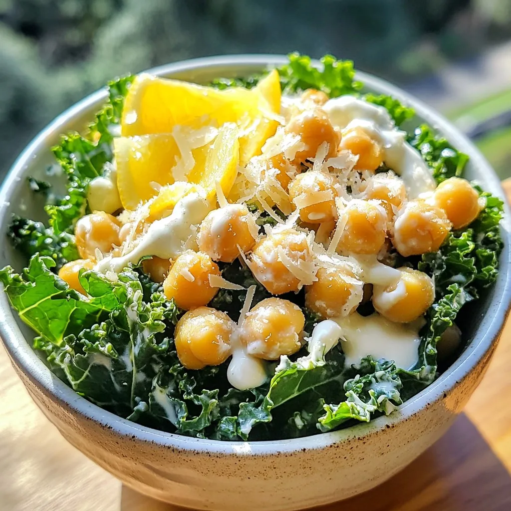 - 1 bunch of kale, stems removed and leaves finely chopped - 1 cup canned chickpeas, thoroughly rinsed and drained - 2 tablespoons olive oil Kale is the star of this dish. It gives a nice crunch and is packed with nutrients. The chickpeas add protein and a crispy texture that makes this salad special. Olive oil helps to bring out the flavors and makes everything taste great. - 1/4 cup Greek yogurt (or a preferred dairy-free yogurt) - 2 tablespoons fresh lemon juice - 1 tablespoon Dijon mustard - 1 teaspoon Worcestershire sauce For the dressing, Greek yogurt gives creaminess. It balances the tang of lemon juice. Dijon mustard adds a nice kick. Worcestershire sauce gives a depth of flavor that ties everything together. - 1 teaspoon garlic powder - 1 teaspoon smoked paprika - 1/4 cup grated Parmesan cheese (or nutritional yeast for a vegan alternative) - Black pepper and salt Seasoning is key! Garlic powder adds warmth. Smoked paprika gives a hint of smokiness. Parmesan cheese or nutritional yeast adds umami. Finally, salt and pepper enhance all the flavors. {{ingredient_image_2}} 1. Preheat your oven to 400°F (200°C). This step ensures even cooking. 2. In a mixing bowl, combine 1 cup of rinsed chickpeas with 2 tablespoons of olive oil. 3. Add 1 teaspoon of garlic powder, 1 teaspoon of smoked paprika, salt, and freshly ground black pepper to taste. 4. Toss the chickpeas well to coat each one evenly. 5. Spread the seasoned chickpeas in a single layer on a baking sheet lined with parchment paper. 6. Bake for about 25-30 minutes. Shake the pan halfway through for even crispiness. 7. Once they are golden and crunchy, take them out and let them cool. 1. In a separate bowl, whisk together 1/4 cup of Greek yogurt and 2 tablespoons of fresh lemon juice. 2. Add 1 tablespoon of Dijon mustard and 1 teaspoon of Worcestershire sauce. 3. Season with a pinch of salt and freshly cracked black pepper. 4. Whisk until the mixture is smooth. 5. If you want a lighter dressing, add a tablespoon of water at a time until it reaches your desired consistency. 1. In a large mixing bowl, add the chopped kale from 1 bunch, with stems removed. 2. Drizzle the prepared dressing over the kale leaves. 3. Using your hands, gently massage the kale for about 2-3 minutes. This softens the leaves and adds flavor. 4. Once the kale is tender, add the crispy chickpeas and 1/4 cup of grated Parmesan cheese (or nutritional yeast for a vegan option). 5. Gently toss everything together until well mixed. 6. Plate the salad and garnish with freshly cracked black pepper and some extra crispy chickpeas on top. To get your chickpeas extra crispy, follow these tips: - Use a hot oven. Preheat your oven to 400°F (200°C). A hot oven helps to dry out the chickpeas, making them crunchy. - Spread evenly. Lay the chickpeas in a single layer on your baking sheet. This helps them cook evenly. - Shake the pan. Halfway through baking, shake the pan. This movement turns the chickpeas and ensures they crisp up all around. Crispy chickpeas add a great texture to your salad. If you skip this step, they may come out soft. You can boost the flavor of your Caesar dressing with simple tweaks: - Add a dash of hot sauce. A few drops can bring a nice kick to the dressing. - Try fresh herbs. Chopped parsley or basil can add freshness to your mix. - Adjust the thickness. If your dressing is too thick, add water a little at a time. Whisk until it’s just right for you. A well-flavored dressing makes the salad shine. Experiment with these tips to find your perfect blend. Massaging kale is key to making it tender: - Use your hands. Drizzle the dressing over the kale, then gently squeeze and rub the leaves for about 2-3 minutes. - Focus on the stems. They are tougher, so spend extra time on those parts. Massaging breaks down the fibers in the kale. This makes it softer and more enjoyable to eat. You’ll notice a big difference in taste! Pro Tips Chickpea Crispiness: To ensure your chickpeas are extra crispy, make sure they are thoroughly dried after rinsing. Pat them dry with a paper towel before seasoning and roasting. Kale Massaging: Massaging the kale not only softens it but also enhances its flavor. Don’t rush this step; take your time to really break down the leaves for a better texture. Dressing Consistency: Adjust the dressing’s thickness to your preference. Start with the recommended ingredients and add water gradually until you reach the desired consistency for better coating of the salad. Garnishing for Appeal: For a visually stunning presentation, sprinkle additional Parmesan or nutritional yeast on top, and consider adding a few slices of lemon for an attractive and zesty garnish. {{image_4}} You can easily make this salad vegan. For the yogurt, use a dairy-free option like coconut yogurt. It adds creaminess without dairy. For cheese, switch to nutritional yeast. It gives a cheesy flavor and is plant-based. To make the dressing fully plant-based, replace the Worcestershire sauce with a vegan version. Many stores offer this, so check labels! This keeps your dressing tasty and vegan-friendly. Want to add more protein? Consider adding cooked quinoa or tofu. They blend well with kale and chickpeas. You can also toss in avocado for creaminess. It makes the salad richer. For toppings, try adding sunflower seeds or pumpkin seeds. They add crunch and healthy fats. You can also mix in sliced bell peppers or shredded carrots. These add color and nutrients. In winter, add roasted sweet potatoes or Brussels sprouts. They warm up the salad and provide great flavor. In spring, consider fresh peas or asparagus. These seasonal veggies keep your salad fresh and vibrant. For summer, add ripe tomatoes or cucumbers. They add juiciness and a refreshing taste. In fall, swap in roasted butternut squash. It gives a sweet, nutty flavor that pairs nicely with the kale. Dressing can change with the seasons too. In summer, try a lighter vinaigrette with lemon and olive oil. In winter, a creamier dressing can help warm the flavors. Adjust spices based on seasonal ingredients for a unique twist! Store your Kale Caesar Salad in an airtight container. Glass or plastic containers work well. This helps keep the salad fresh and crunchy. If possible, keep the chickpeas separate. This prevents them from getting soggy. Use the salad within three days for the best taste. To reheat chickpeas, place them on a baking sheet. Use the oven at 350°F (175°C) for about 10 minutes. This keeps them crispy. If you want to refresh the salad, add a bit more dressing. This gives it a fresh taste and makes it moist again. The salad lasts about three days in the fridge. Look for signs of spoilage. If the kale turns brown or slimy, it’s time to toss it. Also, if the chickpeas lose their crunch, they may have gone bad. Always trust your nose; if it smells off, throw it away. Yes, you can swap kale for other greens. Good options include romaine, spinach, or arugula. Each has its own taste and texture. Romaine offers crunch, while spinach is soft and tender. Arugula adds a peppery kick. Choose what you like best! To make this salad gluten-free, check each ingredient. Use gluten-free Worcestershire sauce and yogurt. Most chickpeas and spices are gluten-free. Always read labels to ensure there are no hidden gluten sources. This way, everyone can enjoy the salad! Yes, you can prepare parts of this salad ahead of time. Bake the chickpeas and store them in an airtight container. You can also make the dressing and keep it in the fridge. Just wait to mix the salad until you're ready to serve. This keeps everything fresh and tasty! This blog post covered a tasty salad recipe made with fresh ingredients, crispy chickpeas, and a flavorful dressing. You learned how to prepare, toss, and serve a nutrient-packed dish. Remember, massaging kale brings out its best, and you can adjust dressings to match your taste. Feel free to try different greens, toppings, or dressings based on the season. With these tips, you can enjoy a fresh and healthy salad whenever you want. Dive in and enjoy the crunch and flavor!