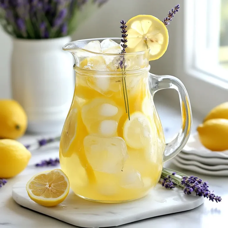 To make your Honey Lavender Lemonade, gather these simple ingredients: - 1 cup freshly squeezed lemon juice (about 4-6 medium lemons) - 1 cup pure honey - 4 cups water (2 cups hot and 2 cups cold) - 2 tablespoons dried culinary lavender flowers - Lemon slices, for garnishing - Fresh lavender sprigs, for garnishing - Ice cubes If you wish to change the sweetness, consider these options: - Agave syrup for a lighter taste - Maple syrup for a unique flavor - Stevia for a low-calorie choice These sweeteners can replace honey while still giving a nice touch to your drink. When choosing lavender, opt for culinary types. I suggest using: - English lavender, known for its sweet flavor - French lavender, which has a strong aroma - Spanish lavender, with a lovely floral taste Make sure to use dried lavender that is safe for cooking. Avoid ornamental types, as they may not be edible. {{ingredient_image_2}} To start, gather your supplies. You need a small saucepan, honey, and water. First, pour 2 cups of hot water into the saucepan. Then, add 1 cup of pure honey. Heat the mixture over medium heat. Stir until the honey dissolves completely. This step creates a sweet base for your drink. Next, add 2 tablespoons of dried culinary lavender flowers. Remove the saucepan from the heat. Cover it with a lid and let it steep for about 15 minutes. This allows the lavender to infuse its lovely flavor into the syrup. After steeping, it's time to strain the syrup. Use a fine mesh sieve to pour the syrup into a pitcher. This step removes the lavender buds and leaves you with a smooth syrup. Now, it's time to add the fun part! Pour in 1 cup of freshly squeezed lemon juice. You can squeeze about 4 to 6 medium lemons to get this amount. Next, add the remaining 2 cups of cold water to the pitcher. Stir everything well. This mixes the sweet and tart flavors. Taste your lemonade. If it’s too tart, you can add a bit more honey. If it’s too sweet, add more cold water. Adjust it to your taste! Now that your mixture is ready, it needs to chill. Place the pitcher in the refrigerator for at least 30 minutes. This step allows the flavors to blend and become even more delicious. When you’re ready to serve, grab some ice cubes. Fill each glass with ice, then pour the chilled lemonade over it. Garnish with a slice of lemon and a sprig of fresh lavender. This makes your drink look beautiful and adds a nice touch! Enjoy your refreshing honey lavender lemonade! To adjust the sweetness of your honey lavender lemonade, start by tasting it after mixing. If it feels too tart, add more honey. I suggest adding one tablespoon at a time. Stir well and taste again. You can also add more cold water if it’s too sweet. This way, you balance the flavors to suit your taste. For a great lavender infusion, use culinary lavender only. This type has the best flavor for drinks. After mixing the honey and hot water, let it steep for 15 minutes. Cover the saucepan to trap the oils. This helps the lavender flavor bloom. Strain the syrup well to remove any bits. This leaves you with a smooth base for your lemonade. To serve your honey lavender lemonade beautifully, use clear glasses. Fill them with ice cubes first. Pour the lemonade slowly over the ice. It looks nice and stays cold longer. Add a lemon slice on the rim and a sprig of fresh lavender on top. This adds a pop of color and a lovely aroma. Your drink will look as good as it tastes! Pro Tips Use Fresh Ingredients: Whenever possible, opt for fresh lemons and high-quality honey to enhance the flavor of your lemonade. Adjust to Taste: Everyone's sweetness preference varies, so taste your lemonade before serving and adjust the honey or water as needed. Chill for Best Flavor: Allowing the lemonade to chill for at least 30 minutes will improve the infusion of flavors and result in a refreshing drink. Experiment with Garnishes: Besides lemon slices and lavender, try adding fresh mint or edible flowers for a unique twist on your presentation. {{image_4}} You can switch up the flavor by using different citrus fruits. Try limes or oranges for a fun twist. Each fruit gives a unique taste. For example, lime adds a tangy kick. Oranges bring a sweet, bright note. Mix and match to find your favorite blend! Adding herbs can change the drink's flavor. Mint gives a fresh, cooling effect. To use mint, muddle a few leaves before mixing. Rosemary adds an earthy taste. Just steep a sprig in the hot water with honey. Both herbs complement lavender well, creating a new, exciting drink. If you love bubbles, make it sparkling! Use sparkling water or soda instead of still water. This adds a fizzy delight to your drink. Pour over ice and enjoy the refreshing bubbles! It’s perfect for summer parties or a sunny day. Store leftover honey lavender lemonade in a clean, airtight container. Use a glass pitcher or a jar. Keep it in the fridge to maintain freshness. Avoid adding ice to the pitcher, as it will dilute the drink. Instead, add ice to each glass when serving. Honey lavender lemonade stays fresh for about 3 to 5 days in the fridge. After that, it may lose flavor and freshness. Always check for any changes in smell or taste before drinking. If it smells off or tastes strange, it’s best to discard it. You can freeze honey lavender lemonade for later use. Pour it into ice cube trays or freezer-safe containers. This way, you can enjoy a refreshing drink anytime. When ready to use, thaw it in the fridge or blend it with fresh ice for a slushy treat. Honey Lavender Lemonade is a refreshing drink that combines lemon juice, honey, and lavender. The honey adds sweetness, while lavender gives a unique floral flavor. Together, they create a delightful drink perfect for hot days. This drink is easy to make and can be served at parties or enjoyed on your porch. To make Honey Lavender Lemonade without sugar, you can use natural sweeteners. Try using agave syrup or stevia. Both options add sweetness without refined sugar. Just replace honey with the same amount of your chosen sweetener. Adjust to taste, as some may be sweeter than honey. You can find culinary lavender in several places. Look at local farmers' markets or specialty stores. Many grocery stores also carry dried culinary lavender in the spice aisle. Ensure it is labeled for cooking. You can also buy it online from trusted retailers or herbal shops. In this blog post, we explored how to make Honey Lavender Lemonade. We covered the ingredients, including alternatives and types of lavender. I shared step-by-step instructions and helpful tips to adjust sweetness and enhance flavors. We also discussed fun variations and proper storage methods. Making this drink is easy and rewarding. You can impress friends or enjoy it alone. Don’t hesitate to experiment with flavors. Your perfect Honey Lavender Lemonade awaits!