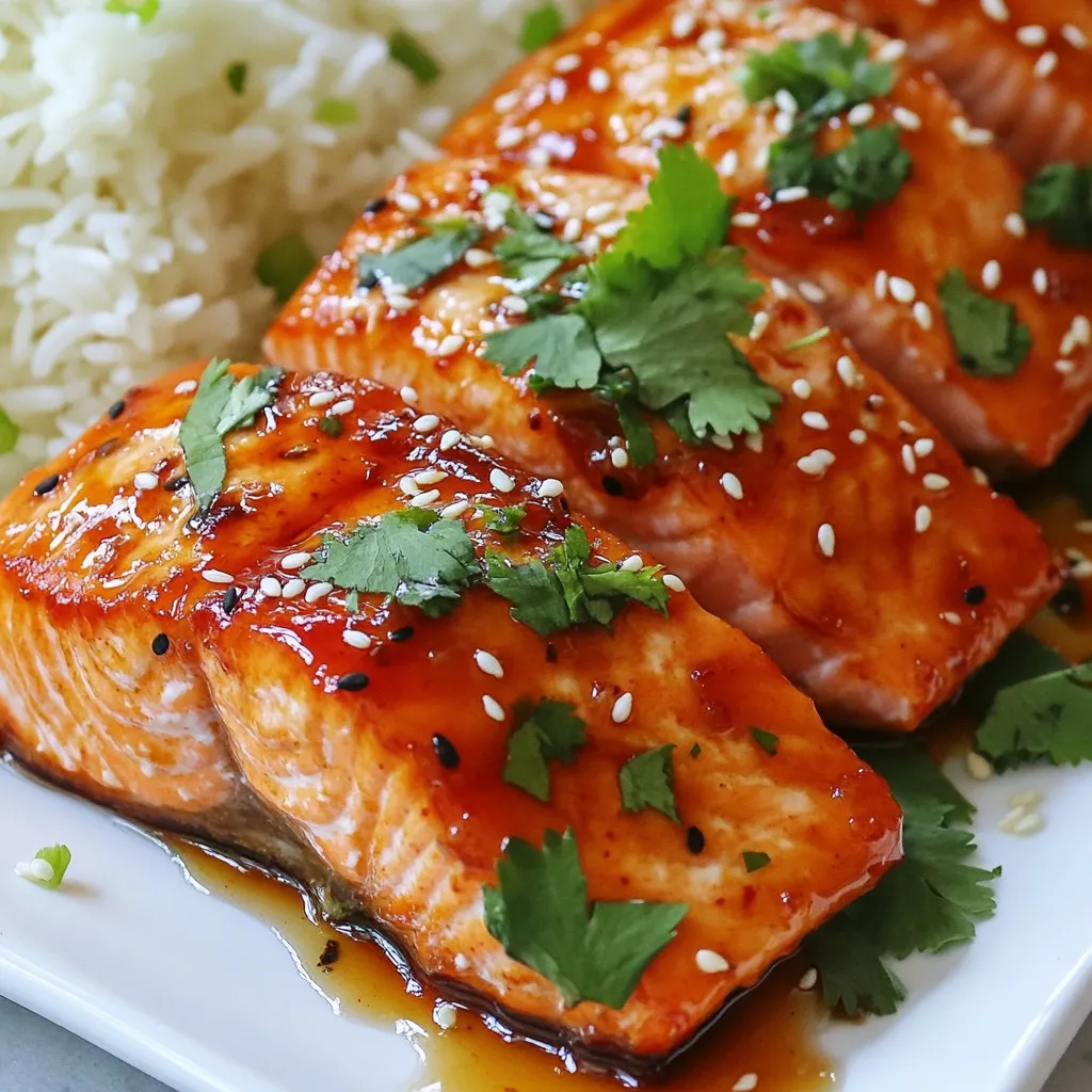 To make Sriracha Honey Glazed Salmon, you will need the following fresh ingredients: - Salmon fillets - Honey - Sriracha sauce - Soy sauce - Freshly grated ginger - Minced garlic - Lime juice - Salt and pepper - Optional garnishes (sesame seeds, cilantro) Gathering these ingredients is key to a great dish. Each one plays a role in creating that perfect balance of sweet and spicy. The salmon fillets are the star, providing a rich flavor and flaky texture. Honey adds sweetness, while Sriracha gives a spicy kick. The soy sauce brings umami depth, and ginger adds a fresh zest. Minced garlic enhances the aroma, and lime juice brightens the dish. Don’t forget to season with salt and pepper to bring out all those flavors! I also suggest using sesame seeds and cilantro for garnish. They add a lovely crunch and freshness that elevate the dish. Each ingredient works together to create a tasty, flavorful experience. {{ingredient_image_2}} In a medium bowl, combine these ingredients: - 1/4 cup honey - 2 tablespoons Sriracha sauce - 2 tablespoons soy sauce - 1 tablespoon freshly grated ginger - 2 cloves garlic, minced - Juice of 1 lime Whisk these together until smooth. You want a nice blend that coats the salmon well. First, season the salmon fillets with salt and pepper. This adds basic flavor. Next, place them in a shallow dish. Pour the marinade over the fillets. Make sure each piece is well coated. Cover the dish with plastic wrap. Let it sit in the fridge for at least 30 minutes, or up to 2 hours for more flavor. You can grill or bake the salmon. Preheat your grill or oven to 400°F (200°C). For grilling, clean and oil the grates. Cook the salmon skin-side down for 5-7 minutes on each side. Check if it's done by using a fork. It should flake easily. For baking, lay the fillets on a lined tray. Bake them for 12-15 minutes. Use a fork to check for doneness. The salmon should be fully cooked through. While the salmon cooks, take the leftover marinade. Bring it to a boil in a small saucepan. Let it simmer for 3-4 minutes until it thickens slightly. Once the salmon is done, remove it from the grill or oven. Drizzle the thickened sauce over each fillet. This adds a great flavor boost! Enjoy your tasty Sriracha honey glazed salmon! To get the best flavor from your marinade, you can adjust the spice levels. If you like it hot, add more Sriracha. If you prefer mild, use less. To enhance flavors, try adding a bit of lime zest or a splash of rice vinegar. These add depth and brightness to the taste. Avoid overcooking the salmon. Salmon cooks fast, so keep an eye on it. If grilling, cook skin-side down for 5-7 minutes per side. When baking, check for doneness after 12 minutes. The salmon should easily flake apart with a fork. Always preheat your grill or oven to 400°F (200°C) before cooking. This helps the fish cook evenly and develop a nice glaze. For a beautiful presentation, serve the salmon on a bed of fluffy jasmine rice. You can also pair it with vibrant sautéed vegetables for color. Add lime wedges on the side for a zesty burst of flavor. This not only makes the dish look great but also adds a fresh touch that complements the sweetness of the glaze. Pro Tips Marinating Time: For the best flavor, marinate the salmon for at least 1 hour. If you have the time, letting it sit for up to 2 hours will enhance the taste even more. Grilling Technique: When grilling, place the salmon skin-side down first. This helps to keep the fish moist and prevents it from sticking to the grill. Thickened Sauce: Make sure to boil the reserved marinade until it thickens. This not only intensifies the flavors but also ensures it's safe to consume. Serving Suggestions: Serve the salmon with a side of jasmine rice or sautéed vegetables for a balanced meal. Lime wedges add a zesty touch that complements the dish beautifully. {{image_4}} You can switch out honey for maple syrup or agave nectar. Both add sweetness and flavor. If you want to try a different fish, mahi-mahi or trout work well. They have a nice texture and taste that pairs with the glaze. To boost the flavor, add fresh herbs like cilantro or basil. They give a bright taste that enhances the dish. You can also try adding a pinch of cumin or smoked paprika for a unique twist. Alternatively, use different sauces like teriyaki or hoisin to change the flavor profile. You can serve Sriracha honey glazed salmon over fluffy quinoa or warm noodles. Both add a nice base. To make it a complete meal, add sides like steamed broccoli or a fresh salad. This way, you create a balanced plate that everyone will love. Leftover Sriracha honey glazed salmon lasts about 3 to 4 days in the fridge. To store it, use an airtight container. This keeps the salmon fresh and tasty. Make sure the salmon cools down to room temperature before sealing it. If you want to keep salmon longer, freezing is a great option. Wrap each salmon fillet tightly in plastic wrap, then place it in a freezer bag. This helps prevent freezer burn. You can freeze the salmon for up to 3 months. To thaw, place it in the fridge overnight. If you need it fast, put the sealed bag in cold water for about an hour. To reheat salmon, avoid the microwave if you can. It can make the fish dry. Instead, use an oven or a skillet. If using an oven, set it to 300°F (150°C) and heat for about 10-15 minutes. If using a skillet, add a bit of water or broth and cover it. This keeps moisture in and helps the salmon stay juicy. To make Sriracha honey glazed salmon, follow these steps: 1. Mix honey, Sriracha, soy sauce, ginger, garlic, and lime juice in a bowl. 2. Season salmon fillets with salt and pepper. 3. Place fillets in a dish and coat them with the marinade. Cover and refrigerate for 30 minutes to 2 hours. 4. Preheat your grill or oven to 400°F (200°C). 5. Remove salmon from the marinade and set aside the marinade. 6. Grill salmon skin-side down for 5-7 minutes per side or bake for 12-15 minutes. 7. Boil the reserved marinade in a saucepan until it thickens, about 3-4 minutes. 8. Drizzle the thickened sauce over the cooked salmon and garnish with sesame seeds and cilantro. Yes, you can use other types of fish. Here are some good options: - Trout: It has a rich flavor and cooks quickly. - Mahi-Mahi: This fish is meaty and holds up well on the grill. - Cod: A mild choice that absorbs flavors nicely. - Tilapia: Light and flaky, perfect for quick meals. Sriracha honey glazed salmon pairs well with many sides. Consider these options: - Jasmine rice: Fluffy rice balances the spicy glaze. - Steamed broccoli: Adds color and nutrition to your plate. - Mixed greens salad: A fresh salad with a citrus vinaigrette complements the dish. - Roasted sweet potatoes: Their sweetness contrasts nicely with the spicy salmon. This blog post covered a delicious Sriracha Honey Glazed Salmon recipe. We explored the key ingredients, preparation steps, and cooking methods. I shared tips for perfecting the marinade and cooking salmon without overdoing it. You can also try variations with different fish or serving styles. Remember, great food comes from experimenting and enjoying the process. Get creative with your flavors, and savor each bite of this tasty dish!