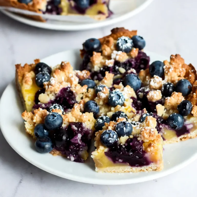 To make delicious Lemon Blueberry Crumble Bars, you need these key ingredients: - 1 ½ cups rolled oats - 1 cup all-purpose flour - ½ cup brown sugar - ½ cup granulated sugar - ½ cup unsalted butter, softened to room temperature - 1 teaspoon baking powder - ½ teaspoon salt - 1 teaspoon pure vanilla extract - 2 cups fresh blueberries, rinsed and drained - Zest of 1 lemon - 2 tablespoons freshly squeezed lemon juice - 1 tablespoon cornstarch Each ingredient plays a big role. The oats and flour form a sturdy base. The sugars add sweetness and help with texture. Butter gives richness, while baking powder helps the bars rise slightly. Salt balances the sweetness. Vanilla extract adds warmth. Blueberries bring vibrant color and flavor. Lemon zest and juice add a bright, fresh taste. Cornstarch helps to thicken the blueberry filling. These simple ingredients come together to create a tasty treat. {{ingredient_image_2}} First, preheat your oven to 350°F (175°C). This step is crucial for even baking. Next, take an 8x8 inch baking pan. Grease it well or line it with parchment paper. This makes it easy to lift the bars out later. In a large mixing bowl, gather your dry ingredients. Combine 1 ½ cups of rolled oats, 1 cup of all-purpose flour, ½ cup of brown sugar, ½ cup of granulated sugar, 1 teaspoon of baking powder, and ½ teaspoon of salt. Stir these dry ingredients well until they are mixed together. Now, add ½ cup of softened butter and 1 teaspoon of pure vanilla extract to the dry mixture. Use your hands or a fork to mix everything. Keep mixing until the texture looks like coarse crumbs or wet sand. Set aside 1 cup of this mixture for later. Press the remaining crumble mixture into the bottom of your baking pan. Make sure it is even and firm. Bake this base in the oven for 10 to 12 minutes. Look for a light golden color on the top. While the base bakes, take another bowl. Gently fold together 2 cups of fresh blueberries, the zest of 1 lemon, 2 tablespoons of freshly squeezed lemon juice, and 1 tablespoon of cornstarch. Make sure every blueberry gets coated well. After the base is done baking, remove it from the oven. Evenly spread the blueberry mixture over the hot base. Then, sprinkle the reserved crumble on top of the blueberries. Place the pan back in the oven and bake for another 20 to 25 minutes. The topping should turn golden brown, and the blueberries should bubble at the edges. Once baked, take the pan out and let it cool for at least 30 minutes. This helps the bars set up well. For the best flavor and texture, let the bars cool completely before cutting them into squares. Enjoy your delicious Lemon Blueberry Crumble Bars! When you mix the dry ingredients, make sure to break up any clumps. This helps the baking powder spread well. I like to use a whisk for this. When adding the butter and vanilla, use your hands or a fork. This gives better control and makes mixing easier. Rinse the blueberries gently to avoid bruising. After rinsing, let them drain well. You want them dry to avoid soggy bars. When mixing in the lemon juice and zest, fold carefully. This keeps the blueberries intact and adds great flavor. The crumble topping needs to resemble coarse crumbs. If it is too dry, the bars will not hold together well. If it is too wet, they may become mushy. Press the base firmly into the pan. This helps create a strong bottom layer. After baking, let the bars cool in the pan for at least 30 minutes. This helps them set properly. For best results, cool them completely before cutting. Use a sharp knife for clean edges. Dust with powdered sugar to make them look nice. Pro Tips Use Fresh Blueberries: Opt for fresh blueberries for the best flavor and texture. If using frozen, make sure to thaw and drain them thoroughly to avoid excess moisture in the filling. Butter Consistency: Ensure your butter is softened to room temperature for easier mixing. Cold butter can make it difficult to achieve the desired crumb texture. Let it Cool: Allow the bars to cool completely before slicing. This will help them set properly and prevent them from crumbling when cut. Experiment with Citrus: For a twist, try adding a bit of orange or lime zest along with the lemon for a more complex flavor profile. {{image_4}} You can change some ingredients for a healthier twist. Use whole wheat flour instead of all-purpose flour. This swap adds fiber and nutrients. If you want less sugar, use coconut sugar or maple syrup. For dairy-free options, replace the butter with coconut oil or vegan butter. You might also try applesauce for a moist texture. To boost flavor, add spices like cinnamon or nutmeg. A pinch can turn these bars into a cozy treat. You can also mix in a splash of almond extract for a nutty taste. For an extra zing, add more lemon zest or a drop of lemon oil. These small changes pack a big punch. While blueberries shine in this recipe, feel free to experiment. Raspberries, blackberries, or diced peaches can work well. Just ensure that you adjust the sugar based on the fruit's sweetness. Try using a mix of fruits for a colorful and tasty version. This keeps your baking fresh and exciting! You can store Lemon Blueberry Crumble Bars in an airtight container. Keep them at room temperature for up to three days. If you want them to last longer, place them in the fridge. They will stay fresh for about one week in the fridge. Just make sure you wrap them well to avoid drying out. To freeze these bars, first, let them cool completely. Slice them into squares and wrap each piece tightly in plastic wrap. Then, place the wrapped bars in a freezer-safe bag or container. They can be frozen for up to three months. When you want to enjoy them, just take out the bars and thaw them in the fridge overnight. If you want to warm up your bars, you can use the oven or microwave. For the oven, preheat it to 350°F (175°C). Place the bars on a baking sheet and heat for about 10 minutes. In the microwave, heat each bar for about 15-20 seconds. This brings back their soft texture and makes them taste fresh again. Lemon Blueberry Crumble Bars last about 4 to 5 days when stored in an airtight container. Keep them at room temperature for the best taste. If you want to keep them longer, place them in the fridge. This helps maintain their freshness and flavor. Yes, you can use frozen blueberries. Just make sure to thaw and drain them well before mixing. This keeps the bars from getting too watery. Frozen blueberries work great and still give you that delicious flavor. These bars pair well with a scoop of vanilla ice cream or a dollop of whipped cream. You can also enjoy them with a cup of tea or coffee. For a fun twist, serve them with a side of yogurt for breakfast. To make these bars gluten-free, swap the all-purpose flour with a gluten-free blend. Make sure the oats are certified gluten-free too. This way, everyone can enjoy these tasty bars without worry. Absolutely! You can make these bars a day in advance. Just store them as directed. This allows the flavors to meld together, making them even tastier when you serve them. You now know how to make delicious Lemon Blueberry Crumble Bars. We covered every step, from gathering the key ingredients to baking and cooling. You learned tips for mixing and handling blueberries, plus options for variations and storage. These bars are not just tasty; they can fit any diet. Remember, making them is simple, and you can enjoy them fresh or stored for later. Get ready to impress your friends and family with your baking skills!