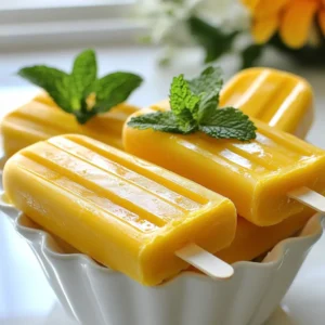 - 2 ripe mangoes, peeled and diced - 1 cup plain yogurt (Greek yogurt option) - &frac12; cup coconut milk (or almond milk) - &frac14; cup honey or agave syrup - 1 teaspoon ground cardamom (or cinnamon) - 1 tablespoon fresh lime juice - A pinch of salt - Fresh mint leaves for garnish The core of my creamy mango lassi pops comes from ripe mangoes. They bring sweetness and a vibrant flavor. I love using mangoes that are soft to the touch. This ensures they blend smoothly. Next, I add plain yogurt. Greek yogurt gives a thicker texture, making the pops extra creamy. If you prefer a lighter version, use regular yogurt. Coconut milk adds a rich creaminess and a slight nutty taste. You can swap it for almond milk if that's your choice. For sweetness, I use honey or agave syrup. Adjust the amount based on your taste. I find that &frac14; cup is just right, but you can add more if you like it sweeter. Ground cardamom is my go-to spice for these pops. It gives a warm flavor. If you want a different taste, feel free to use cinnamon instead. Fresh lime juice adds a zing that balances the sweetness. A pinch of salt enhances all the flavors, making each bite delicious. I finish with fresh mint leaves for garnish. They add a pop of color and a nice aroma. This simple yet refreshing recipe is perfect for hot summer days! {{ingredient_image_2}} Start by gathering your ingredients. You will need ripe mangoes, plain yogurt, coconut milk, honey, ground cardamom, lime juice, and a pinch of salt. In a high-speed blender, combine these ingredients. Blend them on high until the mixture becomes smooth and creamy. Make sure there are no chunks of mango left. This step is key for a velvety texture. After blending, taste the mixture. If you want it sweeter, add more honey or agave syrup. Blend briefly to mix it well. Now, carefully pour this creamy mango lassi mixture into popsicle molds. Leave a small gap at the top of each mold. This gap allows for expansion as they freeze. Next, insert the popsicle sticks into the molds. Make sure they stand upright. After that, transfer the molds into the freezer. Let them freeze for at least six hours, or until completely solid. Once frozen, it's time to release the popsicles. To do this, run warm water over the outside of the molds for a few seconds. This helps loosen them. Then, gently pull the pops out. Present your popsicles with style. Garnish each one with fresh mint leaves. This adds a pop of color and a nice aroma. Enjoy your refreshing summer treat! To create the smoothest mango lassi pops, use ripe mangoes. They blend better and add natural sweetness. When you mix your ingredients, ensure no chunks of mango remain. Blend on high until the mixture is velvety and creamy. If you want a sweeter taste, you can add honey or agave syrup. Taste the mixture before freezing. Blend again briefly after adding sweetener to make sure it mixes well. For the best results, freeze your pops for at least six hours. This ensures they become solid and hold their shape when you remove them. Place the popsicle molds in the coldest part of your freezer for even freezing. This way, your pops will be ready to enjoy when you want a cool treat. When serving your creamy mango lassi pops, presentation matters. Use fresh mint leaves as a garnish. This adds a lovely touch of color and a refreshing aroma. You can also place the pops in fun cups or bowls. This makes eating them even more enjoyable. Enjoy your pops on a hot day with friends or family! Pro Tips Choose the Right Mangoes: Opt for ripe, juicy mangoes for the best flavor. The sweeter and more fragrant the mango, the better your popsicles will taste. Experiment with Flavors: Feel free to add other fruits like pineapple or bananas to the mixture for a unique twist on the classic mango lassi flavor. Perfecting the Creaminess: Using Greek yogurt adds a rich, creamy texture. If you want a lighter version, almond milk is a great alternative to coconut milk. Garnish for Presentation: Adding fresh mint leaves not only enhances the visual appeal but also adds a refreshing aroma that complements the mango flavor beautifully. {{image_4}} You can change the taste of your mango lassi pops by using different fruits. Pineapple adds a tangy twist. Berries like strawberries or blueberries can give a vibrant color. Each fruit brings unique flavors and fun options. You can also switch sweeteners if you want. Try maple syrup or even stevia. This way, you can customize the pops to match your taste. If you prefer a dairy-free version, it's simple to make. Substitute plain yogurt with coconut yogurt or almond yogurt. Use almond milk instead of coconut milk for a lighter touch. These swaps keep the pops creamy while making them vegan-friendly. To elevate your pops, consider adding spices or zest. Ground cardamom gives a warm, fragrant note. You can swap it for cinnamon if you like. Adding a bit of lime zest brightens the flavor. These extra touches can make your pops even more exciting and tasty. To keep your popsicles fresh, store them in an airtight container or a zip-top bag. Make sure to remove as much air as possible. This helps prevent freezer burn and keeps the pops creamy. Label the container with the date so you know when you made them. Place the popsicles in the back of the freezer, where it is coldest. These creamy mango lassi pops stay tasty for about 1 to 2 months in the freezer. After that time, they may lose some flavor and texture. For the best taste and quality, enjoy them within this time frame. You can refreeze popsicles if they have melted slightly. However, avoid letting them sit out too long. Refreezing can change the texture, making them grainy instead of creamy. To keep them at their best, try to eat them right after thawing. Mango lassi pops need at least 6 hours to freeze solid. This time ensures they hold their shape and have a nice texture. If you can wait longer, overnight freezing is even better. This way, you get a perfect treat for a hot day. Yes, you can make mango lassi pops without yogurt. Try using a dairy-free yogurt or a plant-based option like coconut cream. This keeps the creaminess while making it suitable for those who avoid dairy. Just make sure to adjust the sweetness level to your taste. If you want to avoid honey, use agave syrup or maple syrup. Both options work well and add a nice sweetness. You can also try using date syrup for a different flavor. Adjust the amount based on your personal taste preferences. Absolutely! Frozen mango is a great option. It can add a thicker texture to the pops. Just be sure to let the mango thaw slightly before blending. This helps the blender mix the ingredients smoothly and gives you a creamy result. Mango lassi pops are a fun and tasty treat. We explored simple ingredients like ripe mangoes, yogurt, and coconut milk. You learned how to blend, freeze, and serve these pops. I shared tips for getting the best texture and sweetness. We also discussed variations and storage methods. Try these ideas to make your pops unique. Enjoy the refreshing taste of summer all year long!