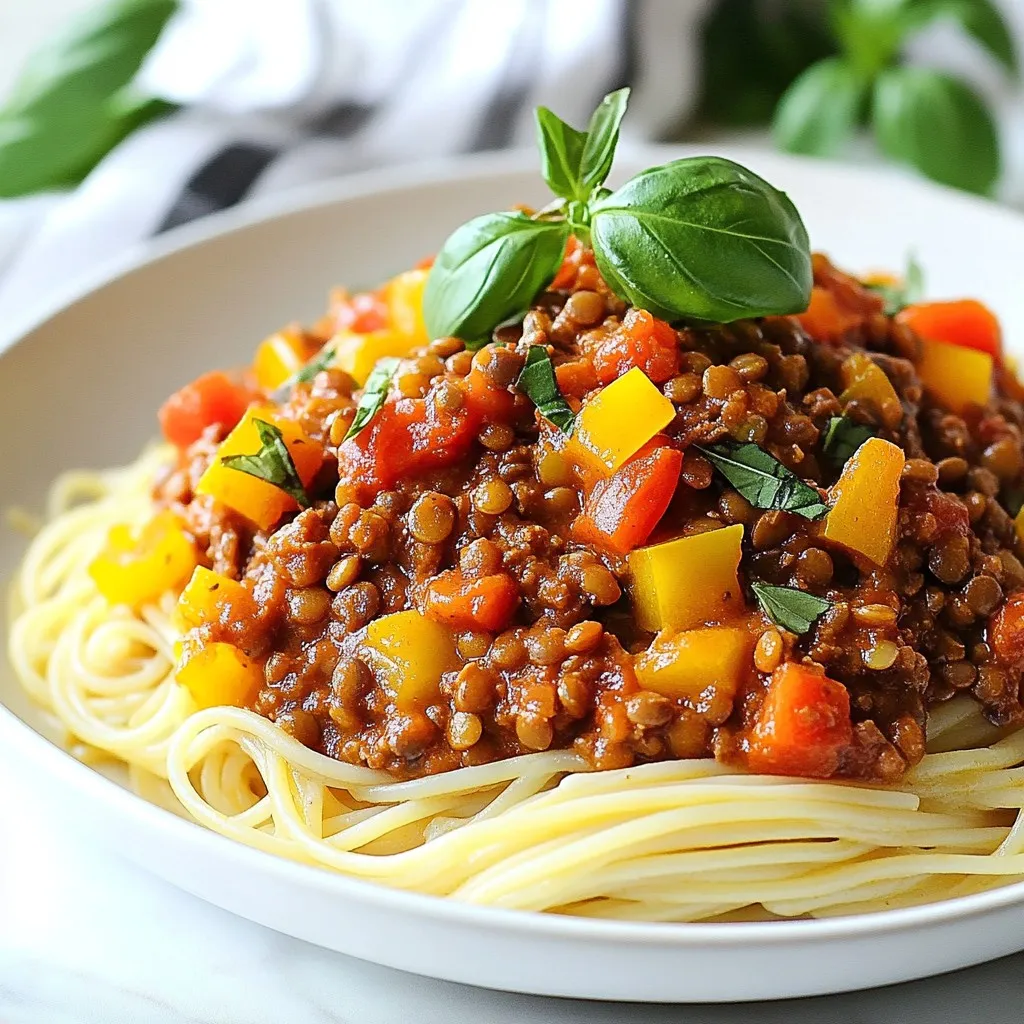 To make a rich and hearty vegan lentil Bolognese, you need a few key ingredients. Here’s what you will need: - 1 cup of green or brown lentils, thoroughly rinsed - 2 tablespoons of extra virgin olive oil - 1 large onion, finely diced - 2 cloves of garlic, minced - 1 medium carrot, finely chopped - 1 celery stalk, finely chopped - 1 red bell pepper, diced into small pieces - 1 can (14 oz) of crushed tomatoes, with juice - 1 tablespoon of concentrated tomato paste - 1 teaspoon of dried oregano - 1 teaspoon of dried basil - ½ teaspoon of smoked paprika for depth of flavor - Salt and freshly cracked black pepper to taste - 2 cups of vegetable broth (low-sodium preferred) - Fresh basil leaves, for garnish - Your preferred pasta, cooked (spaghetti, penne, fusili, etc.) Each ingredient plays a role in building flavor. Lentils provide protein and heartiness. The vegetables add texture and sweetness. Spices and tomato products bring warmth and richness. Use fresh basil for a burst of flavor at the end. This mix of ingredients makes a meal that is not only filling but also full of taste. Enjoy the process of gathering these items and feel excited to create something special! {{ingredient_image_2}} - Rinsing lentils: Start by placing one cup of lentils in a fine-mesh strainer. Rinse them under cold water. This step removes dirt and small stones. Rinsing also helps improve the taste. - Chopping vegetables: Next, chop your veggies. Finely dice one large onion. Mince two cloves of garlic. Chop one medium carrot and one celery stalk. Lastly, dice one red bell pepper. These veggies add rich flavor to your sauce. - Sautéing aromatics: In a large pot, heat two tablespoons of olive oil over medium heat. Once the oil shimmers, add the onion, garlic, carrot, and celery. Sauté for 5-7 minutes. Stir occasionally until the onion becomes soft and translucent. - Combining ingredients: Now, add the diced red bell pepper to the pot. Cook for another 3 minutes until it softens. Next, pour in the rinsed lentils, 14 oz of crushed tomatoes with juice, one tablespoon of tomato paste, and two cups of vegetable broth. Stir in one teaspoon each of dried oregano and dried basil. Add ½ teaspoon of smoked paprika, salt, and pepper. - Simmering the sauce: Increase heat to bring the mixture to a gentle boil. Then, reduce the heat to low and cover the pot. Let it simmer for 30-35 minutes. Stir occasionally to keep it from sticking. The lentils should be tender and the sauce thickened. If it gets too thick, add a little more broth or water. - Recommended pasta types: For serving, you can use any pasta you like. Spaghetti, penne, or fusilli work great. Cook your pasta according to package directions. - Garnishing with fresh basil: To finish, spoon the lentil Bolognese over your pasta. Add a few fresh basil leaves on top. This adds a pop of color and fresh flavor. Enjoy your hearty meal! - Ensuring perfect lentil texture: Use green or brown lentils. They hold their shape well. Rinse them thoroughly before cooking to remove any dirt. Simmer them for 30-35 minutes. This will give you a tender yet firm texture. Stir occasionally to prevent sticking and keep an eye on the time. - Adjusting sauce consistency: If your sauce is too thick, add more vegetable broth or water. Stir well to mix. If it's too thin, let it simmer longer with the lid off. This will help the sauce thicken. Taste it as you go, so you can adjust to your liking. - Presentation ideas: Serve the pasta in warmed bowls. Twirl a serving of pasta with a fork for height. This makes the dish look fancy. Finish with a drizzle of olive oil and a sprinkle of crushed red pepper for color and flavor. Fresh basil leaves on top add a pop of green. - Enhancing flavor with extras: Add a splash of balsamic vinegar for a tangy kick. Nutritional yeast can give a cheesy flavor without dairy. Consider serving with a side salad for a complete meal. These small touches can elevate your Vegan Lentil Bolognese. Pro Tips Use Fresh Herbs: Fresh basil added at the end of cooking enhances the flavor of the dish significantly compared to dried herbs. Cook Lentils Perfectly: Rinse lentils thoroughly before cooking to remove impurities and achieve a better texture. Add a Splash of Wine: For a deeper flavor, add a splash of red wine to the sauce while simmering. Serve with Fresh Bread: Pair the dish with a side of crusty bread to soak up the delicious Bolognese sauce. {{image_4}} You can change the protein in your lentil Bolognese. Try using different lentils or beans. Black beans or chickpeas work well. They add flavor and texture. You can also mix lentils with quinoa or tempeh. Both options boost the protein while keeping it plant-based. Feel free to swap in seasonal veggies. Zucchini or spinach are great choices. They add color and nutrients. Mushrooms also enhance the dish. They provide a meaty texture and deep flavor. Just chop them up and add them with your other veggies. Herbs can change the taste of your Bolognese. Fresh parsley or thyme adds bright notes. You can also play with spices. Chili flakes add heat, while cinnamon gives warmth. Experiment until you find your perfect blend. Each change can make your meal unique and exciting. To store your leftover lentil Bolognese, let it cool first. Then, place it in an airtight container. This helps keep it fresh. You can keep it in the fridge for up to five days. Make sure to label the container with the date. This way, you won’t forget when you made it. If you want to freeze your lentil Bolognese, use freezer-friendly containers. Leave some space at the top, as the sauce may expand when frozen. It can last up to three months in the freezer. When you're ready to eat, thaw it in the fridge overnight. You can also warm it on the stove or in the microwave. Just stir it well to heat evenly. Yes, lentil Bolognese is very healthy. Lentils are packed with protein and fiber. They help keep you full and satisfied. They also provide essential vitamins and minerals. Here are some key benefits: - High in Protein: Lentils offer a great plant-based protein source. - Rich in Fiber: This helps with digestion and keeps you full longer. - Low in Fat: Lentils are naturally low in fat. - Nutrient Dense: They contain iron, potassium, and folate, which are essential for health. Absolutely, you can make lentil Bolognese gluten-free. Simply swap out the pasta for gluten-free options. Here are some ideas: - Zucchini Noodles: Use spiralized zucchini for a fresh twist. - Gluten-Free Pasta: Look for brands that offer gluten-free pasta made from rice or quinoa. - Polenta: Cooked polenta can be a hearty base for the sauce. Lentil Bolognese lasts in the fridge for about four to five days. Make sure to store it in an airtight container. Here are some tips for storing: - Cool Before Storing: Let it cool to room temperature first. - Label and Date: Write the date on the container so you remember when it was made. - Reheat Wisely: When reheating, add a splash of broth to keep it moist. Lentil Bolognese packs flavor and nutrition. You learned how to prepare fresh ingredients, mix spices, and create a sauce. We also explored tips for making your dish perfect and how to serve it well. With variations for proteins and veggies, this dish can fit any taste. Finally, I covered storage for leftovers to enjoy later. Lentil Bolognese is a healthy, tasty choice you can customize. Try it, and see how easy it is to make a satisfying meal.