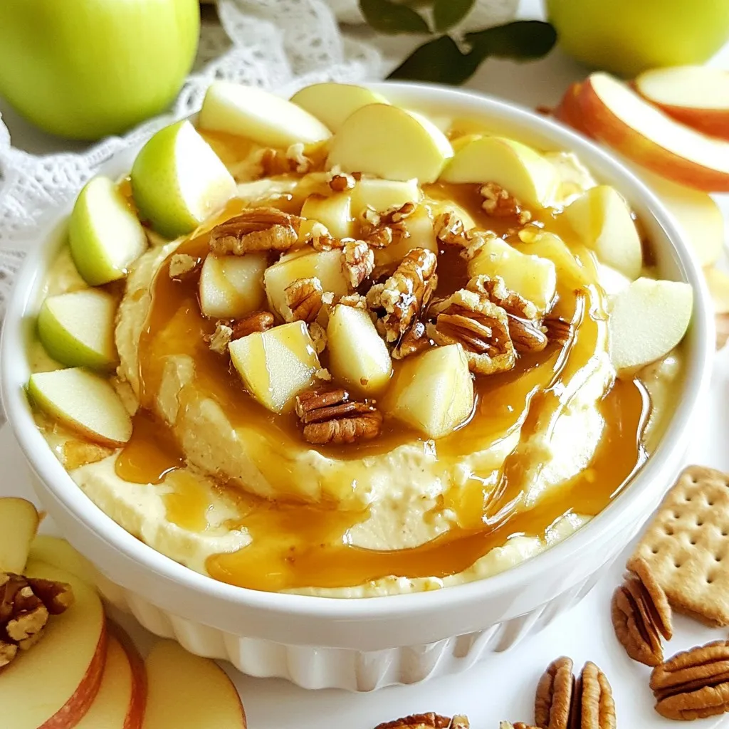 To make this creamy dip, you need the following key ingredients: - 8 oz cream cheese, softened - 1 cup powdered sugar, sifted - 1 teaspoon pure vanilla extract - 1/2 cup sour cream - 1 cup finely chopped apples - 1/2 teaspoon ground cinnamon - 1/2 cup caramel sauce, plus extra for topping - 1/2 cup chopped pecans or walnuts (optional) - Freshly sliced apples and graham crackers for dipping These ingredients combine to create a rich and smooth dip that everyone loves. The cream cheese gives it a creamy base, while the powdered sugar adds sweetness. The vanilla and sour cream enhance the flavor and texture. For this dip, I suggest using Granny Smith or Honeycrisp apples. These apples are tart and crunchy. Their flavor balances the sweetness of the caramel. You can chop them finely to mix well in the dip. You can also serve extra apple slices for dipping. The tartness of the apples complements the sweet and rich flavors of the dip. If you want to get creative, consider adding chopped pecans or walnuts. They bring a nice crunch to the dip. You can also try mixing in some mini chocolate chips for a sweet twist. A pinch of nutmeg can add warmth, too. Feel free to experiment and find your favorite flavor combinations! {{ingredient_image_2}} Start by taking your cream cheese out. Let it sit at room temperature for a bit. Soft cream cheese mixes better. In a large bowl, use a hand mixer to whip the cream cheese. Beat it until it is smooth and creamy. You want to avoid lumps. This step is key for a good dip. Next, add the sifted powdered sugar slowly. Keep mixing until it is well blended. The mixture should feel light and fluffy. Then, pour in the vanilla extract and sour cream. Mix again until it becomes velvety. The sour cream adds a nice creaminess. Now it's time to add some fun flavors. Gently fold in your finely chopped apples. I like to use Granny Smith or Honeycrisp for a tart touch. Sprinkle in the ground cinnamon next. This brings warmth and depth to the dip. Mix carefully to keep the apples from breaking down. Then, drizzle in the caramel sauce. Use a spatula to swirl it in gently. You want to create a beautiful marbled effect. Don't mix it too much; you want to see those caramel ribbons. If you like, mix in the chopped pecans or walnuts. They add a nice crunch to the creamy dip. Now, scoop the dip into a serving bowl. Drizzle extra caramel sauce on top for a sweet finish. This makes it look even more tempting. For serving, arrange freshly sliced apples and graham crackers around the bowl. This makes a delightful presentation. You can even add a small jar of caramel for guests to drizzle more. It’s a fun way to enjoy this dessert! To get the best texture for your dip, start with room temperature cream cheese. This helps it blend smooth and creamy. Use a hand mixer on medium speed. Mix until there are no lumps left. When you add powdered sugar, do it slowly. This keeps the mixture light and fluffy. After mixing in the sour cream and vanilla, it should feel velvety. Be gentle when folding in the apples and cinnamon. You want them mixed in, but not mashed. Finally, swirl in the caramel sauce without fully blending it. This creates a fun marbled look and keeps the dip light. This dip tastes great with fresh, sliced apples. Granny Smith or Honeycrisp apples add a nice tartness. You can also use graham crackers for a crunchy contrast. For something different, try pretzel sticks. They add a salty bite that pairs well. If you want to impress, serve with mini cookies too. These dippers make every bite fun and exciting! Presentation is key to impressing your guests. Start by drizzling extra caramel sauce on top. It adds a sweet touch and looks beautiful. Sprinkling chopped pecans or walnuts on top gives extra crunch and color. You can also add a sprinkle of cinnamon for warmth. For a rustic look, use a nice bowl and arrange the dippers around it. A small jar of caramel on the side lets guests drizzle as they like. This makes your dip not only taste great but look stunning too! Pro Tips Choose the Right Apples: Opt for tart apples like Granny Smith or Honeycrisp to balance the sweetness of the dip and enhance the overall flavor profile. Soften Cream Cheese Properly: Make sure the cream cheese is at room temperature before mixing to ensure a smooth, lump-free texture in your dip. Customize Your Nuts: Feel free to use your favorite nuts; pecans add a rich flavor while walnuts provide a milder taste, both enhancing the dip's texture. Make Ahead of Time: Prepare the cheesecake dip a few hours in advance and refrigerate it. This allows the flavors to meld beautifully before serving. {{image_4}} You can switch up the apples in this dip. Try using pears for a softer bite. Peaches add sweetness and a juicy flavor. You can even use berries like strawberries or raspberries. These fruits mix well with the creamy dip and add color. Feel free to experiment! To make this dip vegan, swap the cream cheese for a vegan cream cheese. Use coconut cream for a rich texture. Replace sour cream with cashew cream or dairy-free yogurt. Ensure the caramel sauce is vegan too. This way, everyone can enjoy this tasty treat! Add spices to create new flavors. A pinch of nutmeg gives warmth, perfect for fall. Try adding a splash of maple syrup for extra sweetness. You can also mix in a bit of orange zest for a refreshing twist. These little changes can make the dip even more special! To keep your Caramel Apple Cheesecake Dip fresh, store it in an airtight container. Make sure to cover it tightly. This way, it won't absorb any strong odors from your fridge. It will stay good for about three days. If you notice any change in color or smell, it's best to toss it. Freezing this dip is a bit tricky. The cream cheese and sour cream can change texture when frozen. If you want to freeze it, place it in a freezer-safe container. Use plastic wrap to cover it before sealing the lid. It can last up to a month. When you want to enjoy it, thaw it in the fridge overnight. You don't need to reheat this dip. It tastes best served cold or at room temperature. If you prefer it warm, use the microwave. Heat it in short bursts, stirring in between. Be careful not to overheat. This dip should remain creamy, not hot and runny. Yes, you can make this dip ahead. It stays fresh for a few days. Just store it in an airtight container in the fridge. This helps the flavors blend well. If you do this, wait to add the caramel drizzle until just before serving. This keeps the dip looking nice and fresh. If you need a cream cheese substitute, try using Greek yogurt. It gives a tangy taste. You can also use mascarpone cheese for a richer flavor. Both options will work well, but they may change the dip's texture slightly. Just make sure whatever you choose is smooth so it mixes well. The dip can last for about 3 to 5 days in the fridge. Make sure to keep it in an airtight container. If you see any changes in smell or texture, it’s best to toss it. Always check the dip before serving, especially after a few days. This will help you enjoy it at its best! Caramel Apple Cheesecake Dip combines sweet, tangy, and creamy flavors. You learned about key ingredients, apples that add tartness, and optional mix-ins for more flavor. We detailed step-by-step instructions for making this tasty dip. I shared tips to get the perfect texture and ideas for serving. Don’t forget the variations and storage tips for the leftovers. This dip is easy, fun, and sure to impress. Enjoy making it for any occasion!