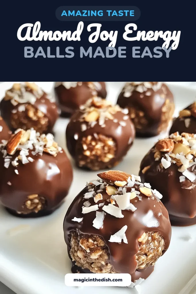 Discover the deliciousness of Almond Joy energy balls, the perfect healthy snack recipe! These no-bake energy balls are packed with oats, almond butter, coconut, and chocolate, making for irresistible vegan energy bites that satisfy your sweet tooth. They're easy to make and full of nutritious ingredients. Try this Coconut Chocolate energy balls recipe today and enjoy a healthy treat! Save this for later! #AlmondJoyEnergyBalls #HealthySnackRecipes #VeganEnergyBites #NoBakeEnergyBalls