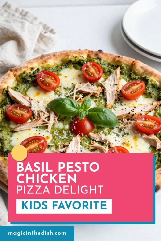 Indulge in delicious Basil Pesto Chicken Pizza with this easy homemade pizza recipe! Perfect for any night, this fresh basil pesto pizza features juicy chicken, melty mozzarella cheese, and vibrant cherry tomatoes. Ready in just 25 minutes, this easy chicken pizza will impress everyone. Elevate your dinner with this flavorful mozzarella cheese pizza recipe! Try it today! #BasilPestoChickenPizza #HomemadePizza #EasyChickenPizza #FreshBasilPestoPizza