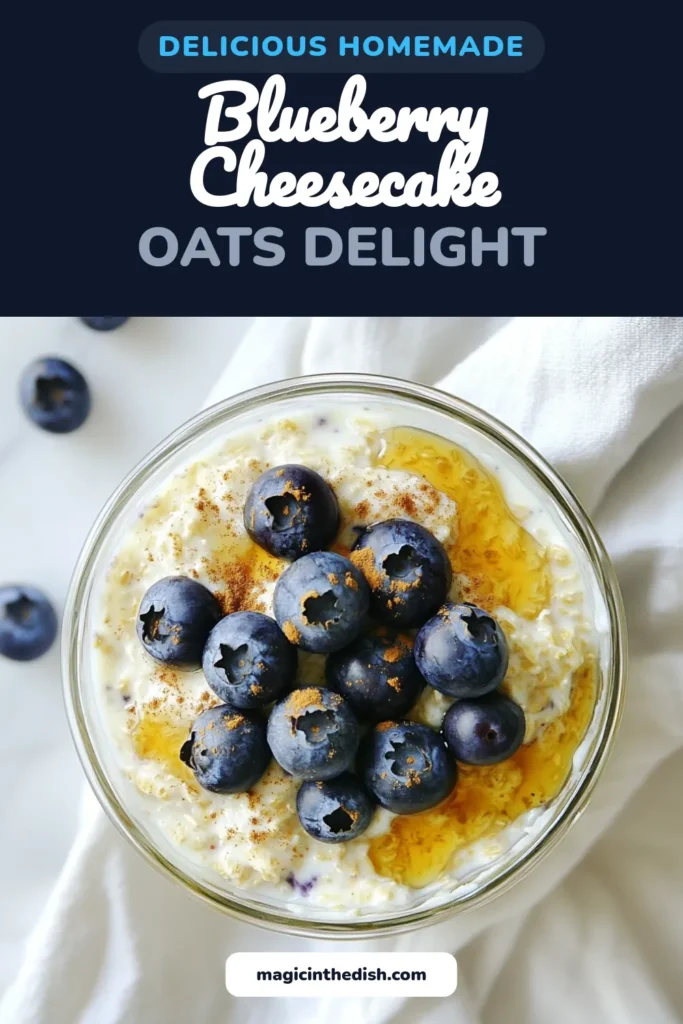 Start your day with these delicious blueberry cheesecake overnight oats! This healthy overnight oats recipe features creamy Greek yogurt, fresh blueberries, and a touch of maple syrup, making it perfect for busy mornings. Enjoy this easy breakfast idea that you can prep ahead. Layered in a jar, it looks as good as it tastes! Try this make-ahead oatmeal recipe today for a nutritious start. Save for later! #BlueberryCheesecakeOvernightOats #HealthyBreakfast #OvernightOats #MakeAheadMeals