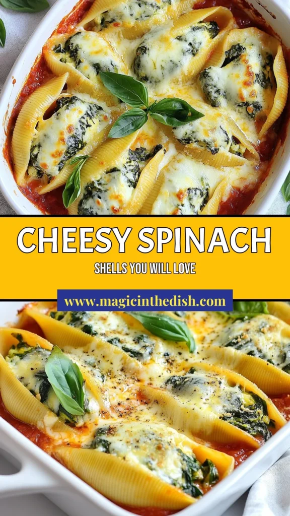 Discover the delicious world of Cheesy Spinach Stuffed Shells with this easy, vegetarian jumbo pasta shell recipe. Packed with fresh spinach, ricotta, and mozzarella, these Spinach Stuffed Pasta Shells are sure to be a hit at your dinner table. Ideal for quick meals, this Easy Cheesy Spinach Recipe takes just 50 minutes from prep to plate. Perfect for family gatherings or cozy nights in. Try it today and impress your loved ones! #CheesySpinachStuffedShells #VegetarianStuffedShells #JumboPastaShellRecipe #PastaRecipes.