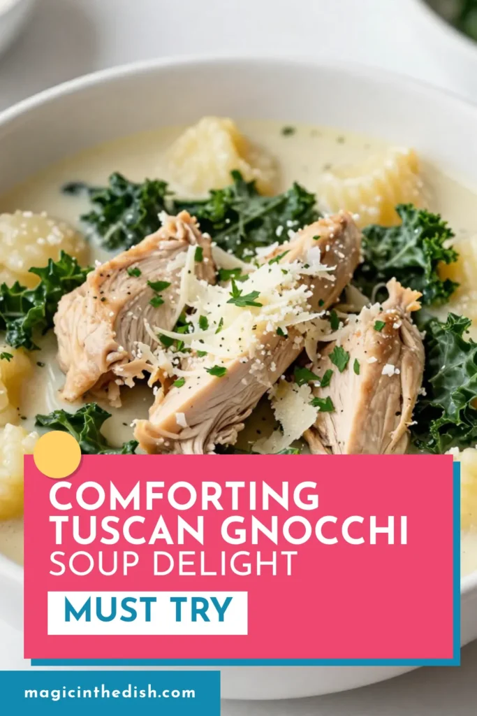 Warm up with this delicious Tuscan chicken soup featuring tender chicken and soft gnocchi! This creamy chicken soup is easy to make in one pot, perfect for a cozy meal. Packed with flavors and nutrients from fresh veggies and kale, this chicken gnocchi soup will become a family favorite. Try this simple gnocchi soup recipe today and enjoy hearty comfort food! Save this recipe for later! #TuscanChickenSoup #GnocchiSoupRecipe #CreamyChickenSoup #OnePotGnocchiSoup