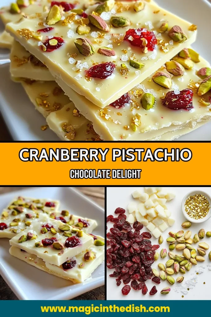 Indulge in the festive flavors of this Cranberry Pistachio White Chocolate Bark! This easy chocolate snacks recipe blends creamy white chocolate, tart cranberries, and crunchy pistachios for a delicious holiday treats recipe that everyone will love. Perfect for sharing or gifting, this festive chocolate bark is simple to make and sure to impress. Save this delightful White Chocolate Bark Recipe for your next celebration! #ChocolateBark #HolidaySnacks #EasyRecipes #SweetTreats