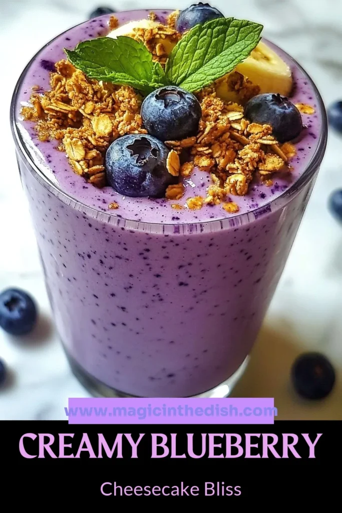 Indulge in a delicious and healthy blueberry cheesecake smoothie! This easy smoothie with granola combines frozen blueberries, cream cheese, and ripe banana for a creamy treat. Perfect for breakfast or a snack, this healthy blueberry smoothie will satisfy your cravings. Whip up this cream cheese smoothie recipe in just 5 minutes and garnish with granola for added crunch. Ready to blend? Save this recipe and enjoy! #BlueberryCheesecakeSmoothie #HealthySmoothie #SmoothieRecipe #GranolaToppings