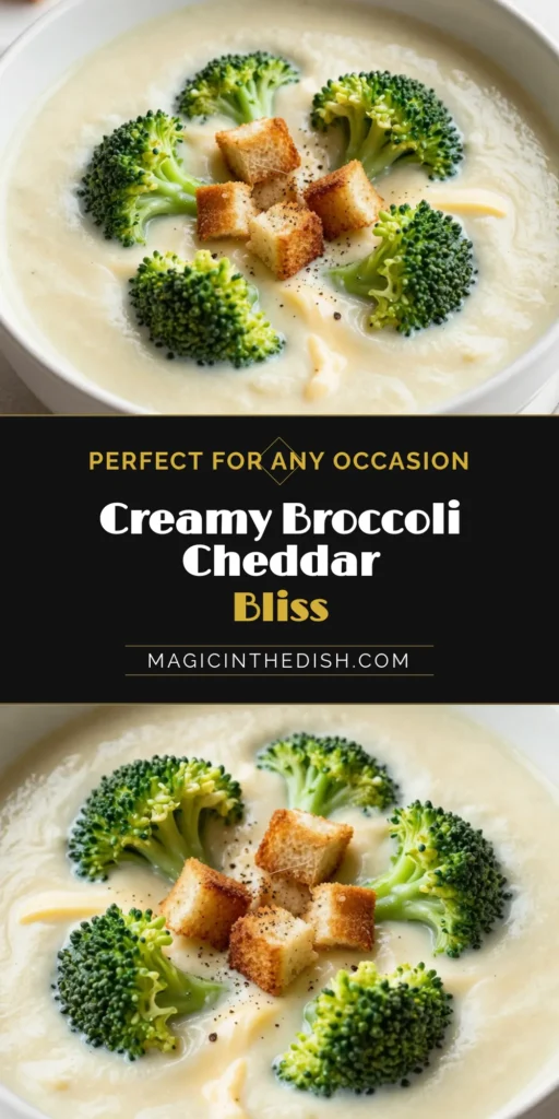 Discover the ultimate creamy broccoli soup recipe with this Cheddar Broccoli Soup! Perfectly blending fresh broccoli and rich sharp cheddar, this easy creamy soup is designed for comfort and flavor. Made with vegetable broth, it's a delightful vegetarian soup recipe sure to impress. Whip up this velvety delight in just 35 minutes and enjoy a warm bowl today! Save this recipe for your next meal! #CheddarBroccoliSoup #SoupRecipes #EasyCreamySoup #VegetarianRecipes