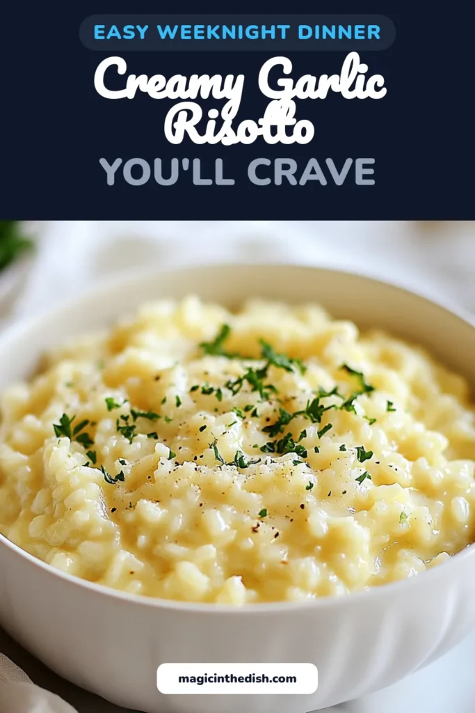 Indulge in this Creamy Garlic Parmesan Risotto, your new favorite Garlic Risotto Recipe! This easy risotto recipe features Arborio rice for a rich, creamy texture that vegetarians will love. Perfect for any meal, this vegetarian risotto pairs beautifully with your favorite veggies. In just 30 minutes, you'll have a delicious Arborio rice dish that's sure to impress! Save this recipe for a cozy night in! #CreamyParmesanRisotto #GarlicRisottoRecipe #EasyRisottoRecipe #VegetarianRisotto