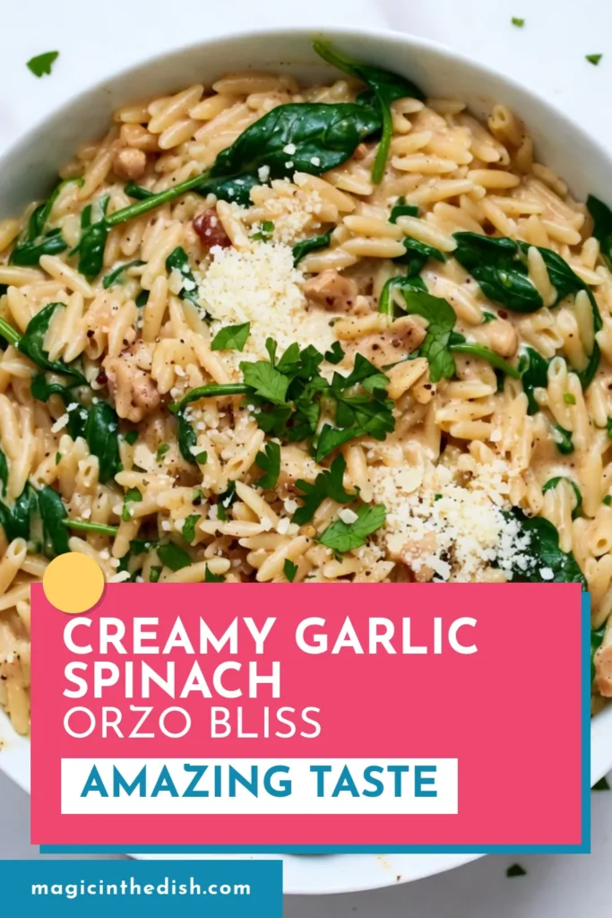 Indulge in this creamy garlic spinach orzo dish that's perfect for any meal! This easy garlic orzo recipe features tender orzo pasta, fresh spinach, and a rich creamy sauce, making it a standout in the world of orzo pasta recipes. Vegetarian creamy orzo has never been simpler or more delicious. Ready in just 25 minutes, it's perfect for busy weeknights. Save this recipe for a delightful vegetarian treat! #CreamyGarlicSpinachOrzo #OrzoPastaRecipes #VegetarianCooking #EasyDinnerIdeas