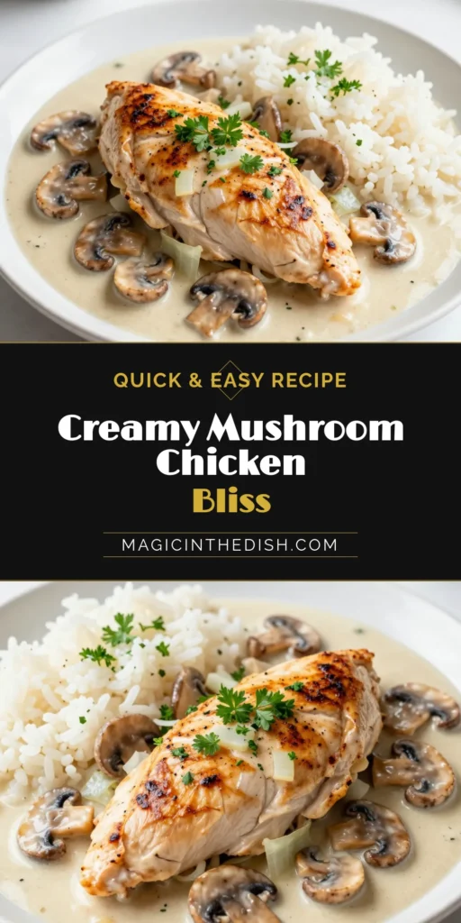 Indulge in this creamy mushroom chicken recipe that's perfect for an easy dinner! This one skillet chicken meal features tender chicken breast with mushroom sauce, making it a delightful option for busy weeknights. With simple ingredients and quick steps, you'll have a rich, creamy chicken dish ready in no time. Save this recipe for a satisfying family dinner! #CreamyMushroomChicken #EasyDinnerRecipes #OneSkilletMeal #CreamyChickenDishes