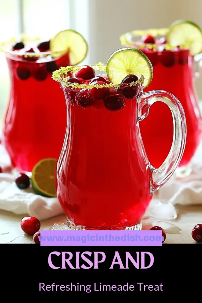 Quench your thirst this summer with a sparkling cranberry limeade! This refreshing non-alcoholic drink blends unsweetened cranberry juice and freshly squeezed lime juice, making it the perfect homemade limeade recipe. Ideal for gatherings, this easy cranberry limeade recipe takes just 10 minutes to prepare and is sure to delight your guests. Discover this delicious summer drink recipe and enjoy every sip! Save this recipe for later! #CranberryLimeade #SummerDrinks #NonAlcoholic #HomemadeLimeade