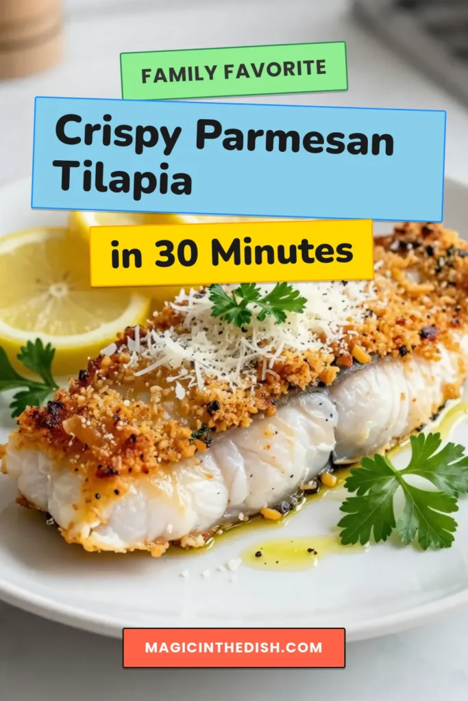 Try this delicious Parmesan herb crusted tilapia for your next easy tilapia dinner! This baked tilapia recipe features crunchy tilapia fillets coated with a flavorful blend of Parmesan cheese, herbs, and panko breadcrumbs. Perfect for a healthy fish recipe, it's ready in just 30 minutes! Save this recipe for an effortless weeknight meal full of flavor and crunch. #HealthyRecipes #Tilapia #FishDinner #EasyMeals