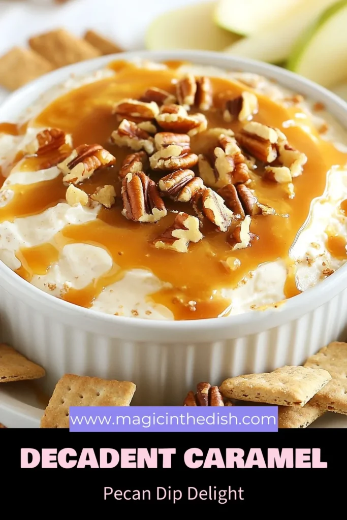 Indulge in this delicious Caramel Pecan Cheesecake Dip, an easy dessert dip recipe perfect for any occasion. This creamy cheesecake dip combines rich caramel and crunchy pecans for an irresistible sweet dip for graham crackers or fresh apple slices. Best of all, it's a no-bake caramel dip that takes just 15 minutes to prepare! Save this recipe now and treat yourself! #DessertDip #NoBakeDesserts #CaramelPecan #EasyRecipes