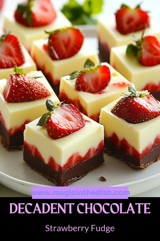 Indulge in this irresistible Chocolate Dipped Strawberry Fudge, an easy chocolate fudge recipe that requires no baking! Perfect for those craving a strawberry dessert, this treat layers semi-sweet and white chocolate fudge with fresh strawberries for a delightful finish. Create this no-bake fudge dessert in just 15 minutes! Save it now and wow your friends! #ChocolateFudge #StrawberryDessert #NoBakeDesserts #EasyRecipes