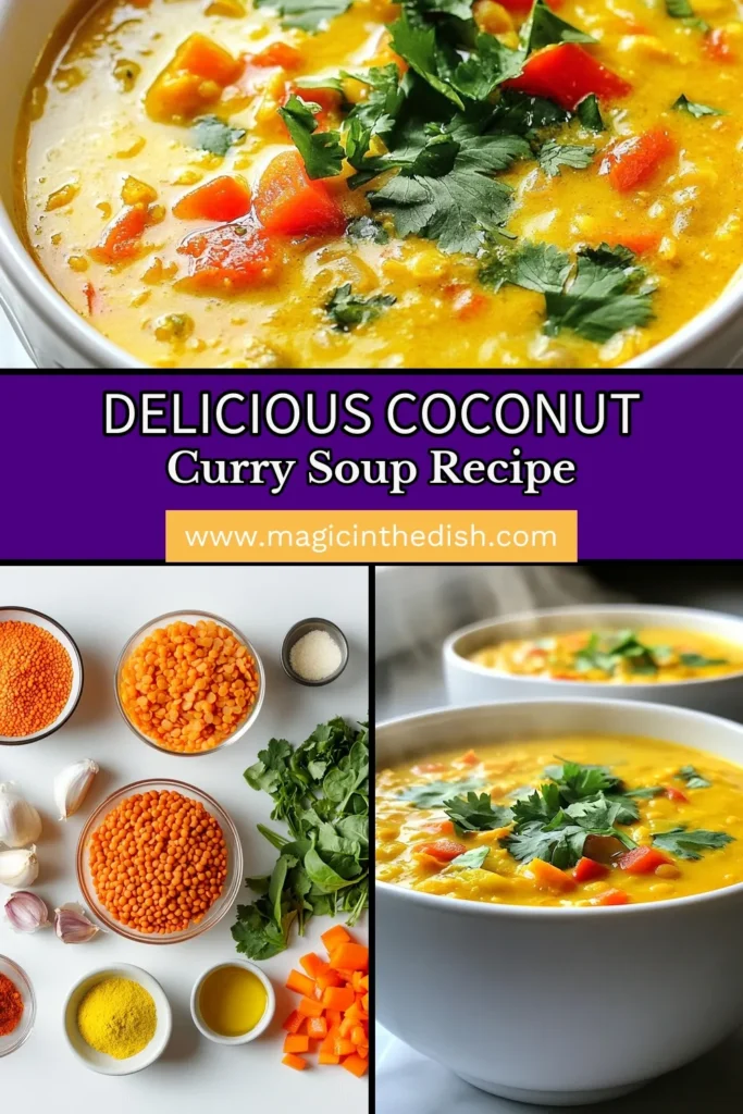 Looking for a delicious and nutritious meal? Try this Coconut Curry Lentil Soup! This vegan lentil soup recipe features creamy red lentil soup with coconut milk, making it a healthy curry soup option that's satisfying and easy to prepare. Packed with vegetables, this easy vegetable soup recipe is perfect for a cozy night in. Save this recipe and enjoy a bowl of warmth and flavor. #CoconutCurryLentilSoup #VeganSoup #HealthyRecipes #CurrySoup