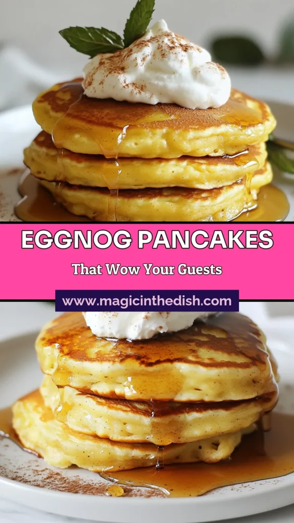 Celebrate the season with these festive eggnog pancakes! This easy eggnog recipe transforms your holiday breakfast into a delightful treat. Perfect for Christmas brunch ideas, these fluffy breakfast pancakes with eggnog are bound to impress your family and friends. Whip up this holiday pancake recipe and delight in a delicious stack topped with maple syrup and whipped cream. Save this recipe for a joyful breakfast experience! #EggnogPancakes #HolidayRecipes #ChristmasBrunch #FestiveBreakfast