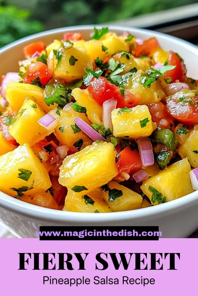 Looking for a zesty twist to brighten your meals? Try this Spicy Pineapple Jalapeño Salsa! This easy salsa recipe combines fresh pineapple, ripe tomatoes, and jalapeños for a tropical salsa with heat. Perfect for pairing with chips or as a topping for grilled meats. Quick to make, it brings a burst of flavor to any dish. Save this jalapeño salsa recipe for your next gathering! #SpicyPineappleSalsa #JalapenoSalsa #FreshPineappleSalsa #EasySalsaRecipe