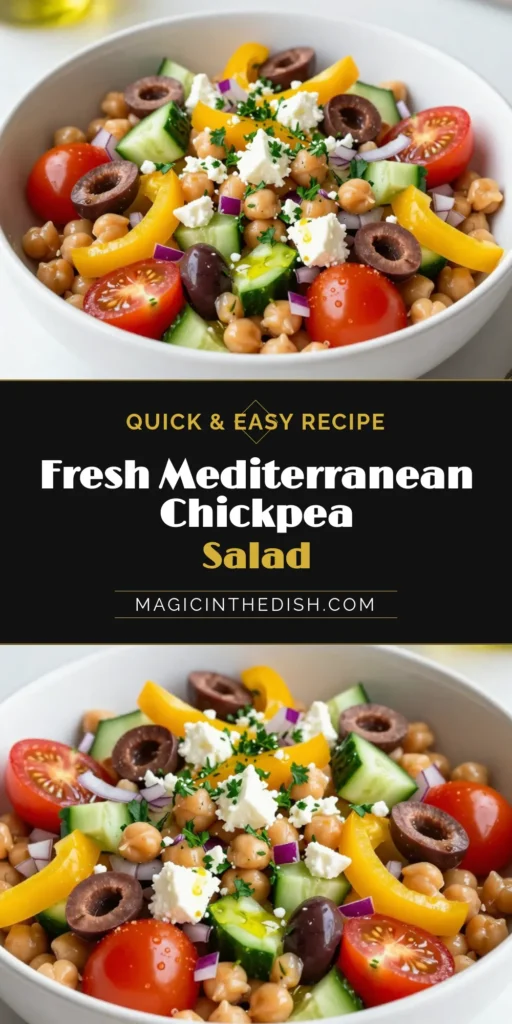 Discover the vibrant flavors of this Mediterranean Chickpea Salad, a must-try in your healthy chickpea recipes collection! This easy Mediterranean salad combines fresh ingredients like cherry tomatoes, cucumbers, and feta, perfect for a vegetarian diet. Quick to prepare, it's a delicious Mediterranean diet salad for any occasion. Impress your family with this tasty recipe today! Save and share! #MediterraneanDiet #ChickpeaSalad #HealthyRecipes #VegetarianSalad