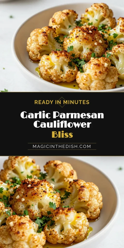 Discover how to make the ultimate roasted garlic cauliflower with this easy roasted vegetable recipe! This Parmesan cauliflower recipe combines the earthy flavors of roasted cauliflower with garlic, creating a healthy cauliflower side dish that’s perfect for any meal. Enjoy tender, flavorful florets topped with melted Parmesan. Save this delicious recipe for your next dinner! #RoastedGarlicCauliflower #ParmesanCauliflower #HealthySideDish #EasyVegetableRecipe