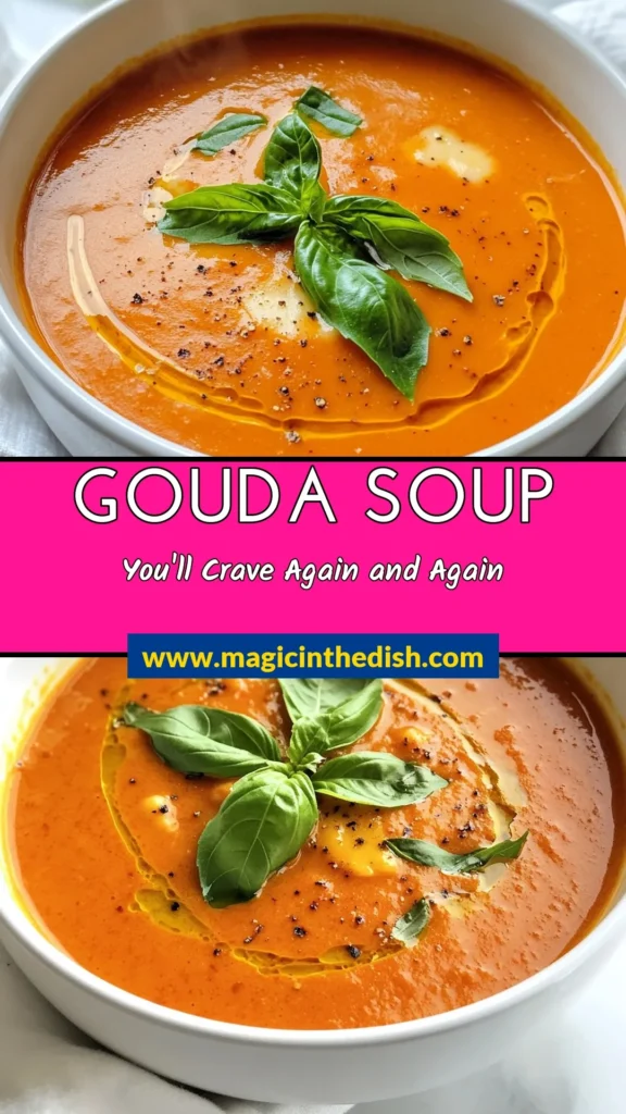 Discover the deliciousness of Roasted Red Pepper Gouda Soup! This creamy vegetable soup is packed with flavor and features Gouda cheese for a rich twist. Perfect for those seeking easy soup recipes and healthy soup ideas, this comforting dish will warm your soul. Try it today and enjoy a delightful meal in no time! Save this recipe for your next cooking adventure! #RoastedRedPepperSoup #GoudaCheeseRecipes #EasySoupRecipes #HealthySoupIdeas