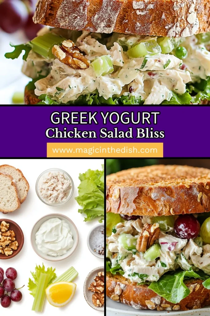Looking for a deliciously healthy lunch idea? Try this Greek yogurt chicken salad sandwich recipe! Made with tender shredded chicken, creamy Greek yogurt, and crunchy veggies, this healthy chicken salad is perfect on whole grain bread or wraps. Enjoy a simple, flavorful meal that you can whip up in just 30 minutes. Save this Greek yogurt recipe for a tasty, nutritious twist on lunch! #GreekYogurtChickenSalad #HealthyChickenSalad #ChickenSaladSandwich #WholeGrainRecipes