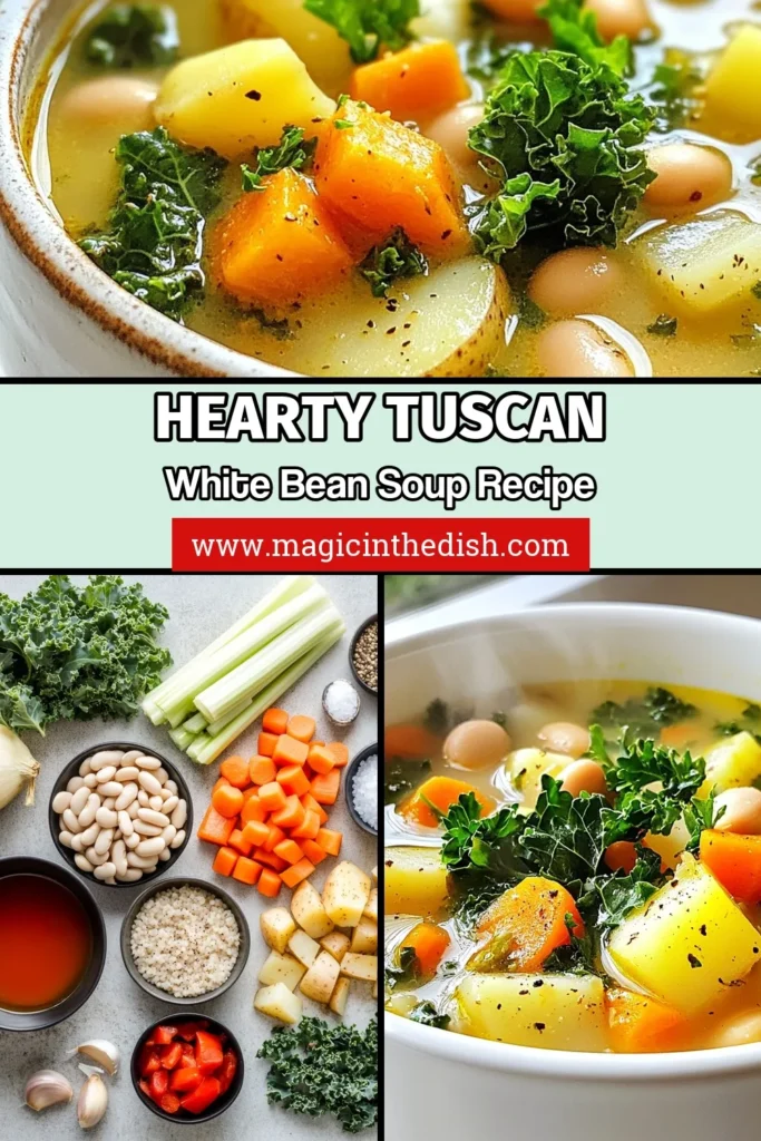 Savor the flavors of this Tuscan white bean soup, a wholesome hearty vegetarian soup perfect for any day. Packed with nutritious cannellini beans, fresh kale, and savory vegetable broth, this kale soup recipe is both filling and delicious. Ideal for a cozy dinner, this vegetable broth soup will warm you up and delight your taste buds. Try this easy recipe today and bring Tuscany to your table! Save it now for your next meal inspiration! #TuscanWhiteBeanSoup #HeartyVegetarianSoup #KaleSoupRecipe #CannelliniBeanSoup