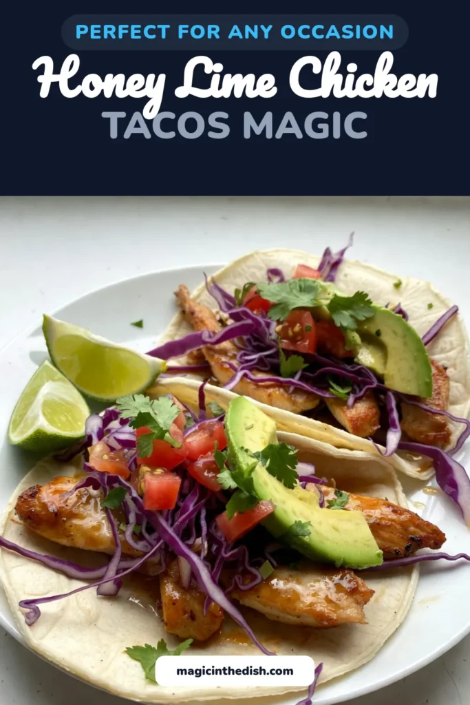 Savor the flavors of these honey lime chicken tacos! This easy chicken taco recipe is perfect for a weeknight meal. Marinated chicken tacos are bursting with zesty goodness and topped with healthy taco toppings like fresh avocado, tomatoes, and crispy cabbage. Try this lime chicken recipe that’s quick to prepare and sure to impress. Don’t forget to save this recipe for your next taco night! #HoneyLimeChickenTacos #EasyTacoRecipe #HealthyTacoToppings #MarinatedChickenTacos