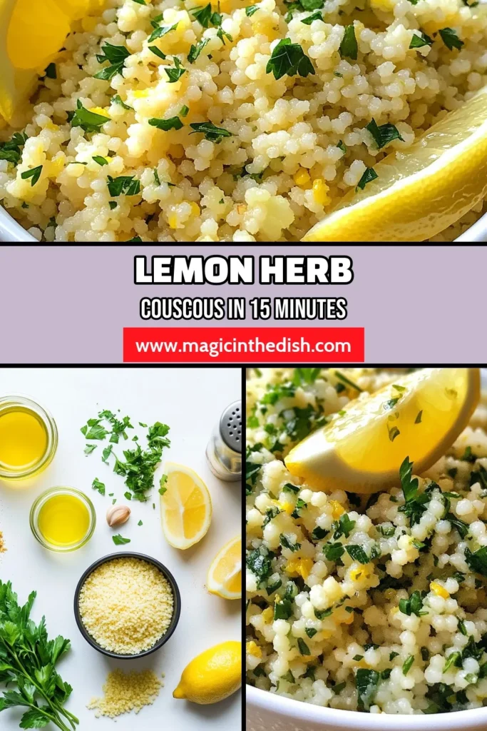 Discover the ultimate Lemon Herb Couscous recipe that’s perfect for any meal. This zesty couscous salad is made with fresh parsley and mint, creating a refreshing combination. Enjoy this easy couscous side dish ready in just 15 minutes using flavorful vegetable broth. Elevate your dining experience with vibrant flavors! Save this delightful dish for your next gathering. #CouscousRecipe #HealthyEating #VegetarianRecipes #CookingTips